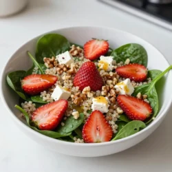 To make a tasty Strawberry Spinach Quinoa Salad, gather these ingredients: - 1 cup quinoa, rinsed - 2 cups water - 4 cups fresh baby spinach, washed and dried - 1 cup strawberries, hulled and sliced - 1/2 cup feta cheese, crumbled - 1/4 cup walnuts, chopped - 1/4 cup red onion, thinly sliced - 1/4 cup orange juice - 2 tablespoons olive oil - 1 tablespoon honey (or maple syrup for vegan option) - Salt and pepper to taste Each ingredient in this salad brings great nutrition. Quinoa is a complete protein. It helps build muscle and keeps you full. Spinach is rich in iron and vitamins A and C. It supports your immune system. Strawberries are high in vitamin C and antioxidants. They add a sweet touch and help fight inflammation. Feta cheese adds calcium and protein, while walnuts provide healthy fats and fiber. Each bite is not only delicious but also healthy. If you want to change things up, you have options. Use brown rice instead of quinoa for a different grain. For a nut-free version, skip the walnuts or add sunflower seeds instead. You can use goat cheese in place of feta cheese for a tangy flavor. If you need a vegan option, swap honey for maple syrup. This makes the salad friendly for all diets. {{ingredient_image_1}} To cook quinoa, start by bringing 2 cups of water to a boil in a medium pot. Once boiling, add 1 cup of rinsed quinoa. Rinsing helps remove the bitter coating called saponin. After adding the quinoa, lower the heat and cover the pot. Let it simmer for about 15 minutes. You know it's done when the grains are fluffy and the water is gone. After cooking, take the pot off the heat and let it cool. This step is key to making sure your salad is fresh and not soggy. For the dressing, grab a small bowl. Combine 1/4 cup of orange juice, 2 tablespoons of olive oil, and 1 tablespoon of honey. You can swap the honey for maple syrup if you want a vegan option. Add salt and pepper to taste. Whisk everything together until it’s smooth. This dressing gives the salad a bright flavor. Adjust the seasoning if needed. A good dressing can really elevate your dish! In a large bowl, mix your cooked quinoa, 4 cups of fresh baby spinach, and 1 cup of sliced strawberries. Add in 1/2 cup of crumbled feta cheese, 1/4 cup of chopped walnuts, and 1/4 cup of thinly sliced red onion. Drizzle the dressing over the salad. Toss everything gently to combine. Be careful not to mash the strawberries; you want them whole for that burst of flavor. Let the salad sit for about 10 minutes before serving. This helps the flavors meld together. For a nice touch, serve the salad in a shallow bowl. Garnish with extra strawberries and walnuts for a beautiful look. Enjoy your fresh and flavorful Strawberry Spinach Quinoa Salad! Rinsing quinoa is key to a great texture. It removes the bitter coating called saponin. Use a fine mesh strainer for best results. Rinse under cold water for about 2 minutes. Swirl the quinoa gently to help wash away the saponin. This step truly makes a difference in flavor. To keep your salad fresh, store it in an airtight container. Add the dressing just before serving. This keeps the greens crisp and the quinoa fluffy. You can also layer the ingredients. Place the quinoa at the bottom, then add spinach, strawberries, and cheese. This method helps keep everything fresh. This salad shines at picnics and barbecues. Serve it as a light lunch or dinner. It pairs well with grilled chicken or fish. For a brunch, add a poached egg on top. You can also serve it as a side dish for holiday meals. The bright colors make it festive and attractive. Pro Tips Use Fresh Ingredients: Always opt for fresh spinach and strawberries for the best flavor and texture in your salad. Chill the Quinoa: Let the cooked quinoa cool down completely before adding it to the salad to prevent wilting the spinach. Customize Your Nuts: Feel free to substitute walnuts with other nuts like pecans or almonds for a different flavor profile. Make Ahead: Prepare the salad a few hours in advance; just keep the dressing separate until serving to maintain freshness. {{image_2}} You can add protein to your salad for extra energy. Grilled chicken works great here. Simply slice it and mix it in. If you prefer a plant-based option, tofu is perfect. Press it, cube it, and sauté until golden. Both options will make your salad more filling and satisfying. For a vegan twist, swap honey for maple syrup. It adds sweetness without any animal products. Use the same amount, one tablespoon, in your dressing. This keeps the flavor rich and delicious while catering to vegan diets. You can switch up the fruits based on what’s in season. Try ripe peaches in summer or crisp apples in fall. Each fruit adds new flavors and textures. Experimenting with fruits can keep the salad fresh and exciting every time you make it! To keep your salad fresh, store it in an airtight container. Make sure to separate the dressing. This way, the salad will not get soggy. Place the quinoa salad in the fridge. It stays tasty and safe to eat. The salad lasts for about three days in the fridge. After that, the spinach may wilt. The strawberries can lose their sweet crunch, too. Always check for any signs of spoilage before eating. Quinoa is best served cold or at room temperature. If you want warm quinoa, heat it gently. Use the microwave in short bursts, stirring in between. Avoid boiling it again, as that can change the texture. Yes, you can make this salad ahead. I suggest preparing the quinoa, washing the spinach, and slicing the strawberries in advance. Store them in separate containers to keep them fresh. You can mix everything just before serving. This way, your salad stays crisp and bright. Feel free to customize your salad! Some great additions include: - Grilled chicken or tofu for protein - Avocado for creaminess - Other fruits like blueberries or raspberries - Seeds like pumpkin or sunflower for crunch - Different nuts like almonds or pecans for flavor To make the dressing vegan, simply swap honey for maple syrup. This keeps it sweet and plant-based. Mix the maple syrup with the other dressing ingredients, and you’re good to go! You learned about key ingredients and their benefits. I shared how to cook quinoa and make dressing. I offered tips for keeping your salad fresh and gave serving ideas. You can add protein or fruit to make it your own. Remember to store leftovers correctly and check the FAQs for extra help. This recipe can fit your needs and tastes. Enjoy making your salads fun and healthy!