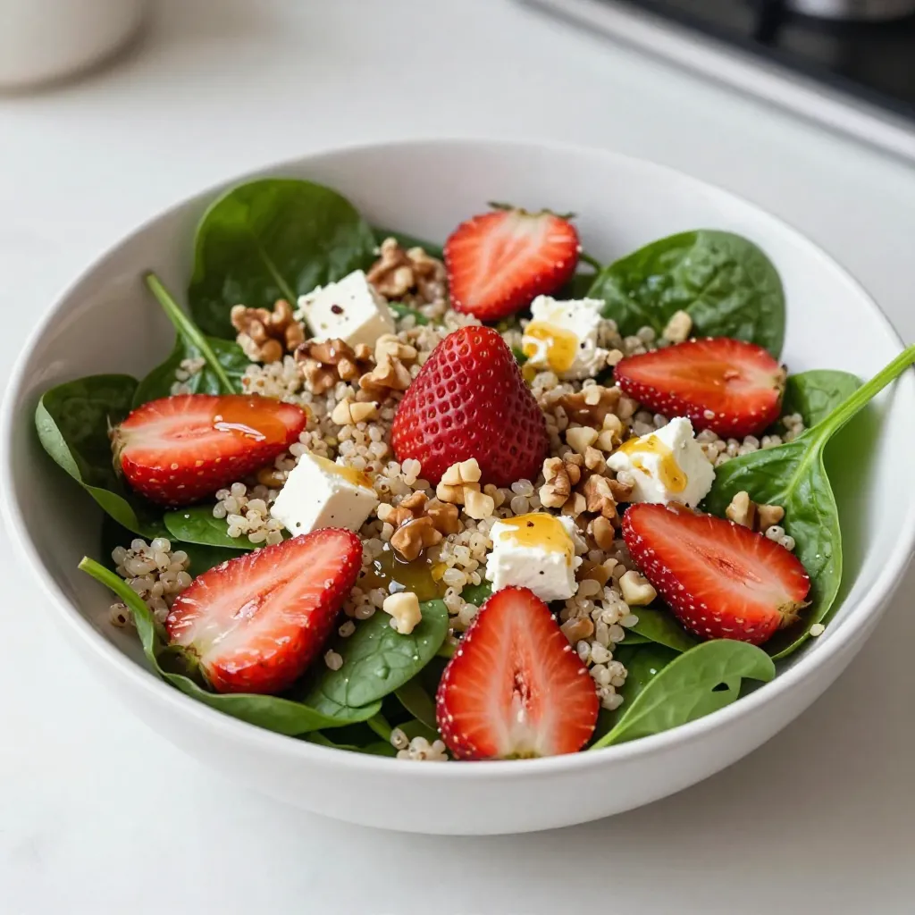 To make a tasty Strawberry Spinach Quinoa Salad, gather these ingredients: - 1 cup quinoa, rinsed - 2 cups water - 4 cups fresh baby spinach, washed and dried - 1 cup strawberries, hulled and sliced - 1/2 cup feta cheese, crumbled - 1/4 cup walnuts, chopped - 1/4 cup red onion, thinly sliced - 1/4 cup orange juice - 2 tablespoons olive oil - 1 tablespoon honey (or maple syrup for vegan option) - Salt and pepper to taste Each ingredient in this salad brings great nutrition. Quinoa is a complete protein. It helps build muscle and keeps you full. Spinach is rich in iron and vitamins A and C. It supports your immune system. Strawberries are high in vitamin C and antioxidants. They add a sweet touch and help fight inflammation. Feta cheese adds calcium and protein, while walnuts provide healthy fats and fiber. Each bite is not only delicious but also healthy. If you want to change things up, you have options. Use brown rice instead of quinoa for a different grain. For a nut-free version, skip the walnuts or add sunflower seeds instead. You can use goat cheese in place of feta cheese for a tangy flavor. If you need a vegan option, swap honey for maple syrup. This makes the salad friendly for all diets. {{ingredient_image_1}} To cook quinoa, start by bringing 2 cups of water to a boil in a medium pot. Once boiling, add 1 cup of rinsed quinoa. Rinsing helps remove the bitter coating called saponin. After adding the quinoa, lower the heat and cover the pot. Let it simmer for about 15 minutes. You know it's done when the grains are fluffy and the water is gone. After cooking, take the pot off the heat and let it cool. This step is key to making sure your salad is fresh and not soggy. For the dressing, grab a small bowl. Combine 1/4 cup of orange juice, 2 tablespoons of olive oil, and 1 tablespoon of honey. You can swap the honey for maple syrup if you want a vegan option. Add salt and pepper to taste. Whisk everything together until it’s smooth. This dressing gives the salad a bright flavor. Adjust the seasoning if needed. A good dressing can really elevate your dish! In a large bowl, mix your cooked quinoa, 4 cups of fresh baby spinach, and 1 cup of sliced strawberries. Add in 1/2 cup of crumbled feta cheese, 1/4 cup of chopped walnuts, and 1/4 cup of thinly sliced red onion. Drizzle the dressing over the salad. Toss everything gently to combine. Be careful not to mash the strawberries; you want them whole for that burst of flavor. Let the salad sit for about 10 minutes before serving. This helps the flavors meld together. For a nice touch, serve the salad in a shallow bowl. Garnish with extra strawberries and walnuts for a beautiful look. Enjoy your fresh and flavorful Strawberry Spinach Quinoa Salad! Rinsing quinoa is key to a great texture. It removes the bitter coating called saponin. Use a fine mesh strainer for best results. Rinse under cold water for about 2 minutes. Swirl the quinoa gently to help wash away the saponin. This step truly makes a difference in flavor. To keep your salad fresh, store it in an airtight container. Add the dressing just before serving. This keeps the greens crisp and the quinoa fluffy. You can also layer the ingredients. Place the quinoa at the bottom, then add spinach, strawberries, and cheese. This method helps keep everything fresh. This salad shines at picnics and barbecues. Serve it as a light lunch or dinner. It pairs well with grilled chicken or fish. For a brunch, add a poached egg on top. You can also serve it as a side dish for holiday meals. The bright colors make it festive and attractive. Pro Tips Use Fresh Ingredients: Always opt for fresh spinach and strawberries for the best flavor and texture in your salad. Chill the Quinoa: Let the cooked quinoa cool down completely before adding it to the salad to prevent wilting the spinach. Customize Your Nuts: Feel free to substitute walnuts with other nuts like pecans or almonds for a different flavor profile. Make Ahead: Prepare the salad a few hours in advance; just keep the dressing separate until serving to maintain freshness. {{image_2}} You can add protein to your salad for extra energy. Grilled chicken works great here. Simply slice it and mix it in. If you prefer a plant-based option, tofu is perfect. Press it, cube it, and sauté until golden. Both options will make your salad more filling and satisfying. For a vegan twist, swap honey for maple syrup. It adds sweetness without any animal products. Use the same amount, one tablespoon, in your dressing. This keeps the flavor rich and delicious while catering to vegan diets. You can switch up the fruits based on what’s in season. Try ripe peaches in summer or crisp apples in fall. Each fruit adds new flavors and textures. Experimenting with fruits can keep the salad fresh and exciting every time you make it! To keep your salad fresh, store it in an airtight container. Make sure to separate the dressing. This way, the salad will not get soggy. Place the quinoa salad in the fridge. It stays tasty and safe to eat. The salad lasts for about three days in the fridge. After that, the spinach may wilt. The strawberries can lose their sweet crunch, too. Always check for any signs of spoilage before eating. Quinoa is best served cold or at room temperature. If you want warm quinoa, heat it gently. Use the microwave in short bursts, stirring in between. Avoid boiling it again, as that can change the texture. Yes, you can make this salad ahead. I suggest preparing the quinoa, washing the spinach, and slicing the strawberries in advance. Store them in separate containers to keep them fresh. You can mix everything just before serving. This way, your salad stays crisp and bright. Feel free to customize your salad! Some great additions include: - Grilled chicken or tofu for protein - Avocado for creaminess - Other fruits like blueberries or raspberries - Seeds like pumpkin or sunflower for crunch - Different nuts like almonds or pecans for flavor To make the dressing vegan, simply swap honey for maple syrup. This keeps it sweet and plant-based. Mix the maple syrup with the other dressing ingredients, and you’re good to go! You learned about key ingredients and their benefits. I shared how to cook quinoa and make dressing. I offered tips for keeping your salad fresh and gave serving ideas. You can add protein or fruit to make it your own. Remember to store leftovers correctly and check the FAQs for extra help. This recipe can fit your needs and tastes. Enjoy making your salads fun and healthy!