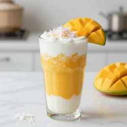 - 1 ripe mango, peeled and diced - 1 cup coconut milk (canned or carton) - 1/2 cup Greek yogurt (or coconut yogurt for a dairy-free option) - 1 tablespoon honey or maple syrup (adjust to taste) - 1/2 teaspoon vanilla extract - 1/4 cup shredded coconut (unsweetened) - 1/2 cup ice cubes (optional, for a chilled smoothie) The main ingredients in this Mango Coconut Smoothie offer a tropical taste. The ripe mango is sweet and juicy. Coconut milk adds creaminess and flavor. Greek yogurt gives protein and thickness; coconut yogurt works too. Honey or maple syrup adds sweetness, while vanilla extract enhances flavor. Shredded coconut gives texture and a lovely touch. Ice cubes chill the drink, making it refreshing. - Caloric content per serving: About 250 calories. - Macronutrients breakdown: Roughly 35g carbs, 10g fats, and 5g proteins. - Vitamins and minerals: This smoothie is rich in vitamin C, vitamin A, and potassium. The calories come mainly from fruit and yogurt. Carbs from mango and honey provide energy. Fats from coconut milk and yogurt offer healthy fats. The vitamins and minerals boost your immune system and support overall health. {{ingredient_image_1}} - Peeling and Dicing the Mango Start with a ripe mango. Cut off the skin using a knife. Slice the mango around the pit. Dice the flesh into small pieces. This makes it easier to blend. - Selecting Coconut Milk Type You can use canned or carton coconut milk. Canned coconut milk is richer and creamier. Carton coconut milk is lighter. Choose based on your taste. - Measuring Yogurt and Other Ingredients Measure out 1/2 cup of Greek yogurt. If you're dairy-free, use coconut yogurt. Get 1 tablespoon of honey or maple syrup. This adds sweetness. Don’t forget 1/4 cup of shredded coconut! - Combining Ingredients in the Blender In your blender, add the diced mango, coconut milk, yogurt, honey, vanilla extract, and shredded coconut. If you like it chilled, add 1/2 cup of ice cubes. - Blending Tips for Smooth Consistency Blend on high for 1-2 minutes. Stop when the mix is smooth and creamy. Taste it. If you want it sweeter, add more honey or syrup. Blend briefly again to mix. - Ideal Glassware for Presentation Pour your smoothie into tall glasses. This makes it look nice and inviting. - Garnishing Options Top each smoothie with a sprinkle of shredded coconut. Add a slice of mango on the rim for a pretty touch. This makes it look fresh and fun! To get the right thickness for your smoothie, adjust the ingredient ratios. If you want a thicker smoothie, use less coconut milk or add more Greek yogurt. For a thinner smoothie, add extra coconut milk or a splash of water. This way, you control how your drink feels. Taste your smoothie before serving. If it’s not sweet enough, add honey or maple syrup. Start with one tablespoon and blend again. You can also try other sweeteners like agave syrup or stevia for different diets. Each sweetener gives a unique flavor, so experiment to find your favorite. The best blenders for smoothies are high-speed models. They blend fruits and yogurt smoothly. Brands like Vitamix and Ninja do a great job. After blending, clean your blender right away. Fill it with warm water and a few drops of soap. Blend for a few seconds, then rinse. This keeps your blender fresh and ready for the next smoothie! Pro Tips Use a Ripe Mango: A ripe mango will provide the best sweetness and flavor for your smoothie. Look for mangoes that give slightly when pressed and have a fragrant aroma. Chill Your Ingredients: For an extra refreshing smoothie, chill your coconut milk and yogurt in advance. This will help to create a cooler, creamier texture without the need for ice. Adjust Sweetness to Taste: Depending on the ripeness of your mango, you may need to adjust the sweetness. Start with less honey or maple syrup and add more as desired after blending. Add Greens for Extra Nutrition: If you want to boost the nutritional value of your smoothie, consider adding a handful of spinach or kale. They blend well and won’t alter the tropical flavor significantly. {{image_2}} You can easily make this smoothie dairy-free. Simply swap Greek yogurt for coconut yogurt. This keeps the creamy texture and adds more coconut flavor. For milk, use plant-based options like almond or oat milk. Both add a nice twist without dairy. Want to boost nutrition? Consider adding protein powder. It will help keep you full longer. You can also mix in greens like spinach or kale. These add vitamins without changing the taste much. Just a handful works great! Feel free to get creative with fruits! You can use other tropical fruits like pineapple or banana. They blend well and add unique flavors. For a berry twist, add strawberries or blueberries. These fruits also give added color and nutrients. To keep your mango coconut smoothie fresh, store it in an airtight jar. This helps prevent air from spoiling the taste. If you don’t have a jar, use a covered bowl. Always place it in the fridge. Smoothies can last up to two days this way. If you want to save it longer, freezing is a good option. Pour it into ice cube trays or freezer bags. Just remember to leave space for expansion. I recommend drinking your smoothie within 24 hours for the best taste and nutrients. After this time, the freshness decreases. Look for changes in color and smell. If it smells sour or looks off, it’s time to toss it. Trust your senses; they are usually right. To make quick smoothies, prep your ingredients ahead of time. Chop your mango and store it in the fridge. You can also mix the dry ingredients in a bag. This way, all you need to do is add wet items and blend. Batch making is smart. Prepare several servings at once. Store them in the fridge or freezer for busy days. Just blend and enjoy! Yes, you can use frozen mango. Frozen mango is easy to find and very convenient. It is picked at its peak ripeness. This means it often tastes just as good as fresh mango. Plus, using frozen mango can make your smoothie extra cold and refreshing. It saves time since you don’t need to peel or dice it. Just toss it in the blender and blend away! This smoothie can be a good choice for weight loss. It has healthy ingredients and is low in calories. One serving has about 200-250 calories, depending on your choices. The Greek yogurt adds protein, which helps you feel full longer. The fiber from mango and coconut also keeps you satisfied. This means you might eat less later on, which is great for weight loss! To make this smoothie vegan, swap out a few ingredients. Use coconut yogurt instead of Greek yogurt. This keeps the creaminess without dairy. For the sweetener, use maple syrup instead of honey. Both changes keep the smoothie tasty and vegan-friendly. You won’t lose any flavor, and you can enjoy it just the same! This blog post covered how to make a tasty mango smoothie. We discussed main ingredients, steps to prepare, and tips to get the right consistency. Variations and storage options were also included for convenience and freshness. In conclusion, this smoothie is a fun and healthy treat. You can customize it to fit your needs, making it enjoyable any time. Remember to experiment and find your perfect blend!