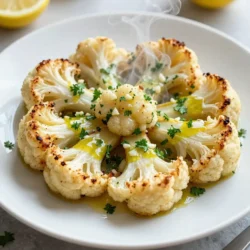 - 1 large head of cauliflower - 3 tablespoons olive oil - 2 tablespoons lemon juice - 1 teaspoon lemon zest - 2 cloves garlic, minced - 1 teaspoon dried thyme - 1 teaspoon dried oregano - 1/2 teaspoon red pepper flakes (optional) - Salt and pepper to taste - Fresh parsley, chopped (for garnish) To make lemon herb roasted cauliflower steaks, you need a few simple items. First, grab a large head of cauliflower. This veggie is the star of the dish. You will also want olive oil, lemon juice, and lemon zest. These ingredients add brightness and flavor. Don't forget garlic! Minced garlic packs a punch. For herbs, use dried thyme and oregano. They bring warmth to the dish. If you like a little heat, add red pepper flakes. Finally, salt and pepper will help enhance all the flavors. For a pretty touch, fresh parsley is great for garnish. It makes the dish look fresh and vibrant. Gather these ingredients, and you are ready to create a tasty meal! {{ingredient_image_1}} - Preheating the oven: Start by preheating your oven to 425°F (220°C). This high heat helps to get a nice roast on the cauliflower. - Preparing the cauliflower: Take a large head of cauliflower. Remove the leaves and place it upside down on a cutting board. With a sharp knife, cut through the center. This creates two halves. Now, cut each half into 1-inch thick steaks. You should have about 4 to 6 steaks. - Mixing the lemon herb marinade: In a small bowl, mix 3 tablespoons of olive oil, 2 tablespoons of lemon juice, and 1 teaspoon of lemon zest. Add in 2 cloves of minced garlic, 1 teaspoon of dried thyme, and 1 teaspoon of dried oregano. If you like some heat, toss in 1/2 teaspoon of red pepper flakes. Season this with salt and pepper to taste. Whisk it all until well blended. - Arranging the steaks on the baking sheet: Place the cauliflower steaks on a baking sheet lined with parchment paper. This makes for easy cleanup and helps the steaks roast evenly. - Brushing with marinade: Take the lemon herb mixture and brush it generously on both sides of the cauliflower steaks. This adds great flavor. - Roasting times and flipping technique: Put the baking sheet in the oven and roast the steaks for 25 to 30 minutes. Remember to flip the steaks halfway through. This helps them brown evenly and become tender. When done, they should be golden brown and soft to the touch. To roast cauliflower steaks well, set your oven to 425°F. This high heat gives the best results. Roast for 25 to 30 minutes. Flip the steaks halfway for even cooking. For a perfect golden color, brush the steaks with the lemon herb mix. This adds flavor and helps them brown. Keep an eye on them. You want a nice, deep golden hue without burning. You can change the taste by adding different herbs and spices. Try basil, rosemary, or even some cumin. Each herb brings its own unique flavor. If you like heat, add red pepper flakes. They give a nice kick. Adjust the amount to fit your taste. Start with a little, then add more if you want. Pro Tips Choose the Right Cauliflower: Opt for a large, fresh head of cauliflower with tight florets and no brown spots for the best flavor and texture. Season Generously: Don't skimp on the lemon herb mixture. Make sure to coat both sides of the steaks well for maximum flavor. Check for Doneness: The cooking time can vary based on the thickness of the steaks. Check for golden brown edges and tenderness when pierced with a fork. Experiment with Herbs: Feel free to mix and match herbs according to your taste. Fresh herbs like rosemary or basil can also add a delightful twist. {{image_2}} You can pair lemon herb roasted cauliflower steaks with many side dishes. Some great options include: - Quinoa salad - Grilled asparagus - Couscous with veggies - Garlic mashed potatoes These sides add flavor and balance to the meal. If you want to add more taste, try dips and sauces. Some tasty ideas are: - Hummus - Tahini sauce - Garlic aioli - Tzatziki These dips enhance the dish and provide different flavors to enjoy. If you want to try something new, use other vegetables for roasting. Here are some excellent options: - Eggplant - Zucchini - Portobello mushrooms - Broccoli Each of these veggies brings a unique taste and texture. If you want a smooth option, make a cauliflower mash. To make a mash, steam the cauliflower until tender. Then, blend it with olive oil, garlic, and lemon juice. This mash is creamy and delicious. Experiment with these variations to find your favorite way to enjoy this dish! To keep your lemon herb roasted cauliflower steaks fresh, store them in the fridge. Use an airtight container to prevent moisture loss. They can stay good for about 3 to 5 days. If you want to keep them longer, freezing is a great option. Wrap each steak in plastic wrap and place them in a freezer bag. This way, they can last for up to 3 months. When it’s time to reheat, the best method is using an oven. Preheat your oven to 350°F (175°C). Place the cauliflower steaks on a baking sheet and heat for about 10 to 15 minutes. This method helps maintain their flavor and texture. If you’re short on time, you can also use a microwave. Just heat for 1 to 2 minutes, but keep in mind that they might lose some crunch. Leftovers from this dish can last in the fridge for about 3 to 5 days. Always check for signs of spoilage before eating. Look for any off smells, discoloration, or a slimy texture. If you notice any of these signs, it’s best to throw the leftovers away. When properly stored, frozen cauliflower steaks can last up to 3 months. Just remember to label your bag with the date so you can keep track. Can I make this recipe vegan? Yes, this recipe is already vegan! It uses only plant-based ingredients. You can enjoy the rich flavors without any animal products. What sides pair well with lemon herb roasted cauliflower steaks? Many sides go great with this dish. Try pairing it with: - Quinoa salad - Roasted potatoes - Garlic bread - Steamed green beans These options add color and texture to your meal. Can I use fresh herbs instead of dried? Absolutely! Fresh herbs give a bright flavor. Use three times the amount of fresh herbs. For instance, use 1 tablespoon of fresh thyme instead of 1 teaspoon of dried thyme. How do I cut cauliflower steaks properly? Start by trimming the leaves off the cauliflower. Place it upside down on a cutting board. Slice it in half through the stem. Then, cut each half into 1-inch thick slices. This method creates sturdy steaks. This blog post covered how to make lemon herb roasted cauliflower steaks. We talked about ingredients, step-by-step instructions, and helpful tips for perfect results. You can also try different herbs and spices to change the flavor. Remember to store leftovers properly for the best taste later. Experiment with other veggies or create a cauliflower mash for variety. Roasting can be easy and fun. Enjoy your cooking journey and the tasty meals you create along the way!