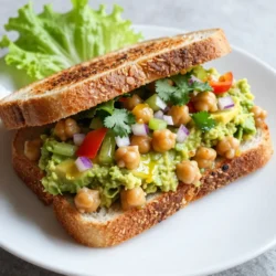 - 1 can of chickpeas - 1 ripe avocado - Fresh vegetables (red onion, celery, bell pepper) You need a can of chickpeas for this salad. Rinse and drain them well. The chickpeas bring a nice protein boost. Next, grab a ripe avocado. It adds creaminess and healthy fats. Finely chop some fresh veggies like red onion, celery, and bell pepper. These give the salad a nice crunch and color. - Fresh cilantro - Lemon juice - Garlic powder - Salt and pepper For flavor, you’ll want fresh cilantro. It adds a bright, fresh taste. Squeeze some lemon juice in there. This adds zing and helps keep the avocado green. Don’t forget garlic powder, salt, and pepper. These simple seasonings tie everything together nicely. - Whole grain bread - Lettuce leaves (optional) For the bread, choose whole grain. It’s hearty and full of fiber. You can use lettuce leaves if you want a lighter option. They add crunch and freshness to your meal. Serve this tasty salad between slices of toasted bread or wrapped in lettuce. {{ingredient_image_1}} - Rinse and drain chickpeas. Start with one can of chickpeas, about 15 ounces. - Use a fork or potato masher to partially mash them. Leave some whole for fun texture. - In a big bowl, combine the mashed avocado and chickpeas. This gives a creamy base. - Add chopped red onion, celery, and bell pepper. They add crunch and flavor. - Toss in fresh cilantro for a burst of green. - Squeeze in lemon juice. It brightens the taste. - Season with garlic powder, salt, and pepper. Mix everything well. - Toast four slices of whole grain bread until golden brown. - Place a generous scoop of the chickpea salad on two slices. - Add lettuce leaves if you want extra crunch. - Top with the other slices of bread. - Cut the sandwiches in half. Serve right away or pack them for lunch! To get the right consistency, mash the chickpeas enough to blend but leave some whole. This gives a nice texture. You can use a fork or a potato masher. If you want a smoother mix, try a food processor. Just be careful not to overdo it! To boost flavor, consider adding fresh herbs like parsley or dill. You can also mix in spices like cumin or paprika. If you like heat, add some diced jalapeños or a pinch of cayenne. Start small and taste as you go to find your perfect heat level. Pair your sandwich with crunchy veggies like carrot sticks or cucumber slices. A side of fresh fruit adds a sweet touch. This sandwich is great for lunch or a picnic. Serve it at casual gatherings or quick weekday meals. It’s tasty and filling, perfect for any occasion! Pro Tips Use Fresh Ingredients: Fresh vegetables and herbs will enhance the flavor and nutrition of your salad sandwich. Customize Your Veggies: Feel free to swap out the bell pepper or add other ingredients like cucumber or shredded carrots for extra crunch. Storage Tips: If making in advance, store the salad mixture separately from the bread to keep it fresh and prevent sogginess. Make It Spicy: Add a pinch of cayenne pepper or some chopped jalapeños for a spicy kick that complements the creaminess of the avocado. {{image_2}} You can change the chickpeas for other legumes, like black beans or lentils. These swaps add new flavors and textures. Each legume brings its own taste, making the sandwich unique. For a creamy base, you can swap the avocado with hummus or a nut butter. These spreads give a different taste and can be fun to try. If you need gluten-free options, look for gluten-free bread. Many brands offer tasty alternatives that fit your diet. For vegan choices, you can use plant-based spreads instead of mayonnaise or cheese. Check labels to ensure they fit your dietary needs. Many options exist that taste great and keep the meal healthy. Adding cheese can enhance the flavor of your sandwich. Try feta or goat cheese for a tangy twist. You can also spread a layer of pesto or a spicy aioli for a kick. When it comes to lettuce, try different types like spinach or arugula. Each type adds a new crunch and flavor, making your sandwich more exciting. Let your creativity shine with these topping ideas! The chickpea avocado salad lasts about 3 days in the fridge. To store it, keep the salad mixture in an airtight container. This helps lock in freshness. If you want to keep the bread from getting soggy, store it separately. Only assemble the sandwich when you're ready to eat. You can freeze the chickpea salad, but it works best without the avocado. To freeze, place the salad in a freezer-safe container. Make sure to leave some space for expansion. When you’re ready to eat, thaw it overnight in the fridge. Once thawed, mix in fresh avocado before serving. To refresh the sandwich after refrigeration, add a bit more lemon juice. This brightens the flavors. If the texture feels off, mash the salad a bit more. For best results, assemble the sandwich just before serving. Enjoy the crunch of fresh bread and crisp lettuce for a delightful bite! To make a chickpea avocado salad, follow these simple steps: 1. Drain and Rinse: Start by draining and rinsing one can of chickpeas. 2. Mash Chickpeas: In a bowl, partially mash the chickpeas with a fork or potato masher. Leave some whole for a nice texture. 3. Add Avocado: Next, mash one ripe avocado and mix it into the chickpeas. 4. Mix in Veggies: Chop 1/4 cup each of red onion, celery, and bell pepper. Stir these into the bowl. 5. Season the Mixture: Add 2 tablespoons of chopped cilantro, 1 tablespoon of lemon juice, and 1 teaspoon of garlic powder. Season with salt and pepper to taste. 6. Toast the Bread: While mixing, toast 4 slices of whole grain bread until golden brown. 7. Assemble the Sandwich: Spread the chickpea avocado salad on two slices of toast. Add lettuce if you like, then top with the other slices. This salad is fresh, healthy, and full of flavor. Enjoy! Yes, you can prepare this sandwich ahead of time! Here are some tips for meal prep: - Make the Salad: You can mix the chickpea avocado salad a day in advance. Store it in the fridge in an airtight container. - Keep the Bread Separate: Toast the bread just before serving. This keeps it crunchy. - Add Lettuce Last: If you use lettuce, add it right before you eat. This prevents sogginess. Preparing this sandwich ahead helps you save time on busy days. If you are allergic to avocado or just don’t like it, here are some alternatives: - Hummus: Use hummus for a creamy texture. It adds flavor too. - Greek Yogurt: This can give a tangy taste and creamy feel. - Nut Butter: Peanut or almond butter can work if you want a different twist. These substitutions will change the flavor but still make a tasty sandwich. This blog post explored a tasty and healthy chickpea avocado sandwich. We covered the key ingredients, step-by-step instructions, and useful tips for perfecting the recipe. You can adjust flavors and add variations based on your needs. Remember, you can store this sandwich mixture for later use, making it a great choice for meal prep. Enjoy creating your unique version, and share it with friends and family. Simple, nutritious meals can be fun and satisfying. Happy cooking!