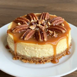 - 1 ½ cups graham cracker crumbs - ½ cup unsalted butter, melted - ¼ cup granulated sugar - 16 oz cream cheese, softened - 1 cup granulated sugar - 3 large eggs - 1 teaspoon vanilla extract - 1 cup sour cream - ½ cup salted caramel sauce (store-bought or homemade) - 1 cup pecans, roughly chopped - 1 cup salted caramel sauce - Sea salt for garnish When I make this salted caramel pecan cheesecake, I start with the crust. The graham cracker crumbs give a nice crunch. Mixing them with melted butter and sugar creates a rich base. Press this mix into a springform pan firmly. Next, I prepare the cheesecake filling. Softened cream cheese is key for a smooth texture. I beat it until creamy, then add sugar. It blends in well, making the filling sweet. Adding eggs one at a time helps keep it smooth. I love adding vanilla and sour cream for added flavor. Finally, the salted caramel sauce brings a deep sweetness. For the topping, I use chopped pecans for crunch and flavor. They add a lovely texture to the rich cheesecake. Drizzling more salted caramel sauce makes it even better. A light sprinkle of sea salt at the end is my favorite touch. It balances the sweetness perfectly. {{ingredient_image_1}} Start by setting your oven to 350°F (175°C). In a bowl, combine 1 ½ cups of graham cracker crumbs, ½ cup of melted unsalted butter, and ¼ cup of granulated sugar. Mix until it's all blended. Press this mixture firmly into the bottom of a 9-inch springform pan. Bake it for 10 minutes. Let it cool while you work on the filling. In a large bowl, take 16 oz of softened cream cheese. Beat it with an electric mixer until it is creamy and smooth. Gradually add 1 cup of granulated sugar while mixing. Next, add 3 large eggs one by one. Mix well after each egg. Then, stir in 1 teaspoon of vanilla extract and 1 cup of sour cream. Blend until it looks smooth. Drizzle in ½ cup of salted caramel sauce and mix gently. Avoid overmixing to keep it light. Pour the cream cheese mixture over the crust in the springform pan. Smooth the top with a spatula to make it nice and even. Bake in the preheated oven for 55 to 60 minutes. The center should be set but still slightly jiggly. Turn off the oven and crack the door. Let the cheesecake cool in the oven for at least an hour. After that, refrigerate it for at least 4 hours or overnight for the best taste. Just before you serve, sprinkle 1 cup of roughly chopped pecans over the top of the chilled cheesecake. Drizzle with 1 cup of salted caramel sauce. For a special touch, lightly sprinkle sea salt on top. This adds a sweet and salty finish that enhances the flavor. To get a creamy cheesecake, start with softened cream cheese. Cold cream cheese can create lumps. Beat the cream cheese until smooth before adding sugar. Mix slowly to keep air out. Air can make the cheesecake puff up and crack. When adding eggs, do it one at a time. This helps keep the texture even. Finally, add sour cream for extra creaminess and flavor. For even baking, preheat your oven to 350°F (175°C). Make sure the cheesecake pan is set on a flat surface. Bake in the center of the oven for best results. Keep the oven door closed while baking. Check the cheesecake at 55 minutes. It should be set but still jiggly in the middle. After baking, crack the oven door for an hour. This gentle cooling helps prevent cracks. To make salted caramel, use a heavy saucepan. Heat sugar on medium until it melts. Stir gently to avoid burning. Once melted, add butter and cream slowly. The mixture will bubble, so be careful! Add sea salt to taste for that perfect sweet and salty balance. Let it cool before using it in the cheesecake. You can use store-bought sauce if you’re short on time. Pro Tips Use Room Temperature Ingredients: Ensure that your cream cheese and eggs are at room temperature before mixing. This helps create a smoother batter and prevents lumps. Don’t Overmix: When adding the caramel sauce, mix just until combined. Overmixing can incorporate too much air, leading to cracks in your cheesecake. Cool Gradually: Allowing the cheesecake to cool in the oven helps it set properly and reduces the chance of cracking. Avoid sudden temperature changes. Chill Overnight: For the best flavor and texture, refrigerate the cheesecake overnight. This allows the flavors to meld beautifully and improves the overall consistency. {{image_2}} If you want a gluten-free crust, you can use almond flour. Simply mix 1 ½ cups of almond flour with ½ cup of melted butter and ¼ cup of sugar. Press this mixture into the pan just like the graham crackers. It gives a nice nutty flavor. You can also use gluten-free cookie crumbs if you prefer. You can add fun flavors to the cheesecake. For chocolate lovers, mix in ½ cup of cocoa powder. This makes your cheesecake rich and chocolatey. You can also sprinkle in a pinch of nutmeg or cinnamon for a warm touch. These spices add a nice twist to the classic taste. While pecans are great, you can try other nuts too. Walnuts or hazelnuts can work well. They add a different crunch and flavor. If you want to get creative, sprinkle some crushed pretzels on top for a sweet and salty mix. Each nut brings its unique taste, so feel free to experiment! To store your salted caramel pecan cheesecake, cover it well. Use plastic wrap or aluminum foil. Keep it in the fridge for up to five days. Always place it in the back of the fridge for the best temperature. This helps maintain its taste and texture. You can freeze your cheesecake for longer storage. First, let it cool completely. Wrap the cheesecake tightly in plastic wrap. Then, place it in an airtight container. This way, it can last up to three months in the freezer. When you're ready to eat, thaw it overnight in the fridge before serving. Reheating cheesecake can change its texture. It's best to serve it cold or at room temperature. If you prefer it warm, use a microwave. Heat it in short bursts, about 10 to 15 seconds at a time. Check often to avoid overheating. Always remember, a gently warmed slice can still taste great! Yes, you can use low-fat cream cheese. However, it may change the texture. The cheesecake may not be as rich or creamy. I suggest using full-fat cream cheese for the best results. Full-fat gives a smooth and rich taste that low-fat cannot match. Check the cheesecake after 55 minutes of baking. The edges should be firm, and the center should jiggle slightly when you shake it. It will continue to set while cooling. If the center is too firm, it may be overbaked. Absolutely! This cheesecake is perfect to make a day in advance. Just chill it in the fridge for at least four hours or overnight. This allows all the flavors to blend well. Plus, it saves you time on the day you want to serve it. To slice a cheesecake, use a sharp knife. Dip the knife in hot water, then wipe it dry. This helps make smooth cuts. Slice straight down, then wipe the knife clean between each slice. This keeps the pieces neat and pretty. This blog post covered how to make a great cheesecake from start to finish. You learned about the key ingredients, step-by-step instructions, and tips for perfecting your dessert. We explored variations to make it your own and how to store or freeze it. Making cheesecake can be fun and rewarding. With these simple steps and ideas, you can impress friends and family. Now, get ready to enjoy your unique cheesecake creation!