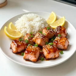 - 1 pound skinless salmon fillet - 1/4 cup teriyaki sauce - 2 tablespoons honey - 1 tablespoon fresh ginger, grated - 2 cloves garlic, minced - 1 tablespoon sesame oil - Green onions and sesame seeds for garnish - Additional spices or seasonings - Dipping sauces to serve - Air fryer - Mixing bowl - Whisk - Measuring cups and spoons When making these teriyaki salmon bites, you want fresh ingredients. Use a good quality salmon fillet for the best taste. The teriyaki sauce adds a rich flavor, while honey brings sweetness. Ginger and garlic give a nice kick. You can enhance flavors with extra spices if you like. Consider adding chili flakes for heat or lime zest for zing. Dipping sauces like soy sauce or sriracha can also add fun. For tools, an air fryer is key. It cooks the salmon evenly and gives it a crisp texture. A mixing bowl helps combine your marinade. A whisk makes mixing easier, and measuring cups ensure you use the right amounts. Gather these items before you start. Having everything ready makes cooking simpler and more enjoyable! {{ingredient_image_1}} To start, I mix the marinade in a bowl. I use 1/4 cup of teriyaki sauce, 2 tablespoons of honey, 1 tablespoon of fresh grated ginger, and 2 minced garlic cloves. Then, I add 1 tablespoon of sesame oil for extra flavor. I whisk it all together until it blends well. Next, I cut 1 pound of skinless salmon into bite-sized cubes. I add the salmon to the bowl and gently toss it in the marinade. I ensure every piece is coated. I let it marinate in the fridge for at least 30 minutes. This helps the flavors soak into the salmon. After marinating, I preheat the air fryer to 400°F (200°C). This step is key for a nice crisp. Once it’s ready, I place the salmon bites in the basket. I make sure to arrange them in a single layer. This way, they cook evenly. If I have too many, I cook them in batches. I air fry the salmon bites for 8 to 10 minutes. Halfway through, I shake the basket gently to ensure even cooking. I check for a light crisp on the outside and a cooked center. Once the salmon is done, I remove it from the air fryer and let it rest for a minute. This helps keep it juicy. Then, I transfer the salmon to a serving dish. For a nice touch, I garnish it with finely chopped green onions and a sprinkle of sesame seeds. This adds a pop of color and extra flavor. I like to serve it with steamed rice or a light salad. It makes for a complete meal that looks great on the table. To get the best results, don’t crowd the air fryer basket. If you pile the salmon bites too high, they won’t cook evenly. This can lead to some pieces being undercooked while others are overdone. Placing the salmon cubes in a single layer helps them crisp up nicely. I also recommend shaking the basket halfway through cooking. This simple action helps flip the pieces and ensures they cook evenly on all sides. Want to jazz up your teriyaki salmon? You can add extra flavors. Try a splash of lime juice for a tangy twist. You can mix in a teaspoon of chili paste for some heat. Balancing sweetness and saltiness is key. If your teriyaki sauce is sweet, you might want to add a pinch of salt. This helps to create a full flavor profile that excites your taste buds. Plating matters! Serve the salmon bites on a nice platter. You can arrange them with lemon wedges for a pop of color. This makes the dish look fresh and inviting. Pair the salmon with a side of steamed rice or a light salad. This adds texture and makes the meal feel complete. Don’t forget to sprinkle some green onions and sesame seeds on top for a beautiful finish. Pro Tips Marination Time: Allow the salmon to marinate for at least 30 minutes, but longer is better for deeper flavor absorption. Batch Cooking: Don’t overcrowd the air fryer basket; cook in batches if necessary to ensure even cooking and crispiness. Check for Doneness: Use a fork to test the salmon; it should flake easily and be opaque in the center when fully cooked. Garnish for Flavor: Enhance the dish's presentation and taste by adding fresh herbs or citrus zest before serving. {{image_2}} You can change the flavor with a spicy teriyaki sauce. Just add chili sauce to the mix. This gives a nice kick that many love. If you want something fresh, try a citrus-infused marinade. Squeeze in some lime or lemon juice to brighten the dish. Both options are easy and fun to try. You can switch salmon for other proteins. Chicken works well in this recipe. Just cut it into bite-sized pieces like the salmon. Tofu is also a great option for a plant-based dish. Cooking times will change, so watch closely. Chicken usually needs about 10 to 12 minutes, while tofu cooks in about 8 to 10 minutes. These salmon bites can shine as appetizers or a main dish. For bite-size portions, try skewering the salmon on toothpicks. This makes them easy to eat at parties. Pair them with other appetizers like spring rolls or veggie sticks for a lovely spread. Serve with a side of rice or salad for a full meal that everyone will enjoy. To keep your teriyaki salmon bites fresh, store them in an airtight container. This helps lock in moisture and flavor. Place the container in the fridge. Your salmon can stay good for up to three days. If you want to enjoy them later, consider freezing. You can reheat your salmon bites in the air fryer or microwave. For the air fryer, set it to 350°F (175°C) and heat for about 5 minutes. This keeps the bites crispy. If using a microwave, heat for 30 seconds at a time until warm. Be careful not to overheat, as this can dry them out. To freeze the salmon bites, first, let them cool completely. Place them in a freezer-safe bag or container. Make sure to remove as much air as possible. They can last up to three months in the freezer. When you're ready to enjoy them, thaw them in the fridge overnight. You can also use the microwave's defrost setting for quick thawing. Yes, you can use skin-on salmon. The skin will add texture and flavor. However, you need to adjust cooking time. Skin-on salmon may take a minute or two longer to cook. Make sure to check it often. To check if salmon is done, look for a few signs. Cooked salmon will change from bright pink to opaque. The flesh should flake easily with a fork. You can also use a meat thermometer. Aim for an internal temperature of 145°F (63°C). Choose an air fryer with a good capacity and adjustable temperature. Models with a basket or tray work best for even cooking. Brands like Philips and Ninja have strong options. Look for one with easy-to-use controls and a timer. For larger pieces, increase cooking time by a few minutes. Smaller bites will cook faster, so check them early. Always keep an eye on the salmon while it cooks. This way, you can avoid overcooking. Teriyaki salmon bites are easy and tasty. You need salmon, teriyaki sauce, and spices to make them. Marinate the salmon, cook in an air fryer, and garnish. Don't forget, using the right tools helps a lot. Try different marinades and protein options to keep meals exciting. Store leftovers properly and reheat for the best taste. Cooking should be fun, so experiment with flavors and enjoy every bite!