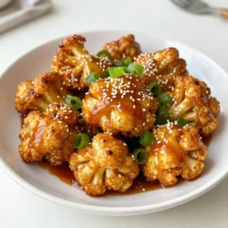 - 1 medium head of cauliflower, cut into florets - 2 tablespoons olive oil - 1 tablespoon Sriracha sauce (adjust to taste) - 2 tablespoons honey - 1 tablespoon soy sauce (or tamari for gluten-free) - 1 teaspoon garlic powder - 1 teaspoon smoked paprika - 1/2 teaspoon black pepper - 1/4 teaspoon salt I love using fresh cauliflower for this dish. The florets soak up the flavors well. The olive oil gives a rich base, while Sriracha adds heat. Honey brings sweetness to balance the spice. Soy sauce or tamari gives depth and umami. Garlic powder and smoked paprika enhance the flavor profile. Black pepper and salt round it all off. - 2 green onions, sliced (for garnish) - 1 tablespoon sesame seeds (for garnish) For garnish, I use green onions for a fresh crunch. Sesame seeds add a nutty taste and a nice look. These simple touches make the dish pop. They bring color and texture, making the dish more appealing. {{ingredient_image_1}} - First, preheat your oven to 425°F (220°C). This ensures the cauliflower cooks evenly. - Next, prepare a large baking sheet by lining it with parchment paper. This helps with easy cleanup. - In a big bowl, combine 2 tablespoons of olive oil, 1 tablespoon of Sriracha sauce, and 2 tablespoons of honey. - Add 1 tablespoon of soy sauce, 1 teaspoon of garlic powder, 1 teaspoon of smoked paprika, 1/2 teaspoon of black pepper, and 1/4 teaspoon of salt. - Whisk everything together until it blends well. The sauce should look smooth and inviting. - Now, toss the cauliflower florets in the sauce. Make sure every piece gets covered. - Spread the coated florets in a single layer on the baking sheet. This helps them roast well. - Roast the cauliflower for 25-30 minutes. Flip them halfway through for even cooking. They should turn golden brown and tender when done. - Once cooked, take the cauliflower out of the oven. Let it cool slightly before serving. - For a nice touch, garnish with sliced green onions and sesame seeds. Enjoy your zesty treat! To achieve the perfect roast, start by preheating your oven to 425°F (220°C). This high heat helps the cauliflower get crispy. Spread the florets in a single layer on the baking sheet. This avoids steaming and ensures even cooking. Flip the cauliflower halfway through for an even brown color. To adjust spice levels, add more or less Sriracha sauce. If you want it milder, reduce the Sriracha by half. You can also add a little extra honey to balance the heat. For presentation, serve the cauliflower on a large platter. Drizzle some extra honey on top for a sweet touch. Add a splash of Sriracha for those who love heat. Use toothpicks or small skewers for easy serving at parties. Pair Spicy Sriracha Honey Cauliflower with rice or quinoa for a complete meal. It also goes well with a fresh salad or grilled chicken. Enjoy these bold flavors with friends and family. Pro Tips Adjust the Spice Level: If you prefer a milder flavor, reduce the amount of Sriracha sauce. You can always add more later if you want extra heat. Use Fresh Cauliflower: For the best texture and flavor, choose a fresh head of cauliflower with tight, firm florets and vibrant green leaves. Crispier Cauliflower: For an extra crispy finish, broil the cauliflower for the last 2-3 minutes of cooking, watching closely to prevent burning. Serving Suggestions: This dish pairs well with rice or quinoa. Consider serving it over a bed of greens for a delicious salad addition. {{image_2}} You can easily switch up the sauce. Try BBQ sauce for a smoky flavor. Buffalo sauce gives a fiery kick. Each choice adds a fun twist to the dish. You can also add more veggies. Broccoli and carrots work great with the sauce. They add color and nutrients. Mix and match based on what you have in your fridge. This makes the dish even more fun and healthy. If you want a quicker cooking time, try air frying. It gives the cauliflower a nice crunch. Simply toss the florets in the sauce and set the air fryer to 400°F (200°C) for about 15 minutes. Shake the basket halfway through for even cooking. Pan-searing is another option. Heat olive oil in a skillet over medium heat. Add the coated cauliflower and cook for about 10-12 minutes. Stir often for a golden, crispy texture. This method keeps the flavors vibrant and delicious. To keep your spicy Sriracha honey cauliflower fresh, follow these steps: - Let the cauliflower cool completely. - Place it in an airtight container. - Store it in the fridge for up to 3 days. This helps maintain its flavor and texture. If you want to enjoy it later, avoid leaving it out too long. Bacteria can grow if food sits at room temperature. When you're ready to eat your leftovers, here are a couple of easy ways to reheat them: - Oven Method: Preheat your oven to 350°F (175°C). Spread the cauliflower on a baking sheet. Heat for about 10-15 minutes until warm. - Microwave Method: Place the cauliflower in a microwave-safe bowl. Cover it with a damp paper towel. Heat on high for 1-2 minutes, checking halfway. These methods help keep the cauliflower tasty and not soggy. Enjoy your bold and zesty treat! Can I use frozen cauliflower for this recipe? Yes, you can use frozen cauliflower. Just make sure to thaw and drain it well before using. This step helps to avoid excess water during roasting. Frozen florets might need a bit longer to cook. Keep an eye on them to ensure they turn golden. What can I use instead of honey? If you want to replace honey, try maple syrup or agave nectar. Both options provide sweetness and work well with the spices. Each will give a slightly different taste, so feel free to experiment. How to make it vegan-friendly? To make this dish vegan, simply replace honey with maple syrup or agave. Check that your Sriracha sauce is vegan, as some brands might use honey. This way, you keep all the bold flavors without any animal products. How do I adjust the spice level? To change the spice level, adjust the amount of Sriracha. If you like it milder, start with less Sriracha. You can always add more later. For extra heat, mix in red pepper flakes or a dash of cayenne pepper. What can I serve with Spicy Sriracha Honey Cauliflower? This dish pairs well with rice or quinoa. You can also serve it with a fresh salad or as a side to grilled meats. For a fun twist, use toothpicks for easy snacking at parties. In this blog post, we explored how to make Spicy Sriracha Honey Cauliflower. We covered the key ingredients, step-by-step instructions, and tips for perfecting this dish. I shared variations and storage information to help you enjoy your leftovers. Cooking is fun and creative. With simple swaps, you can make it your own. Try different sauces or serving ideas to mix it up. Enjoy making this dish and impress your friends with your skills!