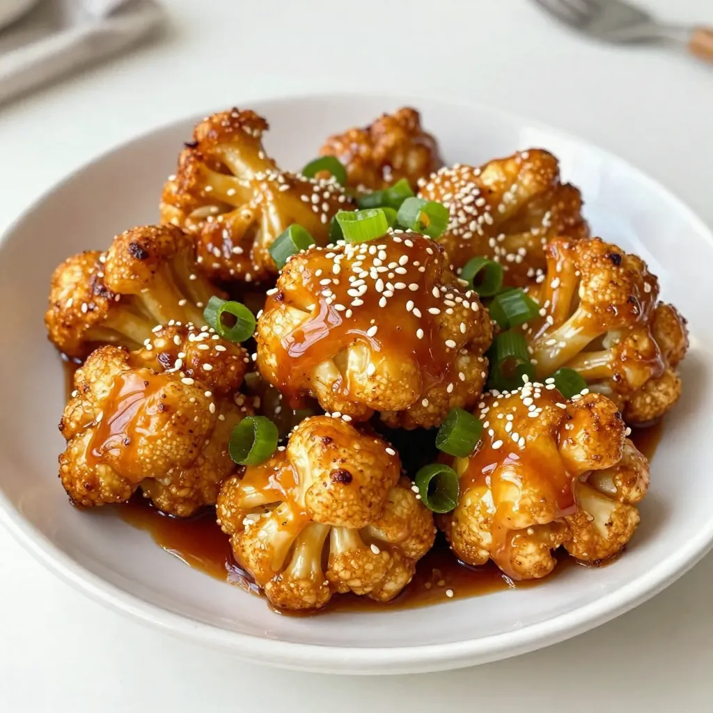 - 1 medium head of cauliflower, cut into florets - 2 tablespoons olive oil - 1 tablespoon Sriracha sauce (adjust to taste) - 2 tablespoons honey - 1 tablespoon soy sauce (or tamari for gluten-free) - 1 teaspoon garlic powder - 1 teaspoon smoked paprika - 1/2 teaspoon black pepper - 1/4 teaspoon salt I love using fresh cauliflower for this dish. The florets soak up the flavors well. The olive oil gives a rich base, while Sriracha adds heat. Honey brings sweetness to balance the spice. Soy sauce or tamari gives depth and umami. Garlic powder and smoked paprika enhance the flavor profile. Black pepper and salt round it all off. - 2 green onions, sliced (for garnish) - 1 tablespoon sesame seeds (for garnish) For garnish, I use green onions for a fresh crunch. Sesame seeds add a nutty taste and a nice look. These simple touches make the dish pop. They bring color and texture, making the dish more appealing. {{ingredient_image_1}} - First, preheat your oven to 425°F (220°C). This ensures the cauliflower cooks evenly. - Next, prepare a large baking sheet by lining it with parchment paper. This helps with easy cleanup. - In a big bowl, combine 2 tablespoons of olive oil, 1 tablespoon of Sriracha sauce, and 2 tablespoons of honey. - Add 1 tablespoon of soy sauce, 1 teaspoon of garlic powder, 1 teaspoon of smoked paprika, 1/2 teaspoon of black pepper, and 1/4 teaspoon of salt. - Whisk everything together until it blends well. The sauce should look smooth and inviting. - Now, toss the cauliflower florets in the sauce. Make sure every piece gets covered. - Spread the coated florets in a single layer on the baking sheet. This helps them roast well. - Roast the cauliflower for 25-30 minutes. Flip them halfway through for even cooking. They should turn golden brown and tender when done. - Once cooked, take the cauliflower out of the oven. Let it cool slightly before serving. - For a nice touch, garnish with sliced green onions and sesame seeds. Enjoy your zesty treat! To achieve the perfect roast, start by preheating your oven to 425°F (220°C). This high heat helps the cauliflower get crispy. Spread the florets in a single layer on the baking sheet. This avoids steaming and ensures even cooking. Flip the cauliflower halfway through for an even brown color. To adjust spice levels, add more or less Sriracha sauce. If you want it milder, reduce the Sriracha by half. You can also add a little extra honey to balance the heat. For presentation, serve the cauliflower on a large platter. Drizzle some extra honey on top for a sweet touch. Add a splash of Sriracha for those who love heat. Use toothpicks or small skewers for easy serving at parties. Pair Spicy Sriracha Honey Cauliflower with rice or quinoa for a complete meal. It also goes well with a fresh salad or grilled chicken. Enjoy these bold flavors with friends and family. Pro Tips Adjust the Spice Level: If you prefer a milder flavor, reduce the amount of Sriracha sauce. You can always add more later if you want extra heat. Use Fresh Cauliflower: For the best texture and flavor, choose a fresh head of cauliflower with tight, firm florets and vibrant green leaves. Crispier Cauliflower: For an extra crispy finish, broil the cauliflower for the last 2-3 minutes of cooking, watching closely to prevent burning. Serving Suggestions: This dish pairs well with rice or quinoa. Consider serving it over a bed of greens for a delicious salad addition. {{image_2}} You can easily switch up the sauce. Try BBQ sauce for a smoky flavor. Buffalo sauce gives a fiery kick. Each choice adds a fun twist to the dish. You can also add more veggies. Broccoli and carrots work great with the sauce. They add color and nutrients. Mix and match based on what you have in your fridge. This makes the dish even more fun and healthy. If you want a quicker cooking time, try air frying. It gives the cauliflower a nice crunch. Simply toss the florets in the sauce and set the air fryer to 400°F (200°C) for about 15 minutes. Shake the basket halfway through for even cooking. Pan-searing is another option. Heat olive oil in a skillet over medium heat. Add the coated cauliflower and cook for about 10-12 minutes. Stir often for a golden, crispy texture. This method keeps the flavors vibrant and delicious. To keep your spicy Sriracha honey cauliflower fresh, follow these steps: - Let the cauliflower cool completely. - Place it in an airtight container. - Store it in the fridge for up to 3 days. This helps maintain its flavor and texture. If you want to enjoy it later, avoid leaving it out too long. Bacteria can grow if food sits at room temperature. When you're ready to eat your leftovers, here are a couple of easy ways to reheat them: - Oven Method: Preheat your oven to 350°F (175°C). Spread the cauliflower on a baking sheet. Heat for about 10-15 minutes until warm. - Microwave Method: Place the cauliflower in a microwave-safe bowl. Cover it with a damp paper towel. Heat on high for 1-2 minutes, checking halfway. These methods help keep the cauliflower tasty and not soggy. Enjoy your bold and zesty treat! Can I use frozen cauliflower for this recipe? Yes, you can use frozen cauliflower. Just make sure to thaw and drain it well before using. This step helps to avoid excess water during roasting. Frozen florets might need a bit longer to cook. Keep an eye on them to ensure they turn golden. What can I use instead of honey? If you want to replace honey, try maple syrup or agave nectar. Both options provide sweetness and work well with the spices. Each will give a slightly different taste, so feel free to experiment. How to make it vegan-friendly? To make this dish vegan, simply replace honey with maple syrup or agave. Check that your Sriracha sauce is vegan, as some brands might use honey. This way, you keep all the bold flavors without any animal products. How do I adjust the spice level? To change the spice level, adjust the amount of Sriracha. If you like it milder, start with less Sriracha. You can always add more later. For extra heat, mix in red pepper flakes or a dash of cayenne pepper. What can I serve with Spicy Sriracha Honey Cauliflower? This dish pairs well with rice or quinoa. You can also serve it with a fresh salad or as a side to grilled meats. For a fun twist, use toothpicks for easy snacking at parties. In this blog post, we explored how to make Spicy Sriracha Honey Cauliflower. We covered the key ingredients, step-by-step instructions, and tips for perfecting this dish. I shared variations and storage information to help you enjoy your leftovers. Cooking is fun and creative. With simple swaps, you can make it your own. Try different sauces or serving ideas to mix it up. Enjoy making this dish and impress your friends with your skills!