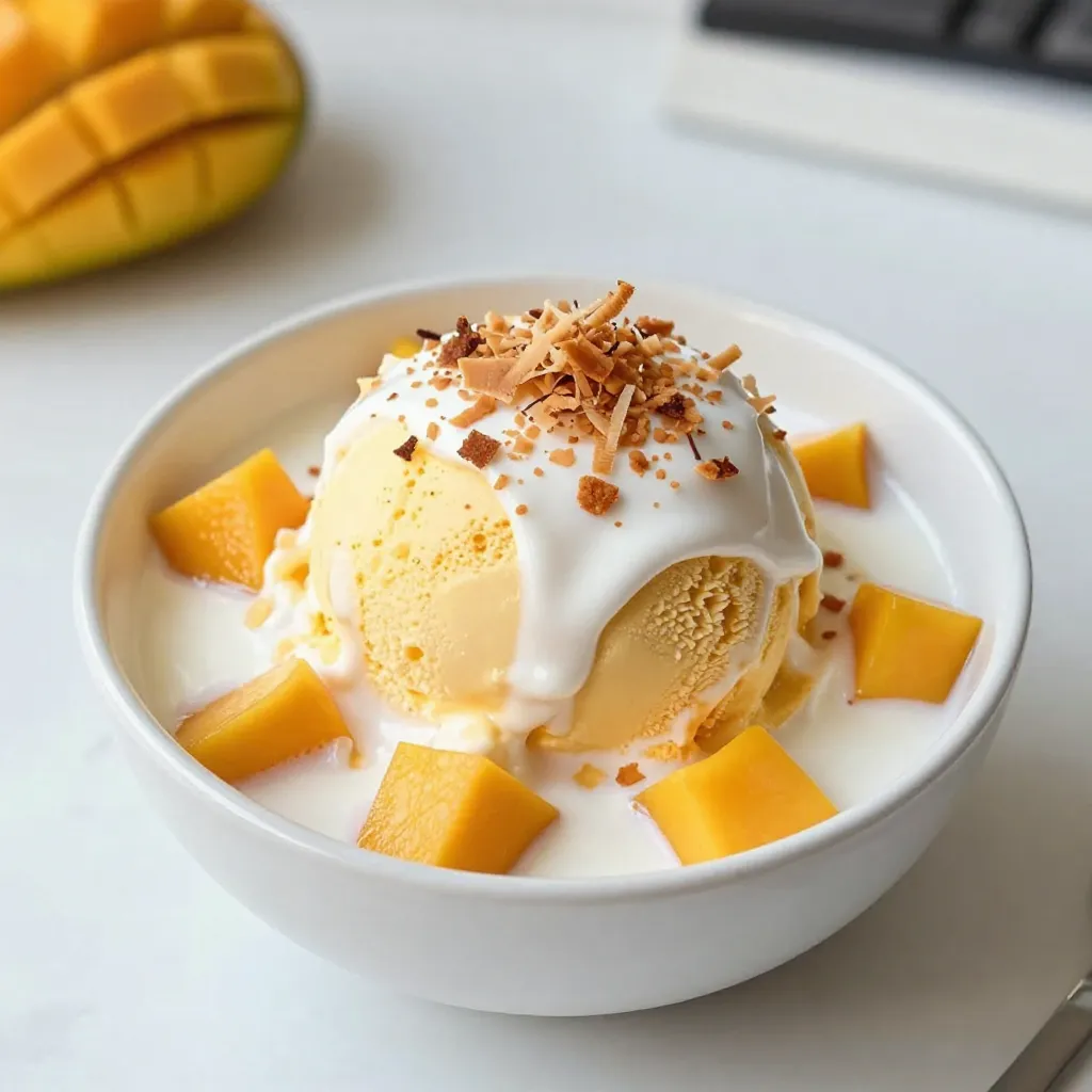 To make mango coconut ice cream, you need these key ingredients: - 2 ripe mangoes, peeled and diced - 1 can (13.5 oz) coconut milk - 1 cup heavy cream - 1/2 cup sugar - 1 teaspoon vanilla extract - Pinch of sea salt - 1/2 cup shredded toasted coconut (for garnish) These ingredients create a creamy and fruity treat. The mango gives a sweet flavor, while the coconut milk adds richness. You can make your ice cream even better with these toppings: - Additional diced mango - Fresh mint leaves - Extra shredded toasted coconut - A drizzle of honey or agave syrup These garnishes add color and flavor. They make your bowl look beautiful, too! If you have dietary needs, here are some easy swaps: - For dairy-free: Use coconut cream instead of heavy cream. - For sugar-free: Try a sugar substitute like stevia or erythritol. These substitutions keep the taste while fitting your diet. Feel free to experiment! {{ingredient_image_1}} Start by peeling the mangoes. Use a sharp knife to remove the skin. Then, cut the mango into small chunks. Place the diced mango in a blender. Blend until smooth. If you want, save some small chunks for later. Set them aside for garnish. This step helps the ice cream get a rich mango flavor. In a large mixing bowl, add the coconut milk. Pour in the heavy cream next. Then, add the sugar and vanilla extract. Finally, sprinkle in a pinch of sea salt. Use a whisk to mix everything well. Make sure the sugar dissolves completely. This base gives your ice cream a creamy texture. Take the mango puree and gently fold it into the cream mixture. Mix until everything blends evenly. Cover the bowl with plastic wrap. Chill it in the fridge for at least two hours. Once chilled, pour the mixture into an ice cream maker. Churn it for about 20 to 25 minutes. The ice cream should reach a soft-serve texture. After churning, transfer the ice cream to a lidded container. Freeze it for at least four hours. This final step gives your ice cream a firm shape. To pick the best mangoes, look for ones that are soft to the touch. The skin should have a mix of green and yellow. The more yellow, the riper it is. Smell the stem; a sweet scent means it’s ripe. Avoid mangoes with dark spots or wrinkles. Always choose two ripe mangoes for this recipe. They add creaminess and flavor to the ice cream. One mistake is using warm ingredients. Always chill your mix for the best texture. If you skip chilling, your ice cream will be icy and hard. Another mistake is over-churning. Stop when the mix is like soft-serve, then freeze. Lastly, don’t skip the salt. A pinch of sea salt enhances the flavors in your ice cream. Presentation matters! Use coconut bowls or colorful ramekins for a tropical vibe. When serving, scoop the ice cream high for a fun look. Don’t forget to add extra toasted coconut on top. It adds crunch and makes it look fancy. You can also place a small piece of mango on each scoop for extra flair. Enjoy the visual treat before you dig in! Pro Tips Fresh Mangoes Matter: Always choose ripe mangoes for the best flavor; they should be slightly soft to the touch and have a sweet aroma. Chill Your Ingredients: For a creamier texture, chill your coconut milk and heavy cream before mixing, ensuring a smoother ice cream base. Don't Skip the Salt: A pinch of sea salt enhances the sweetness and flavors of the mango and coconut, making the ice cream taste more complex. Perfect Freezing: To avoid ice crystals, make sure to freeze the churned ice cream in a lidded container without air pockets for at least 4 hours. {{image_2}} You can mix mango with other fruits. Pineapple adds a sweet and tangy taste. Just blend in diced pineapple with the mango. Passion fruit brings a unique flavor. Scoop out the pulp and mix it in. These fruits pair well with coconut. They enhance the tropical vibe of the ice cream. Adding lime gives a fresh twist to the ice cream. Just stir in lime juice and zest. It brightens the flavor and makes it zingy. Mint is another great option. Chopped fresh mint can add a cool taste. Mix it into the ice cream base for a refreshing touch. For a vegan option, swap heavy cream with coconut cream. Use sweeteners like agave or maple syrup. This keeps the ice cream dairy-free and light. If you want low-calorie ice cream, use less sugar. You can also use a yogurt base for creaminess. These changes keep the taste delicious while being mindful of calories. To keep your mango coconut ice cream fresh, follow these tips: - Use an airtight container to prevent freezer burn. - Fill the container to the top to limit air exposure. - Place a piece of plastic wrap directly on the ice cream before sealing the lid. - Store the ice cream in the coldest part of your freezer for best results. Mango coconut ice cream can last in the freezer for about 1 to 2 months. To enjoy the best taste, try to eat it within the first month. After that, it may lose some flavor and texture. Always check for ice crystals or off smells before serving. To soften your ice cream, take it out of the freezer about 10 to 15 minutes before you plan to serve it. This will make it easier to scoop. If you want it a bit softer, you can leave it out for another 5 minutes. Just make sure not to let it sit too long, or it may melt too much! Yes, you can make mango coconut ice cream without an ice cream maker. Use a simple method. First, prepare the ice cream base as usual. Then, pour the mixture into a shallow dish. Place the dish in the freezer. Every 30 minutes, stir the mixture with a fork for about 3 hours. This helps break up ice crystals. Repeat this until it reaches a creamy texture. You will have a tasty treat, even without an ice cream maker! Mango and coconut offer many health benefits. Mangoes are rich in vitamins A and C. They help boost your immune system and improve skin health. They also have fiber, which aids digestion. Coconut provides healthy fats. It can help support heart health and give you energy. Plus, coconut is a great source of hydration. Enjoying mango and coconut together makes a delicious and nutritious treat! You can easily adjust the sweetness of your ice cream. If you prefer it sweeter, add more sugar. Start with an extra tablespoon or two. Mix well and taste as you go. If you want less sugar, reduce it. You can also use honey or agave syrup for sweetness. These natural sweeteners can add flavor, too. Always taste the mixture before freezing to make sure it’s just right for you! In this blog post, we explored making mango coconut ice cream. We covered essential ingredients, step-by-step instructions, and valuable tips. You learned how to choose ripe mangoes and avoid common mistakes. We also discussed fun variations and best storage practices. Mango coconut ice cream is fun and easy to make. With a few tweaks, you can suit any diet. Enjoy your creamy treat and impress others with your new skills!