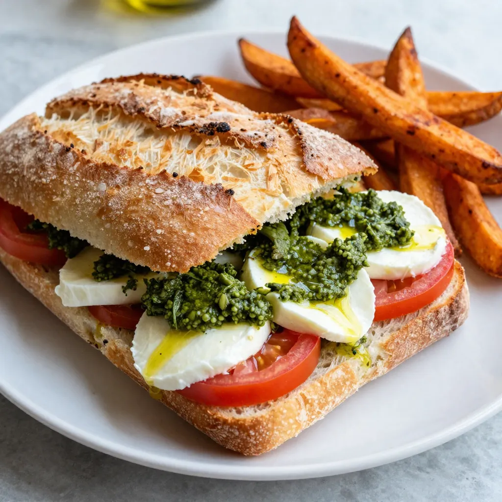 - 2 slices of ciabatta or focaccia bread - 1 medium ripe tomato, sliced - 100g fresh mozzarella cheese, sliced - 2 tablespoons fresh basil pesto - 1 tablespoon olive oil - Salt and pepper to taste - A handful of arugula or spinach (optional) For a great Tomato Mozzarella Pesto Panini, you need bread that holds up well. Ciabatta or focaccia works best since they are sturdy and have a nice crust. The ripe tomato brings a fresh burst of flavor. Fresh mozzarella adds creaminess and melts beautifully. Pesto gives the sandwich its rich taste. A bit of olive oil helps achieve that perfect crispy crust. Don’t forget salt and pepper to enhance all the flavors. If you want some extra greens, arugula or spinach adds a nice touch. When picking pesto, I love using brands like Rao's or Buitoni for their fresh taste. For mozzarella, look for brands like BelGioioso or Galbani. They offer high-quality cheese that melts well. Always choose fresh mozzarella in water for the best flavor. If you want to switch things up, try whole grain or sourdough bread. They add different flavors and textures. For a dairy-free option, use cashew cheese or a vegan mozzarella. It will still taste great with the pesto and tomatoes. {{ingredient_image_1}} First, heat your panini press or grill pan to medium heat. If you use a grill pan, press the sandwich down with a spatula. Next, take your ciabatta or focaccia slices. Spread the fresh basil pesto evenly on one side of each slice. This adds a burst of flavor that makes your panini shine. Now it's time to layer your ingredients. Place the ripe tomato slices on the pesto side of one slice. Make sure to cover it well. Next, add the fresh mozzarella slices on top of the tomatoes. This creates a creamy, rich texture. To boost the flavor, sprinkle a pinch of salt and pepper. If you like greens, add a handful of arugula or spinach on top of the mozzarella. For cooking, brush the outside of both bread slices with olive oil. This helps the bread get crispy and golden. Place the sandwich in the panini press and cook for about 4-5 minutes. If you use a grill pan, cook for 3-4 minutes on each side. Press down with a spatula for even cooking. When the bread turns golden brown and the cheese melts, your panini is ready. Remove it from the heat, let it cool a bit, then slice it in half. Enjoy your warm, tasty meal! To make the best panini, focus on even cooking. Here’s how: - Preheat your panini press or grill pan. - If using a grill pan, press the sandwich down with a spatula. This helps cook all sides evenly. For melting cheese, here are some tips: - Use fresh mozzarella. It melts beautifully. - Make sure the panini is hot enough when you start. - Cooking for 4-5 minutes usually works well. When serving your tomato mozzarella pesto panini, consider these accompaniments: - Crispy sweet potato fries add a nice crunch. - A small salad with greens makes a refreshing side. Drizzling additional pesto on the plate enhances flavor and looks nice too. It adds a vibrant touch to your meal. Here are some common mistakes when making a panini: - Avoid overstuffing the sandwich. It can spill out and make cooking hard. - Choosing the wrong bread can ruin your panini. Ciabatta or focaccia works best. Stick to these tips, and your panini will shine! Pro Tips Use Fresh Ingredients: Always opt for fresh mozzarella and ripe tomatoes to elevate the flavor of your panini. Experiment with Bread: Try different types of bread like sourdough or whole grain for a unique twist on your panini. Customize Your Greens: Feel free to add other greens like spinach or kale for added nutrition and flavor. Perfect Grilling Technique: If using a grill pan, press down firmly with a spatula to ensure even grilling and melting of the cheese. {{image_2}} You can make your Tomato Mozzarella Pesto Panini even tastier with a few twists. Adding vegetables like bell peppers or onions gives the panini a nice crunch. These veggies also add great flavor. You might also try different types of pesto. Sun-dried tomato pesto can add a rich, sweet taste that pairs well with mozzarella. If you follow a vegan diet, you can swap out the mozzarella for a plant-based cheese. There are many great options available that melt well. For those who need gluten-free meals, use gluten-free bread. This way, everyone can enjoy this delicious panini. While fresh mozzarella is classic, you can explore other cheese options. Provolone offers a sharp, creamy flavor that works wonderfully. Burrata adds a rich, creamy texture that makes each bite delightful. You can even mix different cheeses in your panini for a unique taste. Combining mozzarella with provolone or burrata can create a delicious blend of flavors. To keep your panini fresh, place it in an airtight container. This helps prevent drying out. You can store it in the fridge for about 2 to 3 days. If you want it to taste great, eat it sooner rather than later. When reheating your panini, the panini press works best. It will crisp the bread and melt the cheese nicely. If you don’t have a press, you can use an oven. Preheat it to 350°F (175°C) and bake for about 10 minutes. The microwave is quick but can make the bread soggy. Avoid the microwave if you love crispness. You can freeze your assembled panini for later. Wrap it tightly in plastic wrap, then place it in a freezer bag. This keeps it safe from freezer burn. To thaw, place it in the fridge overnight. Reheat it in a panini press or oven. This way, you'll enjoy a warm, crispy sandwich just like fresh! For a great panini, I love using ciabatta or focaccia bread. These breads have a nice crust and soft center. They hold up well to grilling and add a wonderful flavor. You can also try sourdough for a tangy twist. Just make sure the bread is fresh for the best taste. Yes, you can! If you don’t have a panini press, you can use a grill pan. Just heat it over medium heat. Press the sandwich down with a spatula while it cooks. You can also use a regular skillet. Cook the panini for about 3-4 minutes on each side. A homemade panini lasts about 2-3 days in the fridge. Store it in an airtight container to keep it fresh. If you notice any sogginess, you can reheat it in a pan to crisp it up again. Yes, you can prepare the panini in advance! Assemble the sandwich, but don’t grill it yet. Wrap it in plastic wrap and store it in the fridge. When ready to eat, grill it for a quick and tasty meal. This method saves time on busy days. The panini is a tasty, rich sandwich packed with flavor. You can make it easily with fresh ingredients like ciabatta, ripe tomatoes, and creamy mozzarella. Remember to choose high-quality pesto and cheese for the best taste. Follow the steps carefully for perfect cooking, and don’t forget your tips to avoid common mistakes. Try fun variations to keep things interesting. With practice, you will master this sandwich and impress your friends with delicious results. Enjoy your panini journey!