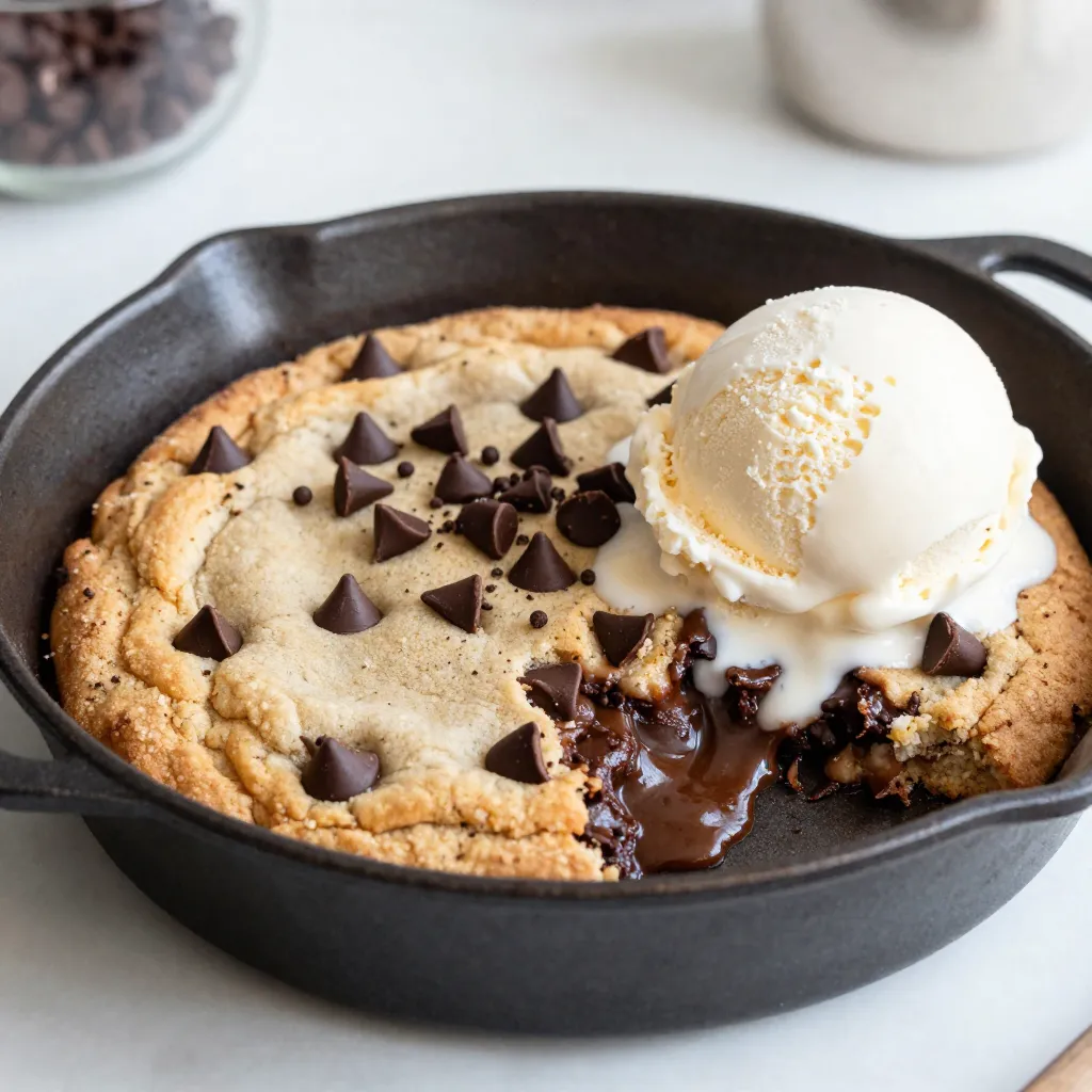 To make a Chocolate Chip Cookie Skillet, gather these simple ingredients: - 1 cup unsalted butter, softened - 1 cup brown sugar, packed - 1/2 cup granulated sugar - 2 large eggs - 2 teaspoons vanilla extract - 3 cups all-purpose flour - 1 teaspoon baking soda - 1/2 teaspoon salt - 1 1/2 cups semisweet chocolate chips - 1/2 cup chopped walnuts (optional) These ingredients create a warm, gooey delight. The butter gives the cookie a rich flavor. The sugars add sweetness and a nice texture. Eggs bind everything together, while the vanilla adds a lovely aroma. You can swap some ingredients if needed: - Use coconut oil instead of butter for a dairy-free option. - Replace brown sugar with coconut sugar for a healthier choice. - If you lack eggs, try using 1/4 cup applesauce for each egg. - Use gluten-free flour if you want a gluten-free treat. These swaps keep the essence of the cookie while catering to different diets. Choosing great ingredients makes a big difference. Here’s what to look for: - Butter: Choose fresh, unsalted butter for the best flavor. - Sugars: Use high-quality brown sugar for a deep, rich taste. - Eggs: Fresh eggs lead to better texture and flavor. - Chocolate Chips: Go for semisweet chips with real cocoa. - Nuts: If using walnuts, select fresh ones for crunch and flavor. Quality ingredients mean a better cookie skillet. Happy baking! {{ingredient_image_1}} First, you need to get your oven ready. Set it to 350°F (175°C). This step is key for even baking. Next, grab your cast iron skillet or an oven-safe dish. If you want, you can lightly grease the skillet with butter. This will help the cookies come out easily later. Now, let's mix the wet ingredients. In a large bowl, cream 1 cup of softened butter with 1 cup of brown sugar and 1/2 cup of granulated sugar. Mix until it’s light and fluffy. This takes about two minutes. Then, add 2 large eggs, one at a time. Make sure to mix well after each egg. After that, stir in 2 teaspoons of vanilla extract. In another bowl, whisk together 3 cups of all-purpose flour, 1 teaspoon of baking soda, and 1/2 teaspoon of salt. Gradually add this dry mix to the wet mix. Stir until just combined. Do not over-mix! Finally, fold in 1 1/2 cups of semisweet chocolate chips and 1/2 cup of chopped walnuts if you like nuts. Transfer your cookie dough into the skillet. Spread it evenly across the bottom. Now, it’s time to bake! Place the skillet in the oven and bake for 25-30 minutes. Keep an eye on it. The edges should turn golden, and the center must be set. To check, you can gently press the center. If it springs back, it’s done. Let it cool for a few minutes before serving. Enjoy this warm treat! To get the best texture in your cookie skillet, focus on your butter. Use softened butter, not melted. This helps keep your cookie chewy. Next, mix the sugars and butter well. Aim for a light and fluffy mix. This step adds air, making your cookie lighter. When you add the flour, mix gently. Over-mixing can make your cookie tough. You want a soft dough that holds together. One big mistake is not measuring ingredients correctly. Always use dry measuring cups for flour and sugar. Too much flour can lead to a dry cookie. Another mistake is baking at the wrong temperature. Make sure your oven is preheated to 350°F. Also, avoid opening the oven too soon. This can cause your cookie to sink in the middle. Lastly, don’t skip the cooling time. Letting it cool helps set the cookie. Want to add more flavor? Try using different types of chocolate chips. Dark chocolate, milk chocolate, or even peanut butter chips work great! You can also add a sprinkle of sea salt on top before serving. This enhances the sweet taste. For a nutty flavor, fold in some chopped walnuts or pecans. Lastly, a dash of cinnamon can add warmth to your cookie skillet. These small changes can make a big difference! Pro Tips Use Room Temperature Butter: Ensure your butter is at room temperature for easier creaming with the sugars, resulting in a lighter and fluffier cookie. Don’t Overmix the Dough: Once you add the dry ingredients, mix just until combined. Overmixing can lead to tough cookies. Check for Doneness: The edges should be golden brown and the center slightly underbaked. It will continue to cook in the skillet after removing from the oven. Add a Sprinkle of Sea Salt: Before baking, sprinkle a little sea salt on top for a delicious contrast to the sweetness of the cookies. {{image_2}} You can change the flavor of your skillet cookie by using different types of chocolate chips. Semisweet chips are classic, but you might try: - Dark chocolate chips for a richer taste - Milk chocolate chips for a sweeter bite - White chocolate chips for a creamy touch - Butterscotch chips for a unique twist Mixing a few types together creates a fun flavor blend. If you need a nut-free or dairy-free dessert, it’s easy to adjust. - For nut-free, simply leave out the walnuts. - For dairy-free, use plant-based butter and dairy-free chocolate chips. These swaps keep the dessert tasty while meeting dietary needs. Enhancing flavors can take your cookie skillet to the next level. Here are some ideas: - Sprinkle sea salt on top before baking for a sweet-salty mix. - Add a teaspoon of cinnamon or nutmeg for warmth. - Try a splash of espresso powder to deepen the chocolate taste. These small changes can make a big difference in flavor. Enjoy experimenting! After enjoying your cookie skillet, you may have some left. To store it, let it cool down first. Then, cover it with plastic wrap or foil. If you have a lid for your skillet, use that instead. It keeps the cookie fresh. Store it at room temperature for up to three days. For longer storage, keep it in the fridge. This way, it can last up to one week. When you want to enjoy your leftover cookie skillet, reheating is easy. Preheat your oven to 350°F (175°C). Place the skillet in the oven for about 10-15 minutes. This warms it nicely and makes it gooey again. If you prefer the microwave, heat a slice for 20-30 seconds. Be careful not to overheat it. You want it warm, not hot! If you want to keep your cookie skillet longer, freezing is a great option. First, let it cool completely. Then, cut it into pieces for easier handling. Wrap each piece tightly in plastic wrap. Place the wrapped pieces in a freezer-safe bag or container. Make sure to label it with the date. You can freeze it for up to three months. When you're ready to eat, thaw it in the fridge overnight. Reheat it using the instructions above. Enjoy your sweet treat anytime! You will know the cookie skillet is done when the edges turn golden brown. The center should look set but soft. A toothpick test can help. Insert it in the center. If it comes out clean or with a few crumbs, it’s ready! Keep an eye on it, as ovens can vary. Yes, you can make this cookie skillet ahead of time. You can prepare the dough and store it in the fridge. Just cover it well to keep it fresh. Bake it when you are ready to serve. This way, you have a warm treat ready for guests. Serving suggestions are fun and simple! I love adding a scoop of vanilla ice cream on top for warmth. You can also drizzle chocolate sauce or caramel over it. Fresh berries or whipped cream make great toppings too. Each choice adds a new twist to this treat! In this article, we explored all you need for the perfect cookie skillet. We broke down the key ingredients, offered substitutions, and provided tips for selecting the best items. You learned simple steps for prep, mixing, and baking. I shared tricks for ideal texture and common mistakes to avoid. We also discussed variations, storage, and reheating tips. By following these guidelines, you can make an amazing dessert. Enjoy your cookie skillet and impress your friends!