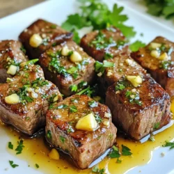 - 1 pound sirloin steak, cut into bite-sized cubes - 3 tablespoons unsalted butter - 3 tablespoons honey - 4 cloves garlic, minced - 1 tablespoon soy sauce - 1 tablespoon olive oil - Salt and pepper, to taste - 1 tablespoon chopped parsley, for garnish - Lemon wedges, for serving (optional) To make Honey Garlic Butter Steak Bites, you need simple, fresh ingredients. Start with one pound of sirloin steak. Cut it into bite-sized cubes. This cut is tender and cooks fast. You will also need three tablespoons of unsalted butter. Butter adds a rich flavor and helps the sauce stick. Next, grab three tablespoons of honey. Honey gives the dish a sweet touch. You will need four cloves of minced garlic. Garlic gives the dish a nice aroma and taste. One tablespoon of soy sauce adds depth to the flavor. Use one tablespoon of olive oil to help sear the steak. Add salt and pepper to taste. These basic seasonings enhance all the flavors. For garnish, chop one tablespoon of parsley. It adds a pop of color and freshness. Finally, lemon wedges are optional for serving. A squeeze of lemon brightens the dish. Gather these ingredients for a quick and tasty meal. Trust me, your family will love it! {{ingredient_image_1}} To start, take your sirloin steak and cut it into bite-sized cubes. This makes the steak easy to eat. I like to use a sharp knife for clean cuts. When cutting, aim for pieces about 1 inch in size. Next, season the steak cubes generously with salt and pepper. This step adds flavor and brings out the meat’s richness. Be sure to coat all sides well. Now, let’s heat the skillet. Grab a large skillet and pour in the olive oil. Turn the heat to medium-high. When the oil shimmers, it's ready. Add the steak cubes in a single layer. Don't overcrowd the pan; this can steam the meat. Sear each side for about 2-3 minutes. You want them browned, not cooked through. Once done, remove the steak from the skillet and set it aside. In the same skillet, reduce the heat to medium. Add the unsalted butter and let it melt. Once melted, stir in the minced garlic. Cook it for about 30 seconds until it smells amazing. Be careful not to burn the garlic, or it will taste bitter. Next, add the honey and soy sauce to the skillet. Mix well and let it simmer for about a minute. This helps the flavors blend together. Now, it’s time to bring it all together. Return the seared steak bites to the skillet. Toss them gently in the honey garlic butter sauce. Cook for another 1-2 minutes. This ensures the steak is heated through and well coated in sauce. Now you’re ready to serve. Enjoy these tasty bites hot, garnished with chopped parsley and lemon wedges if you like. To get the best sear, heat your skillet over medium-high heat. A hot skillet gives your steak a nice, brown crust. Avoid overcrowding the pan; this makes it hard for the steak to brown. Cook in batches if needed. This way, each piece gets enough heat and space. Want to add more flavor? Consider adding a splash of Worcestershire sauce or a pinch of red pepper flakes for heat. You can also try other sweeteners, like maple syrup, to change the taste. Adjust the sweetness or saltiness by adding more honey or soy sauce to fit your taste. Garnish your steak bites with chopped parsley for a fresh look. Serve with lemon wedges on the side to add brightness. You can also add fresh herbs, like thyme or rosemary, for extra flavor. Pair these bites with sides like rice or vegetables for a complete meal. Pro Tips Choose the Right Cut: For the best flavor and tenderness, use a well-marbled cut like sirloin or ribeye. The fat content enhances the overall taste and juiciness. Don’t Overcrowd the Pan: Sear the steak bites in batches if necessary. Overcrowding can lead to steaming instead of searing, preventing that lovely crust from forming. Control the Heat: Ensure your skillet is hot enough before adding the steak. A properly heated pan helps achieve a beautiful brown crust without overcooking the inside. Rest the Meat: Allow the steak bites to rest for a few minutes after cooking. This helps the juices redistribute, resulting in a more tender and flavorful bite. {{image_2}} You can use other cuts for this recipe. Try ribeye for extra flavor. Tenderloin gives a leaner taste. Flank steak is great for a chewier bite. Each cut needs a different cooking time. - Ribeye: Sear for about 2-3 minutes per side. - Tenderloin: Cook for 1-2 minutes per side. - Flank Steak: Sear for 3-4 minutes per side, as it's thicker. Want to change the flavor? Add spices like chili flakes for heat. You can mix in some ginger for a spicy kick. Swap the soy sauce for coconut aminos for a gluten-free option. If you need a vegan sauce, replace the butter with coconut oil. Use maple syrup instead of honey for sweetness. You can blend in garlic and a splash of soy sauce for depth. This dish pairs well with rice or mashed potatoes. You could serve it with a fresh salad for a light meal. Or, add steamed veggies for extra nutrition. To make it a larger meal, serve it in tacos. Use small tortillas and add toppings like avocado and salsa. You can also turn it into a stir-fry with additional veggies. To keep your leftover honey garlic butter steak bites fresh, follow these steps: - Allow the steak bites to cool to room temperature. - Store them in an airtight container. Glass containers work well. - You can also use plastic containers with tight seals. Refrigerate them right away. They will stay good for up to 3 days. When you're ready to eat, reheat them gently on the stove or in the microwave. For longer storage, you can freeze the steak bites: - Place the cooled steak in a freezer-safe bag or container. - Squeeze out as much air as possible to prevent freezer burn. You can freeze them for up to 3 months. When you want to eat them, let them thaw in the fridge overnight. Reheat them gently on the stove for the best taste. You can add heat by using red pepper flakes. Start with a pinch and taste. If you want more spice, add more. You can also use hot sauce or Sriracha in the sauce. For an extra kick, try adding diced jalapeños during cooking. This will enhance the flavor and keep the dish exciting. Yes, you can use flavored honey. Try using ginger honey for a zesty touch. Lavender honey adds a floral note, while chili-infused honey brings heat. Each type of honey changes the taste. Choose one that matches your mood or meal. Experimenting with honey can lead to fun new flavors. Pick a good cut of steak, like sirloin or ribeye. These cuts are tender and flavorful. Make sure to season the steak well with salt and pepper before cooking. Avoid overcooking; aim for medium-rare to keep it juicy. Searing at a high heat helps lock in the juices. Always let the meat rest before serving. This keeps the bites tender and delicious. You learned how to make tasty Honey Garlic Butter Steak Bites. We covered the simple ingredients and step-by-step cooking. Remember to season your steak well and sear it for the best flavor. Feel free to experiment with different steak cuts or sauces. With the right tips, you can elevate this dish. Enjoy your cooking and share these easy ideas with friends. Happy cooking!