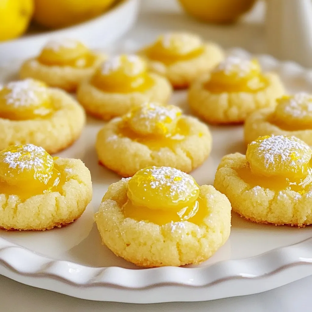 Lemon Curd Thumbprint Cookies need simple and fresh ingredients. Here’s what you will need: - 1 cup unsalted butter, softened - 2/3 cup granulated sugar - 1/3 cup powdered sugar - 1 teaspoon vanilla extract - 2 cups all-purpose flour - 1/4 teaspoon salt - 1/2 teaspoon baking powder - 1 cup lemon curd (store-bought or homemade) - Zest of 1 lemon - 1 tablespoon fresh lemon juice - Optional: powdered sugar for dusting I find that using high-quality butter and fresh lemons gives the best flavor. The lemon zest and juice add a bright note. You can use store-bought lemon curd if you're short on time. However, homemade lemon curd has a richer taste. Make sure your butter is softened. This helps create a smooth dough. The sugars blend better when the butter is soft. The mix of granulated and powdered sugar gives the cookies their lovely texture. You will also need all-purpose flour, baking powder, and salt. These are standard in many cookie recipes. The optional dusting with powdered sugar adds a nice touch. It makes the cookies look fancy. Plus, it adds a bit of sweetness to each bite. If you want to impress your friends, this step is worth it! {{ingredient_image_1}} First, set your oven to 350°F (175°C). This temperature helps the cookies bake evenly. Next, grab two baking sheets and line them with parchment paper. This step ensures that the cookies don’t stick and come off easily. In a large bowl, beat 1 cup of softened butter with 2/3 cup of granulated sugar and 1/3 cup of powdered sugar. Mix these for about 3-4 minutes until the mixture looks light and fluffy. This texture is key. It helps the cookies rise and stay soft. In a separate bowl, whisk together 2 cups of all-purpose flour, 1/4 teaspoon of salt, and 1/2 teaspoon of baking powder. This mixture is dry but important for structure. Gradually add it to the butter mixture. Mix until the dough is crumbly yet holds together. Now, use a cookie scoop or tablespoon to drop rounded balls of dough on the baking sheets. Make sure to leave space between each cookie. Next, use your thumb or the back of a rounded spoon to press down in the center of each ball. This creates a spot for the lemon curd. Spoon a small amount of lemon curd into each thumbprint. Fill it generously, but don’t let it overflow. Place the baking sheets in the oven and bake for 12-15 minutes. Look for lightly golden edges to know they are done. Once baked, let the cookies cool on the baking sheet for about 5 minutes. Then, transfer them to a wire rack to cool completely. For an extra touch, dust the cooled cookies with powdered sugar. This adds a lovely finish and sweetness. To get the best dough, avoid common mistakes. Use softened butter, not melted. Make sure your butter is at room temperature. This helps the cookies rise and stay fluffy. When mixing ingredients, don't overwork the dough. Mix just until combined. If your dough is too dry, add a splash of lemon juice. If it's too wet, add a bit more flour. A good ratio is key for perfect cookies. You can use store-bought or homemade lemon curd for these cookies. Store-bought is quick and easy. It works well if you are short on time. Homemade lemon curd is fresh and has a rich flavor. If you make your own, use fresh lemons for the best taste. Try different flavors too! You can add herbs like thyme or mint to your curd. This adds a unique twist to your cookies. For the best look, use a light touch when filling the thumbprints. Overfilling can cause the curd to spill over while baking. Keep the filling level with the cookie. For serving, dust your cookies with powdered sugar for a pretty touch. You can arrange them on a nice platter. Add some fresh lemon slices or mint leaves for color. This makes a great presentation for any gathering. Pro Tips Chill the Dough: For even better flavor and texture, refrigerate the dough for about 30 minutes before baking. This helps the cookies hold their shape and prevents spreading. Use Fresh Ingredients: Ensure your lemon curd is fresh for the best flavor. If you're making it homemade, use ripe lemons for maximum zest and juiciness. Experiment with Fillings: While lemon curd is a classic choice, feel free to swap it for other fruit preserves or chocolate ganache to create different flavor profiles. Perfect Baking Time: Keep an eye on the cookies while they bake. Remove them from the oven once the edges are lightly golden to ensure they stay soft in the center. {{image_2}} You can switch up the lemon curd for other fun flavors. Think about using lime, orange, or even raspberry curd. Each option brings a new twist to the cookie. Try pairing these curds with their zest for extra flavor. For example, orange zest works well with orange curd. It adds brightness and depth. If you need a gluten-free option, use almond flour or a gluten-free flour blend. This change keeps the cookies soft and tasty. For vegan substitutions, replace butter with coconut oil or vegan butter. You can also use a flax egg instead of regular eggs if the dough needs binding. This way, everyone can enjoy these cookies. You can make these cookies festive for any holiday. Try adding colored sprinkles or themed icing. For example, red and green for Christmas or pastel colors for Easter. You can even shape the cookies into hearts for Valentine’s Day. Themed cookie ideas make your treats more fun and exciting. Each variation can bring a smile and joy to your gatherings. To keep your Lemon Curd Thumbprint Cookies fresh, use airtight containers. This helps prevent them from becoming dry. Place parchment paper between layers if stacking. Store them in a cool, dry place. If you want to keep them longer, refrigerate the cookies. Just make sure they are well-wrapped to avoid moisture. When stored properly, these cookies last about one week at room temperature. If you refrigerate them, they can last up to two weeks. Always check for signs of spoilage. If the cookies smell off or look moldy, it’s best to discard them. Fresh cookies will have a nice lemon scent, while stale ones will smell flat. Freezing is a great option if you want to enjoy these cookies later. To freeze, first let the cookies cool completely. Then, place them in a single layer on a baking sheet. Freeze them for about two hours. Once frozen, transfer them to airtight containers or freezer bags. Make sure to label them with the date. When you want to eat them, take out the cookies and let them thaw at room temperature. For a warm treat, you can pop them in a preheated oven at 350°F (175°C) for about five minutes. Enjoy your delicious cookies anytime! Store your cookies in an airtight container. This keeps them fresh and soft. You can use a simple plastic or glass container. Place parchment paper between layers to avoid sticking. If you want to keep them longer, you can refrigerate them. Just make sure they are sealed well. Yes! You can use many types of curd or filling. Consider raspberry, strawberry, or orange curd for fun flavors. Nut butter or jam also works well. Just remember to adjust the sweetness if needed. This varies the taste and keeps your cookies exciting. Lemon curd thumbprint cookies last about one week at room temperature. If stored properly, they can last up to two weeks in the fridge. Look for signs like dryness or hard edges. If they become too dry, it's best to toss them. Absolutely! Use vegan butter instead of regular butter. You can also use a dairy-free lemon curd. Check local stores for options. This way, everyone can enjoy these tasty cookies! To keep your cookies from spreading, chill the dough for at least 30 minutes. This helps them hold their shape. You can also try using a little more flour if the dough feels too soft. Make sure you place them spaced out on the baking sheet too. You learned about making Lemon Curd Thumbprint Cookies, from ingredients to baking. We discussed tips for perfecting the dough and choosing the best lemon curd. You can also try different flavors and dietary modifications. Follow the storage tips to keep cookies fresh and delicious. In summary, this recipe is fun, tasty, and easy to make. Enjoy your baking adventure!