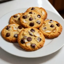 To make delicious coconut chocolate chunk cookies, you need the right ingredients. Here’s what to gather: - 1 cup all-purpose flour - 1/2 cup shredded unsweetened coconut - 1/2 teaspoon baking soda - 1/4 teaspoon salt - 1/2 cup unsalted butter, softened - 1/3 cup brown sugar, packed - 1/3 cup granulated sugar - 1 large egg - 1 teaspoon vanilla extract - 3/4 cup semi-sweet chocolate chunks - 1/2 cup chopped macadamia nuts (optional) These ingredients work together to create a sweet, chewy cookie. The shredded coconut adds a nice texture and flavor. The chocolate chunks melt beautifully, providing a rich taste. If you want a nutty crunch, add macadamia nuts. They pair well with chocolate and coconut. Always use fresh ingredients for the best results. Happy baking! {{ingredient_image_1}} First, set your oven to 350°F (175°C). This helps the cookies bake evenly. While the oven heats, line a baking sheet with parchment paper. This makes cleanup easier and helps prevent sticking. In a medium bowl, add 1 cup of all-purpose flour, 1/2 cup of shredded unsweetened coconut, 1/2 teaspoon of baking soda, and 1/4 teaspoon of salt. Whisk these ingredients together well. Make sure there are no lumps. Set this bowl aside for later. In a large bowl, take 1/2 cup of softened unsalted butter. Add 1/3 cup of brown sugar and 1/3 cup of granulated sugar. Beat these together until the mixture is light and fluffy. This should take about 2-3 minutes. The sugars help add sweetness and texture. Next, crack 1 large egg into the butter and sugar mixture. Pour in 1 teaspoon of vanilla extract. Mix until everything is well combined. Slowly add the dry mixture to the wet mixture. Stir until just combined. Avoid overmixing to keep your cookies soft. Now, it’s time for the fun part! Fold in 3/4 cup of semi-sweet chocolate chunks. If you like nuts, add 1/2 cup of chopped macadamia nuts. Gently mix until the chocolate and nuts are evenly spread throughout the dough. This adds flavor and crunch. Using a tablespoon or cookie scoop, drop rounded balls of dough onto your prepared baking sheet. Space them about 2 inches apart. Bake the cookies in your preheated oven for 10-12 minutes. Look for lightly golden edges and slightly underbaked centers. This keeps them chewy. After baking, allow the cookies to cool on the sheet for about 5 minutes. Then, transfer them to a wire rack to cool completely. Enjoy your delicious coconut chocolate chunk cookies! To get cookies that are soft and chewy, follow these tips: - Use soft butter, not melted. This helps create a light texture. - Do not over-mix the dough after adding dry ingredients. Stir until just combined. - Bake until the edges are golden. The centers should look a bit underbaked. These steps ensure that your cookies remain soft and tender. You can customize the recipe easily. Here are some ideas: - Swap all-purpose flour with gluten-free flour for a gluten-free option. - Use coconut oil instead of butter for a dairy-free choice. - Replace semi-sweet chocolate with dark chocolate for a richer taste. - Try chopped pecans or walnuts in place of macadamia nuts. These substitutions keep the cookies delicious and fun! Baking cookies can be tricky, but these tips help: - Always preheat your oven. It ensures even baking. - Use parchment paper to prevent sticking and make cleanup easier. - Space cookies about 2 inches apart. This allows them to spread without sticking. - Let cookies cool on the sheet before moving them to a rack. This helps them set. Following these tips gives you the best cookies every time! Pro Tips Chill the Dough: For thicker cookies, refrigerate the dough for at least 30 minutes before baking. This helps the cookies maintain their shape and enhances their flavor. Use Fresh Ingredients: Ensure your baking soda and spices are fresh for the best rise and flavor. Stale ingredients can lead to flat or bland cookies. Experiment with Add-ins: Feel free to customize the recipe by adding dried fruits or different nuts. Each variation can create a new flavor profile. Don’t Overbake: Cookies will continue to cook on the baking sheet after being removed from the oven. Take them out when the edges are golden and the centers look slightly underbaked for a chewy texture. {{image_2}} You can change the flavor and crunch by adding different nuts. Try walnuts, pecans, or almonds. Each nut brings a unique taste. For a tropical twist, add more macadamia nuts. They pair well with coconut and chocolate. Just chop them into smaller pieces for even mixing. Switching the chocolate can change the cookie's taste. Dark chocolate offers a rich, bold flavor. It balances well with the sweet cookie. White chocolate gives a creamier, sweeter bite. You can mix both types for a fun twist! Use the same amount as semi-sweet chunks for a tasty treat. Dried fruits add natural sweetness and chewiness. Consider adding raisins, cranberries, or chopped apricots. They complement the coconut nicely. You can also mix in seeds like sunflower or pumpkin for added crunch. Just remember to keep the total mix-ins to about one cup. This keeps the dough balanced. Store your coconut chocolate chunk cookies in an airtight container. This keeps them fresh and soft. Place parchment paper between layers to prevent sticking. For added freshness, keep them in a cool, dry spot. To freeze, let the cookies cool completely. Then, place them in a single layer on a baking sheet. Freeze until firm. Once frozen, transfer them to a freezer bag. Squeeze out the air and seal tightly. You can store them for up to three months. Coconut chocolate chunk cookies last about a week at room temperature. If stored properly, they will stay fresh. If you freeze them, they can last for three months. Just thaw them at room temperature when you want to enjoy. Yes, you can. Use gluten-free flour instead of all-purpose flour. Make sure it has a good blend. This change will keep the texture nice. The cookies may taste slightly different, but they will still be tasty. To make softer cookies, use more butter or add an extra egg yolk. You can also bake them for a shorter time. Check the cookies when they look a bit underbaked. They will continue to cook on the baking sheet. You can swap macadamia nuts for walnuts or pecans. You can also skip the nuts altogether if you prefer. Chocolate chips work well too, adding extra chocolate flavor. Yes, you can make the dough ahead. Just wrap it tightly in plastic wrap and chill it. You can store it in the fridge for up to three days. When ready, scoop and bake as usual. Look for lightly golden edges and a soft center. The cookies will firm up as they cool. If the edges are brown, you may have baked them too long. This blog post shared a simple cookie recipe, covering key ingredients and steps. You learned how to prepare, mix, and bake these delicious treats. I also included tips, variations, and storage methods to suit your taste. Remember, baking can be fun and creative. Use ingredients you love and feel free to make changes. Enjoy your cookies fresh, share them with friends, and savor every bite!