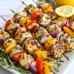 - 1.5 lbs boneless, skinless chicken breasts, cut into 1-inch cubes - 1/4 cup olive oil - Zest of 1 lemon - Juice of 2 lemons - 3 cloves garlic, minced - 1 tablespoon fresh rosemary, chopped - 1 tablespoon fresh thyme, chopped - Salt and pepper, to taste - 1 red bell pepper, cut into 1-inch pieces - 1 yellow bell pepper, cut into 1-inch pieces - 1 medium red onion, cut into wedges - Skewers (soaked in water for 30 min if wooden) You can swap chicken for shrimp or tofu for a different dish. Olive oil works, but you can use avocado oil too. Fresh herbs add great taste, but dried herbs can work in a pinch. Use lemon juice from a bottle if fresh lemons are not available. For the veggies, try zucchini or mushrooms instead of peppers. Feel free to mix and match as you like. When choosing chicken, look for bright pink color and no smell. The meat should feel firm but not hard. For the best lemons, pick ones that are heavy for their size. A firm lemon means more juice. Choose vibrant peppers without blemishes. For onions, pick ones with a smooth skin and no soft spots. Fresh herbs should feel crisp and smell strong. Always inspect your ingredients to ensure quality. {{ingredient_image_1}} To start, gather a large bowl. In this bowl, mix together 1/4 cup olive oil, the zest of 1 lemon, and the juice of 2 lemons. Add 3 minced garlic cloves, 1 tablespoon chopped rosemary, and 1 tablespoon chopped thyme. Sprinkle in some salt and pepper to taste. This mix gives your chicken a bright flavor. Cut 1.5 pounds of boneless, skinless chicken breasts into 1-inch cubes. Add the chicken to the marinade, making sure each piece is coated well. Cover the bowl with plastic wrap. Place it in the fridge for at least 30 minutes. If you want more flavor, let it marinate for up to 2 hours. While the chicken marinates, it’s time to prepare the skewers. If you use wooden skewers, soak them in water for about 30 minutes. This helps prevent burning on the grill. After that, take the marinated chicken out of the fridge. Thread the chicken onto the skewers. Alternate the chicken with pieces of red and yellow bell peppers and onion wedges. This adds color and flavor to your kabobs. Next, preheat your grill to medium-high heat. Once hot, place the skewers on the grill. Cook them for about 12-15 minutes. Turn them occasionally to ensure even cooking. Make sure the chicken reaches an internal temperature of 165°F (75°C). This guarantees your chicken is safe to eat. After grilling, remove the kabobs and let them rest for a few minutes. This step lets the juices flow back into the meat, making it juicy and flavorful. Serve the kabobs with fresh lemon wedges and herbs for a beautiful presentation. To get juicy chicken in your kabobs, use fresh chicken. Cut it into 1-inch cubes. Marinate it in the lemon-herb mix for at least 30 minutes. If you have time, let it sit longer, up to two hours. This helps the flavors soak in. The olive oil in the marinade helps keep the chicken moist while grilling. Set your grill to medium-high heat. This is key for cooking chicken evenly. If the heat is too low, the chicken will dry out. If it's too high, the outside will burn before the inside cooks. Aim for a temperature around 400°F (200°C). Cook the kabobs for about 12-15 minutes. Turn them occasionally for even cooking. Use a meat thermometer to check the chicken’s internal temperature. It should reach 165°F (75°C) for safety. Let the kabobs rest for a few minutes after cooking. This helps the juices spread throughout the chicken, increasing flavor and tenderness. Pro Tips Marinate Longer for Flavor: For the best flavor, marinate the chicken for at least 2 hours, or even overnight if you can. This allows the herbs and lemon to penetrate the meat deeply. Use Fresh Herbs: Fresh herbs like rosemary and thyme make a significant difference in flavor compared to dried. Opt for fresh whenever possible for the best taste. Skewer Variation: Feel free to add other vegetables like zucchini or cherry tomatoes to your kabobs for more color and flavor. Just make sure to cut them into similar sizes for even cooking. Rest Before Serving: Let the kabobs rest for a few minutes after grilling. This helps the juices redistribute, making the chicken more succulent and flavorful. {{image_2}} You can mix up the flavors with different ingredients. Try using lime juice instead of lemon. This adds a fresh twist. You can also swap in herbs like basil or oregano. These herbs pair well with chicken and enhance the taste. For added spice, consider adding chili flakes or fresh jalapeños. You can easily make these kabobs vegetarian or vegan. Replace the chicken with firm tofu or tempeh. Marinate them just like the chicken for great flavor. You can also use hearty veggies like zucchini, mushrooms, and eggplant. These add texture and taste to your kabobs. When serving, present the kabobs on a colorful platter. Add fresh lemon wedges for a pop of color. You can also garnish with sprigs of rosemary or thyme. For sides, consider garlic lemon rice or a fresh green salad. Both complement the kabobs well and create a balanced meal. After enjoying your lemon herb grilled chicken kabobs, store leftovers in an airtight container. Let the kabobs cool to room temperature first. This helps keep them fresh and tasty. Place the container in the fridge. Your kabobs will stay good for about three days. To reheat your kabobs, you can use the oven or a grill. Preheat your oven to 350°F (175°C). Place kabobs on a baking sheet. Heat them for about 10-15 minutes. If using a grill, warm them over low heat for about 5-7 minutes. Make sure they are hot all the way through. Freezing is a great option if you have extra kabobs. Place them in a freezer-safe bag or container. Make sure to remove as much air as possible. Properly stored, the kabobs can last for up to three months in the freezer. To enjoy later, thaw them in the fridge overnight before reheating. You should marinate the chicken for at least 30 minutes. This time allows the flavors to soak in. If you have more time, let it sit for up to 2 hours. Longer marination gives a richer taste and tender meat. A medium-high heat is perfect for chicken kabobs. This temperature helps cook the chicken evenly. It also gives a nice char without burning. Aim for about 375°F to 450°F (190°C to 230°C) on your grill. Yes, you can use other meats for kabobs. Beef, lamb, and shrimp work great. Just adjust the cooking time based on the type of meat. Each meat has its own cooking temperature and time for the best taste. Check the chicken with a meat thermometer. It should reach an internal temperature of 165°F (75°C). This temperature ensures the chicken is safe to eat. If you don’t have a thermometer, cut a piece and check that the juices run clear. Lemon Herb Grilled Chicken Kabobs pair well with many sides. Some great options are garlic lemon rice or a fresh salad. You can also serve them with grilled vegetables for a colorful plate. Each side adds flavor and balance to your meal. In this article, I covered the key steps to make delicious lemon herb grilled chicken kabobs. We explored necessary ingredients, including tips for freshness and substitutions. I detailed marinating, skewer prep, and grilling techniques. Plus, I shared how to keep your kabobs juicy and perfect. Remember, you can mix flavors and choose vegetarian options. With the right storage and reheating tips, your kabobs will stay tasty. Cooking is fun, so enjoy making and sharing your kabobs!