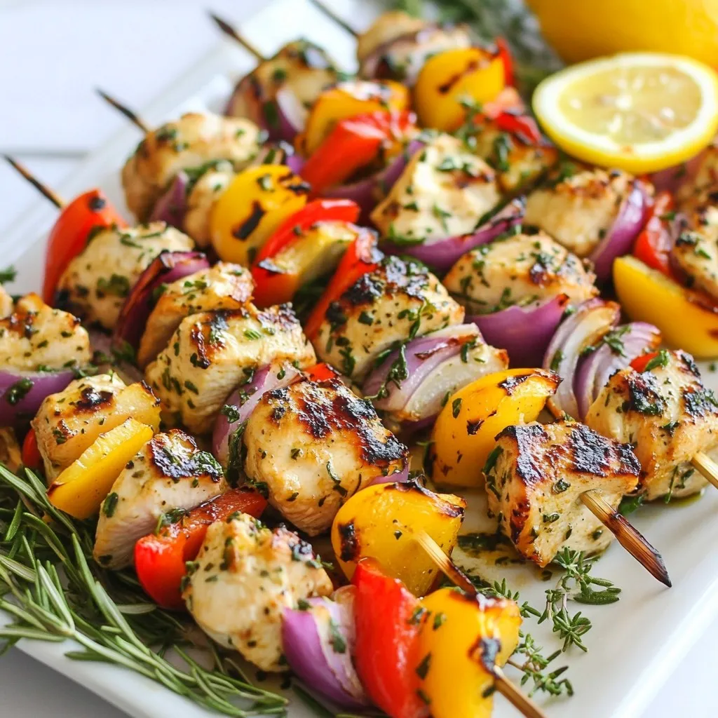- 1.5 lbs boneless, skinless chicken breasts, cut into 1-inch cubes - 1/4 cup olive oil - Zest of 1 lemon - Juice of 2 lemons - 3 cloves garlic, minced - 1 tablespoon fresh rosemary, chopped - 1 tablespoon fresh thyme, chopped - Salt and pepper, to taste - 1 red bell pepper, cut into 1-inch pieces - 1 yellow bell pepper, cut into 1-inch pieces - 1 medium red onion, cut into wedges - Skewers (soaked in water for 30 min if wooden) You can swap chicken for shrimp or tofu for a different dish. Olive oil works, but you can use avocado oil too. Fresh herbs add great taste, but dried herbs can work in a pinch. Use lemon juice from a bottle if fresh lemons are not available. For the veggies, try zucchini or mushrooms instead of peppers. Feel free to mix and match as you like. When choosing chicken, look for bright pink color and no smell. The meat should feel firm but not hard. For the best lemons, pick ones that are heavy for their size. A firm lemon means more juice. Choose vibrant peppers without blemishes. For onions, pick ones with a smooth skin and no soft spots. Fresh herbs should feel crisp and smell strong. Always inspect your ingredients to ensure quality. {{ingredient_image_1}} To start, gather a large bowl. In this bowl, mix together 1/4 cup olive oil, the zest of 1 lemon, and the juice of 2 lemons. Add 3 minced garlic cloves, 1 tablespoon chopped rosemary, and 1 tablespoon chopped thyme. Sprinkle in some salt and pepper to taste. This mix gives your chicken a bright flavor. Cut 1.5 pounds of boneless, skinless chicken breasts into 1-inch cubes. Add the chicken to the marinade, making sure each piece is coated well. Cover the bowl with plastic wrap. Place it in the fridge for at least 30 minutes. If you want more flavor, let it marinate for up to 2 hours. While the chicken marinates, it’s time to prepare the skewers. If you use wooden skewers, soak them in water for about 30 minutes. This helps prevent burning on the grill. After that, take the marinated chicken out of the fridge. Thread the chicken onto the skewers. Alternate the chicken with pieces of red and yellow bell peppers and onion wedges. This adds color and flavor to your kabobs. Next, preheat your grill to medium-high heat. Once hot, place the skewers on the grill. Cook them for about 12-15 minutes. Turn them occasionally to ensure even cooking. Make sure the chicken reaches an internal temperature of 165°F (75°C). This guarantees your chicken is safe to eat. After grilling, remove the kabobs and let them rest for a few minutes. This step lets the juices flow back into the meat, making it juicy and flavorful. Serve the kabobs with fresh lemon wedges and herbs for a beautiful presentation. To get juicy chicken in your kabobs, use fresh chicken. Cut it into 1-inch cubes. Marinate it in the lemon-herb mix for at least 30 minutes. If you have time, let it sit longer, up to two hours. This helps the flavors soak in. The olive oil in the marinade helps keep the chicken moist while grilling. Set your grill to medium-high heat. This is key for cooking chicken evenly. If the heat is too low, the chicken will dry out. If it's too high, the outside will burn before the inside cooks. Aim for a temperature around 400°F (200°C). Cook the kabobs for about 12-15 minutes. Turn them occasionally for even cooking. Use a meat thermometer to check the chicken’s internal temperature. It should reach 165°F (75°C) for safety. Let the kabobs rest for a few minutes after cooking. This helps the juices spread throughout the chicken, increasing flavor and tenderness. Pro Tips Marinate Longer for Flavor: For the best flavor, marinate the chicken for at least 2 hours, or even overnight if you can. This allows the herbs and lemon to penetrate the meat deeply. Use Fresh Herbs: Fresh herbs like rosemary and thyme make a significant difference in flavor compared to dried. Opt for fresh whenever possible for the best taste. Skewer Variation: Feel free to add other vegetables like zucchini or cherry tomatoes to your kabobs for more color and flavor. Just make sure to cut them into similar sizes for even cooking. Rest Before Serving: Let the kabobs rest for a few minutes after grilling. This helps the juices redistribute, making the chicken more succulent and flavorful. {{image_2}} You can mix up the flavors with different ingredients. Try using lime juice instead of lemon. This adds a fresh twist. You can also swap in herbs like basil or oregano. These herbs pair well with chicken and enhance the taste. For added spice, consider adding chili flakes or fresh jalapeños. You can easily make these kabobs vegetarian or vegan. Replace the chicken with firm tofu or tempeh. Marinate them just like the chicken for great flavor. You can also use hearty veggies like zucchini, mushrooms, and eggplant. These add texture and taste to your kabobs. When serving, present the kabobs on a colorful platter. Add fresh lemon wedges for a pop of color. You can also garnish with sprigs of rosemary or thyme. For sides, consider garlic lemon rice or a fresh green salad. Both complement the kabobs well and create a balanced meal. After enjoying your lemon herb grilled chicken kabobs, store leftovers in an airtight container. Let the kabobs cool to room temperature first. This helps keep them fresh and tasty. Place the container in the fridge. Your kabobs will stay good for about three days. To reheat your kabobs, you can use the oven or a grill. Preheat your oven to 350°F (175°C). Place kabobs on a baking sheet. Heat them for about 10-15 minutes. If using a grill, warm them over low heat for about 5-7 minutes. Make sure they are hot all the way through. Freezing is a great option if you have extra kabobs. Place them in a freezer-safe bag or container. Make sure to remove as much air as possible. Properly stored, the kabobs can last for up to three months in the freezer. To enjoy later, thaw them in the fridge overnight before reheating. You should marinate the chicken for at least 30 minutes. This time allows the flavors to soak in. If you have more time, let it sit for up to 2 hours. Longer marination gives a richer taste and tender meat. A medium-high heat is perfect for chicken kabobs. This temperature helps cook the chicken evenly. It also gives a nice char without burning. Aim for about 375°F to 450°F (190°C to 230°C) on your grill. Yes, you can use other meats for kabobs. Beef, lamb, and shrimp work great. Just adjust the cooking time based on the type of meat. Each meat has its own cooking temperature and time for the best taste. Check the chicken with a meat thermometer. It should reach an internal temperature of 165°F (75°C). This temperature ensures the chicken is safe to eat. If you don’t have a thermometer, cut a piece and check that the juices run clear. Lemon Herb Grilled Chicken Kabobs pair well with many sides. Some great options are garlic lemon rice or a fresh salad. You can also serve them with grilled vegetables for a colorful plate. Each side adds flavor and balance to your meal. In this article, I covered the key steps to make delicious lemon herb grilled chicken kabobs. We explored necessary ingredients, including tips for freshness and substitutions. I detailed marinating, skewer prep, and grilling techniques. Plus, I shared how to keep your kabobs juicy and perfect. Remember, you can mix flavors and choose vegetarian options. With the right storage and reheating tips, your kabobs will stay tasty. Cooking is fun, so enjoy making and sharing your kabobs!