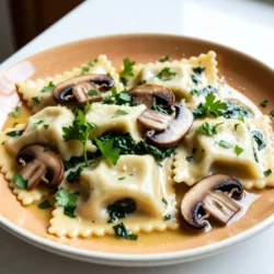 - 1 package (9 oz) fresh or frozen mushroom ravioli - 4 tablespoons unsalted butter - 3 cloves garlic, minced - 1 cup cremini mushrooms, sliced - 1/2 cup spinach leaves For this dish, I love using fresh or frozen mushroom ravioli. The pasta is soft and fills your mouth with flavor. Unsalted butter adds richness, and minced garlic brings a strong taste. I often use cremini mushrooms for their earthy flavor. Spinach leaves add a nice green touch. - 1/4 teaspoon crushed red pepper flakes - 1/4 cup grated Parmesan cheese - Fresh parsley, chopped You can add crushed red pepper flakes for a kick. Parmesan cheese brings out the taste of the dish. Fresh parsley not only looks great but adds freshness too. - Salt and pepper to taste Season with salt and pepper to make the flavors pop. Adjust the amounts to your liking. This simple step can elevate your meal. {{ingredient_image_1}} To start, fill a large pot with water. Add a pinch of salt to the water. Place the pot on the stove and bring it to a boil. Once the water is boiling, gently add the mushroom ravioli. Cook them according to the package instructions. You will know the ravioli is done when they float to the surface. Let them cook for an extra 1-2 minutes for the best texture. After cooking, carefully drain the ravioli in a colander. Set them aside while you make the sauce. In a large skillet, place it over medium heat. Add 4 tablespoons of unsalted butter to the skillet. Allow the butter to melt completely. Once the butter is melted, add 3 cloves of minced garlic. SautΓ© the garlic for 1-2 minutes. Be careful not to let the garlic turn brown. Brown garlic can taste bitter and ruin the sauce. Now, itβs time to add flavor. Toss in 1 cup of sliced cremini mushrooms. Season with salt and pepper. SautΓ© the mushrooms for about 4-5 minutes. They should become tender and release their juices. Next, stir in 1/2 cup of fresh spinach leaves. Cook until the spinach wilts, which should take around 2 minutes. If you like a bit of heat, now is the time to sprinkle in 1/4 teaspoon of crushed red pepper flakes. Finally, gently add the drained ravioli to the skillet. Toss everything together. Make sure the ravioli get coated in that rich garlic butter sauce. To boost the garlic butter flavor, try adding some lemon zest. It gives a fresh taste. You can also mix in a touch of white wine while cooking. This adds depth to the dish. Adjust the salt and pepper to suit your taste. If you like heat, add more crushed red pepper flakes. Start small, then taste and add more if needed. To prevent ravioli from sticking, stir gently when you first add them to boiling water. Make sure the water is at a full boil before you add them. Use a slotted spoon to remove them once they float. This means they are done. For tools, use a large pot for boiling and a skillet for the sauce. A slotted spoon helps with easy serving. For sides, a simple green salad pairs well. Garlic bread is also a great choice. To plate the ravioli, use warm plates. This keeps the dish hot longer. Drizzle extra garlic butter on top for a nice touch. Sprinkle more Parmesan and parsley for color. It makes your meal look as good as it tastes! Pro Tips Use Fresh Ingredients: Fresh mushrooms and spinach will elevate the flavor of your dish. Always choose quality ingredients for the best results. Donβt Overcook the Ravioli: Keep an eye on the ravioli while they cook; they should float to the top and only need an additional minute or two. Overcooking can make them mushy. Customize Your Seasoning: Feel free to experiment with herbs and spices. Adding fresh thyme or basil can enhance the dishβs aroma and flavor. Save Some Pasta Water: Before draining the ravioli, reserve a bit of the pasta cooking water. It can help adjust the consistency of the sauce if needed. {{image_2}} You can swap the mushroom ravioli for other types of ravioli. Try cheese or spinach ravioli for a different taste. For the sauce, you can use olive oil instead of butter for a lighter option. If you want a vegetarian dish, skip the butter and use plant-based alternatives. For a vegan twist, choose vegan ravioli and a dairy-free cheese. To change the flavor, think about adding other vegetables. Bell peppers, zucchini, or asparagus work well. You can also add proteins like chicken or shrimp for extra nutrition. Use herbs like thyme or basil to add fresh notes. Spices like black pepper or smoked paprika can give a fun kick. In spring, add fresh peas to your dish. They add sweetness and a nice crunch. For fall, butternut squash brings warmth and creaminess. Just sautΓ© the squash until tender and mix it in with the ravioli. These twists keep your meal fun and seasonal! To keep your garlic butter mushroom ravioli fresh, store it in an airtight container. Make sure to let it cool before sealing. Place it in the fridge and enjoy it within 3 days for the best taste. If you want to keep it longer, consider freezing. You can freeze both uncooked and cooked ravioli. If freezing uncooked ravioli, lay them flat on a baking sheet first. Once frozen, transfer them to a bag. This keeps them from sticking together. For cooked ravioli, let them cool before freezing. To thaw, simply place the frozen ravioli in the fridge overnight. For quick reheating, boil them in water for 2-3 minutes or microwave them until warm. Leftover garlic butter mushroom ravioli can become a baked dish. Just layer them in a baking dish with cheese and bake until golden. You can also slice them into pieces and add them to salads. They work well in soups, adding flavor and texture. Cooking mushroom ravioli takes about 10 minutes. Start by boiling salted water. Once it boils, add the ravioli. They will float when done. After they float, cook for 1-2 more minutes. Drain the ravioli and set them aside. This method ensures they are tender and ready to soak up the garlic butter sauce. Yes, you can use frozen ravioli directly from the freezer. Do not thaw them first. Just add them to boiling salted water. They may take a minute or two longer to cook than fresh ravioli. Follow the package instructions for the best results. This makes dinner quick and easy with frozen options. Garlic butter mushroom ravioli pairs well with many sides. Consider a fresh green salad for a light touch. Garlic bread adds a nice crunch to the meal. Steamed vegetables, like broccoli or asparagus, complement the dish well. You may also serve a light soup, like minestrone, for a complete dinner. You learned how to make a delicious garlic butter mushroom ravioli dish. We covered key ingredients like mushroom ravioli, butter, and garlic. I shared tips to enhance flavor and how to avoid sticking while cooking. Remember, you can play with this recipe by adding different veggies or proteins to suit your taste. Finally, store leftovers properly to enjoy this meal later. Cooking can be fun and creative. Enjoy your tasty ravioli!