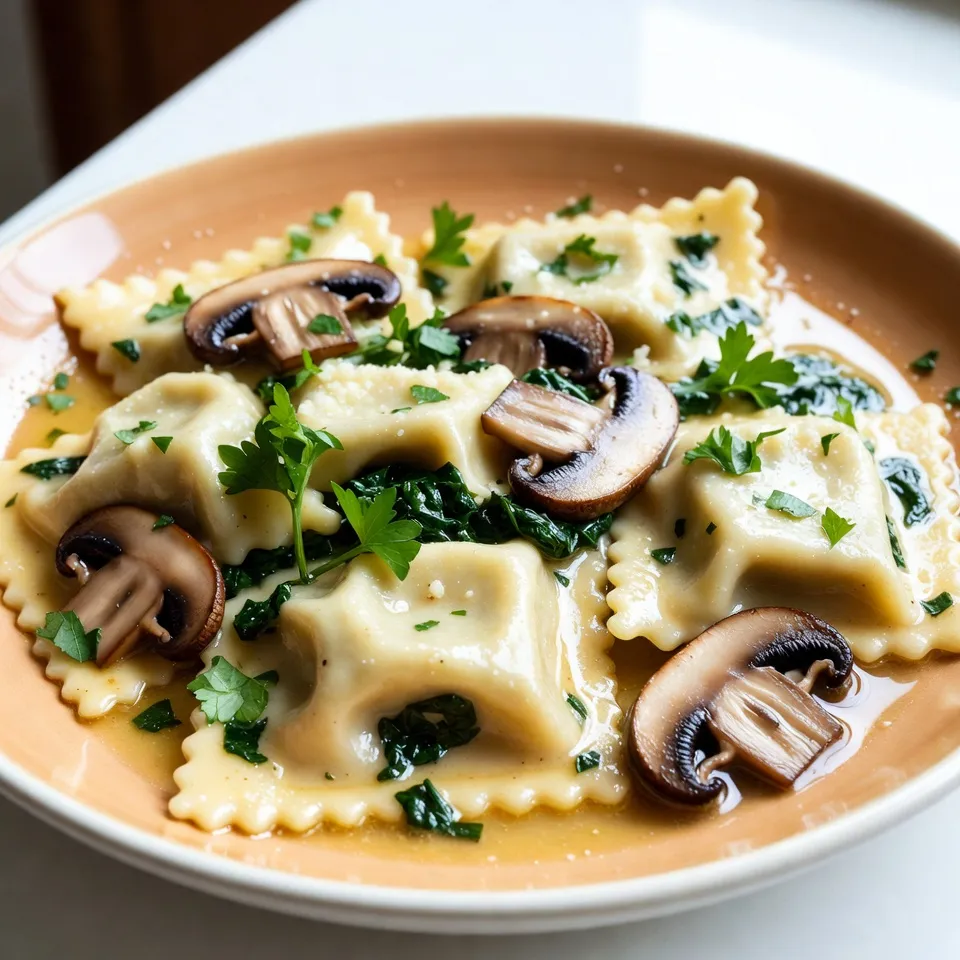 - 1 package (9 oz) fresh or frozen mushroom ravioli - 4 tablespoons unsalted butter - 3 cloves garlic, minced - 1 cup cremini mushrooms, sliced - 1/2 cup spinach leaves For this dish, I love using fresh or frozen mushroom ravioli. The pasta is soft and fills your mouth with flavor. Unsalted butter adds richness, and minced garlic brings a strong taste. I often use cremini mushrooms for their earthy flavor. Spinach leaves add a nice green touch. - 1/4 teaspoon crushed red pepper flakes - 1/4 cup grated Parmesan cheese - Fresh parsley, chopped You can add crushed red pepper flakes for a kick. Parmesan cheese brings out the taste of the dish. Fresh parsley not only looks great but adds freshness too. - Salt and pepper to taste Season with salt and pepper to make the flavors pop. Adjust the amounts to your liking. This simple step can elevate your meal. {{ingredient_image_1}} To start, fill a large pot with water. Add a pinch of salt to the water. Place the pot on the stove and bring it to a boil. Once the water is boiling, gently add the mushroom ravioli. Cook them according to the package instructions. You will know the ravioli is done when they float to the surface. Let them cook for an extra 1-2 minutes for the best texture. After cooking, carefully drain the ravioli in a colander. Set them aside while you make the sauce. In a large skillet, place it over medium heat. Add 4 tablespoons of unsalted butter to the skillet. Allow the butter to melt completely. Once the butter is melted, add 3 cloves of minced garlic. SautΓ© the garlic for 1-2 minutes. Be careful not to let the garlic turn brown. Brown garlic can taste bitter and ruin the sauce. Now, itβs time to add flavor. Toss in 1 cup of sliced cremini mushrooms. Season with salt and pepper. SautΓ© the mushrooms for about 4-5 minutes. They should become tender and release their juices. Next, stir in 1/2 cup of fresh spinach leaves. Cook until the spinach wilts, which should take around 2 minutes. If you like a bit of heat, now is the time to sprinkle in 1/4 teaspoon of crushed red pepper flakes. Finally, gently add the drained ravioli to the skillet. Toss everything together. Make sure the ravioli get coated in that rich garlic butter sauce. To boost the garlic butter flavor, try adding some lemon zest. It gives a fresh taste. You can also mix in a touch of white wine while cooking. This adds depth to the dish. Adjust the salt and pepper to suit your taste. If you like heat, add more crushed red pepper flakes. Start small, then taste and add more if needed. To prevent ravioli from sticking, stir gently when you first add them to boiling water. Make sure the water is at a full boil before you add them. Use a slotted spoon to remove them once they float. This means they are done. For tools, use a large pot for boiling and a skillet for the sauce. A slotted spoon helps with easy serving. For sides, a simple green salad pairs well. Garlic bread is also a great choice. To plate the ravioli, use warm plates. This keeps the dish hot longer. Drizzle extra garlic butter on top for a nice touch. Sprinkle more Parmesan and parsley for color. It makes your meal look as good as it tastes! Pro Tips Use Fresh Ingredients: Fresh mushrooms and spinach will elevate the flavor of your dish. Always choose quality ingredients for the best results. Donβt Overcook the Ravioli: Keep an eye on the ravioli while they cook; they should float to the top and only need an additional minute or two. Overcooking can make them mushy. Customize Your Seasoning: Feel free to experiment with herbs and spices. Adding fresh thyme or basil can enhance the dishβs aroma and flavor. Save Some Pasta Water: Before draining the ravioli, reserve a bit of the pasta cooking water. It can help adjust the consistency of the sauce if needed. {{image_2}} You can swap the mushroom ravioli for other types of ravioli. Try cheese or spinach ravioli for a different taste. For the sauce, you can use olive oil instead of butter for a lighter option. If you want a vegetarian dish, skip the butter and use plant-based alternatives. For a vegan twist, choose vegan ravioli and a dairy-free cheese. To change the flavor, think about adding other vegetables. Bell peppers, zucchini, or asparagus work well. You can also add proteins like chicken or shrimp for extra nutrition. Use herbs like thyme or basil to add fresh notes. Spices like black pepper or smoked paprika can give a fun kick. In spring, add fresh peas to your dish. They add sweetness and a nice crunch. For fall, butternut squash brings warmth and creaminess. Just sautΓ© the squash until tender and mix it in with the ravioli. These twists keep your meal fun and seasonal! To keep your garlic butter mushroom ravioli fresh, store it in an airtight container. Make sure to let it cool before sealing. Place it in the fridge and enjoy it within 3 days for the best taste. If you want to keep it longer, consider freezing. You can freeze both uncooked and cooked ravioli. If freezing uncooked ravioli, lay them flat on a baking sheet first. Once frozen, transfer them to a bag. This keeps them from sticking together. For cooked ravioli, let them cool before freezing. To thaw, simply place the frozen ravioli in the fridge overnight. For quick reheating, boil them in water for 2-3 minutes or microwave them until warm. Leftover garlic butter mushroom ravioli can become a baked dish. Just layer them in a baking dish with cheese and bake until golden. You can also slice them into pieces and add them to salads. They work well in soups, adding flavor and texture. Cooking mushroom ravioli takes about 10 minutes. Start by boiling salted water. Once it boils, add the ravioli. They will float when done. After they float, cook for 1-2 more minutes. Drain the ravioli and set them aside. This method ensures they are tender and ready to soak up the garlic butter sauce. Yes, you can use frozen ravioli directly from the freezer. Do not thaw them first. Just add them to boiling salted water. They may take a minute or two longer to cook than fresh ravioli. Follow the package instructions for the best results. This makes dinner quick and easy with frozen options. Garlic butter mushroom ravioli pairs well with many sides. Consider a fresh green salad for a light touch. Garlic bread adds a nice crunch to the meal. Steamed vegetables, like broccoli or asparagus, complement the dish well. You may also serve a light soup, like minestrone, for a complete dinner. You learned how to make a delicious garlic butter mushroom ravioli dish. We covered key ingredients like mushroom ravioli, butter, and garlic. I shared tips to enhance flavor and how to avoid sticking while cooking. Remember, you can play with this recipe by adding different veggies or proteins to suit your taste. Finally, store leftovers properly to enjoy this meal later. Cooking can be fun and creative. Enjoy your tasty ravioli!