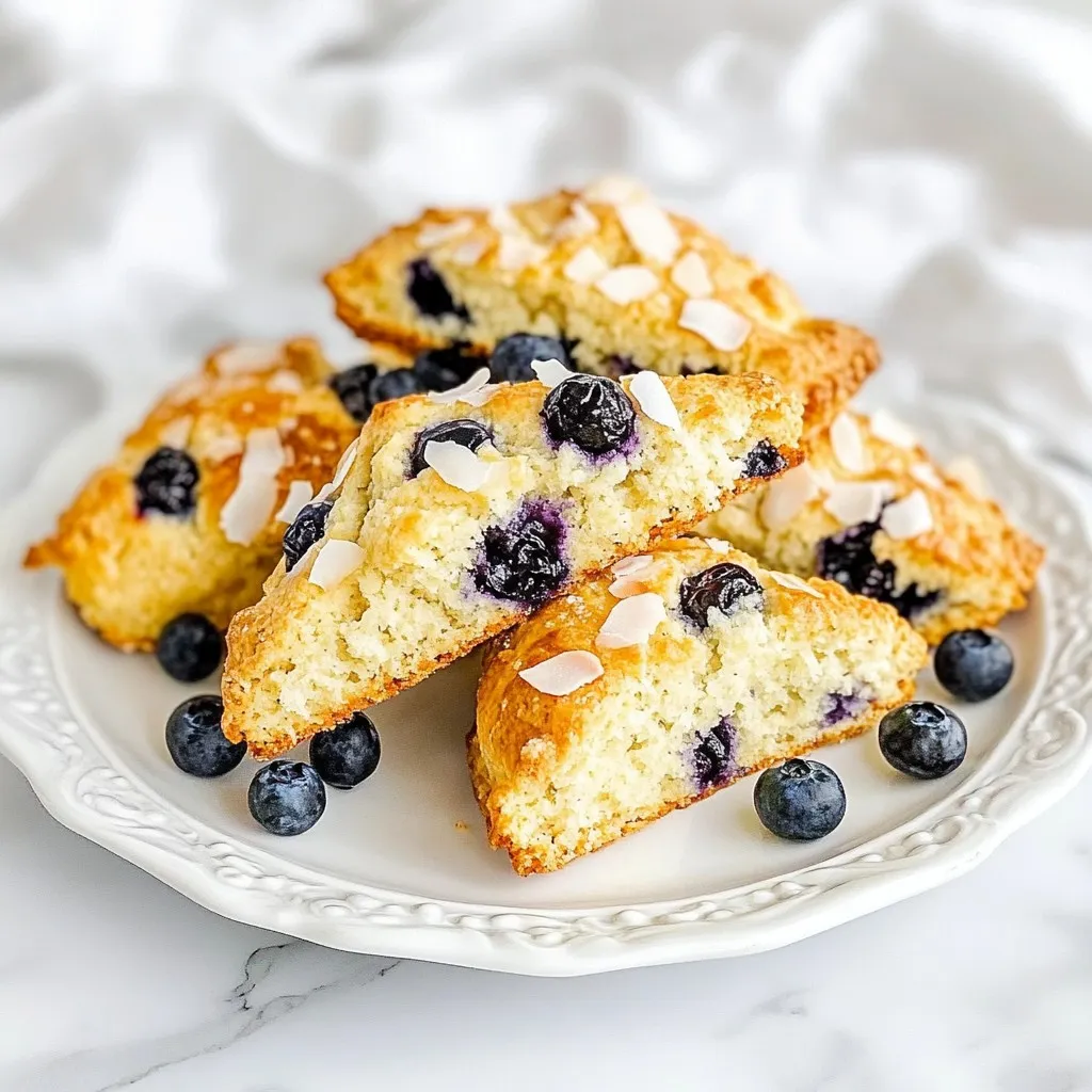 To make these delicious blueberry coconut scones, gather these items: - 2 cups all-purpose flour - 1/2 cup shredded unsweetened coconut - 1/4 cup sugar - 1 tablespoon baking powder - 1/2 teaspoon salt - 1/2 cup unsalted butter, cold and cubed - 1/2 cup full-fat coconut milk (or regular milk) - 1 large egg - 1 teaspoon vanilla extract - 1 cup fresh or frozen blueberries - Extra coconut flakes for garnish (optional) You can add a touch of extra coconut flakes on top of the scones. This adds a nice crunch and extra coconut flavor. If you want, drizzle a bit of honey or maple syrup over the warm scones for added sweetness. To keep your scones fresh, store them in an airtight container. They taste best when eaten within two days. If you need to keep them longer, freeze them. Wrap each scone tightly in plastic wrap and place them in a freezer bag. To reheat, thaw them in the fridge overnight and warm them in the oven at 350°F (175°C) for about 10 minutes. This helps restore their fresh-baked taste and texture. {{ingredient_image_1}} First, preheat your oven to 400°F (200°C). This step is key for perfect scones. While the oven heats, line a baking sheet with parchment paper. This will make cleanup easier and keep the scones from sticking. In a large bowl, whisk together the dry ingredients. You need 2 cups of flour, 1/2 cup of shredded coconut, 1/4 cup of sugar, 1 tablespoon of baking powder, and 1/2 teaspoon of salt. Mix them well to ensure even flavor. The coconut adds a nice touch and pairs well with the blueberries. In another bowl, mix 1/2 cup of coconut milk, 1 large egg, and 1 teaspoon of vanilla extract. Stir these until they blend smoothly. This mixture will bring moisture to your scone dough. Make sure to use full-fat coconut milk for a rich flavor. Now, pour the wet mixture into the dry ingredients. Stir gently until just combined. You don't want to overmix; that can make the scones tough. Gently fold in 1 cup of fresh or frozen blueberries. Then, turn the dough onto a floured surface. Pat it into a circle about 1-inch thick. Cut it into 8 equal wedges or use a round cutter for classic shapes. Place the shaped scones on the lined baking sheet. If you like, sprinkle extra coconut flakes on top for texture. Bake them for about 15-20 minutes, or until they are golden brown. Keep an eye on them; ovens can vary! After baking, take the scones out of the oven. Let them cool on a wire rack for a few minutes. This cooling time helps them set. Serve them warm for the best taste! Enjoy your delicious Blueberry Coconut Scones! To get the best texture for your scones, use cold butter. When you mix it into the flour, it should stay in small pieces. This helps create a flaky scone. After mixing, do not overwork the dough. You want it to be soft and slightly sticky. If you find it too dry, add a bit more coconut milk. If you like sweeter scones, add more sugar. Start with an extra tablespoon. For more coconut flavor, use a bit more shredded coconut. You can also add a pinch of cinnamon or nutmeg for warmth. If you're using frozen blueberries, let them thaw and drain a bit before mixing. This keeps your dough from getting too wet. One common mistake is overmixing the dough. This makes scones tough instead of light. Make sure your butter is cold. If it melts, it won't create the right texture. Another mistake is not preheating the oven. A hot oven helps the scones rise well. Lastly, avoid cutting the scones too small. They need space to puff up while baking. Pro Tips Use Cold Butter: Make sure your butter is very cold to achieve that flaky texture in the scones. You can even freeze the butter for a few minutes before cutting it into the flour. Don't Overmix: When combining the wet and dry ingredients, mix just until combined. Overmixing can lead to tough scones. Add Zest for Flavor: For an extra layer of flavor, consider adding a teaspoon of lemon or lime zest to the dough. Store Properly: To keep your scones fresh, store them in an airtight container at room temperature for up to 2 days, or freeze for longer storage. {{image_2}} You can mix things up with different flavors. Try adding lemon zest for a bright touch. If you want a nutty flavor, toss in some chopped almonds. You can also substitute blueberries with raspberries or chopped peaches. Each fruit brings its own charm. Coconut pairs well with many fruits, so feel free to experiment! To make these scones gluten-free, swap all-purpose flour with a gluten-free blend. Make sure it has xanthan gum for the right texture. For a vegan version, replace the butter with coconut oil. Use a flax egg instead of a regular egg. Just mix one tablespoon of flaxseed meal with three tablespoons of water. Let it sit for a few minutes to thicken. Serve these scones warm for the best taste. They pair well with fresh fruit or a dollop of whipped cream. You can also enjoy them with a cup of tea or coffee. For a twist, spread some coconut butter on top. It adds creaminess and enhances the coconut flavor. To keep your blueberry coconut scones fresh, store them in an airtight container. This helps to keep moisture in and prevents them from drying out. If you plan to eat them within a couple of days, leave them at room temperature. If you want to store them longer, put them in the fridge. They will last about a week this way. When you want to enjoy your scones again, preheat your oven to 350°F (175°C). Place the scones on a baking sheet. Heat them for about 5-10 minutes until warm. This method helps to revive their flaky texture. If you prefer, you can also microwave them for about 20-30 seconds. However, the oven method works better for texture. If you want to save your scones for later, freezing works well. First, let the scones cool completely. Then, wrap each scone in plastic wrap. Place the wrapped scones in a freezer bag. They can stay in the freezer for up to three months. When you’re ready to eat, thaw them in the fridge overnight or at room temperature for a few hours. Reheat as needed to enjoy warm. Yes, you can use frozen blueberries. They work well in this recipe. Just toss them in a little flour before adding them to the dough. This keeps them from sinking. Frozen blueberries may make the dough a bit wetter, so handle gently. You can tell the scones are done by their color. They should be golden brown on top. You can also insert a toothpick into the center. If it comes out clean, the scones are ready. Bake for about 15-20 minutes for best results. Yes, you can use regular milk. The scones will taste a bit different but still delicious. Coconut milk gives a creamy taste that pairs well with the blueberries. Feel free to use your choice based on what you have at home. These scones taste great with butter or jam. You can also serve them with clotted cream or a dollop of whipped cream. A cup of tea or coffee makes a lovely pairing, too. Enjoy them with friends or at breakfast. Leftover scones can last for about 2-3 days. Store them in an airtight container to keep them fresh. If you want to keep them longer, freeze them. They will stay good for up to 3 months in the freezer. Just reheat when ready to enjoy again. In this blog post, I shared how to make delicious blueberry coconut scones. We covered key ingredients, step-by-step instructions, and tips for perfect texture. You learned about storage and how to adjust recipes for different diets. Keep these tips in mind for the best results. Baking can be fun and rewarding, so don’t be afraid to try new flavors or share with friends. Enjoy your scones fresh and warm for the best taste!