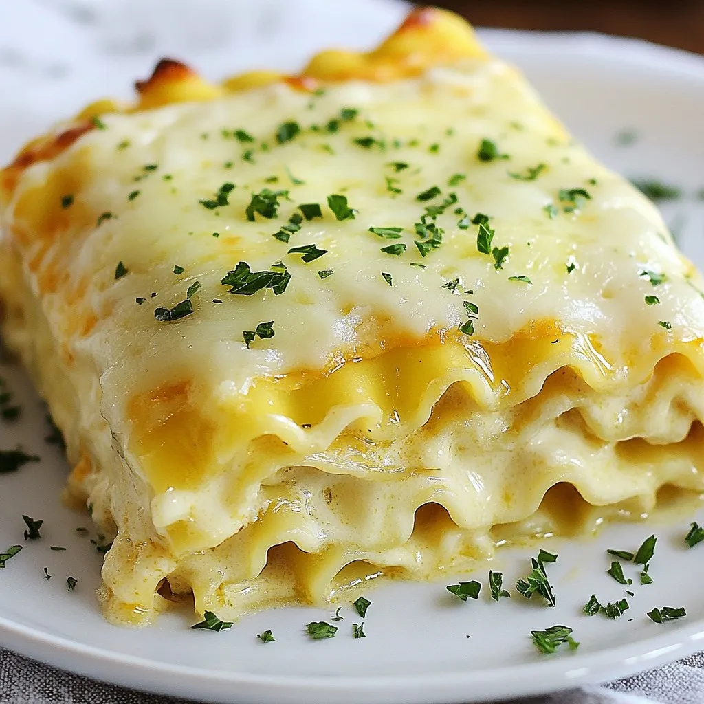 To make yummy Roasted Garlic Alfredo Lasagna Roll-Ups, you will need: - 9 lasagna noodles - 1 bulb of garlic, roasted - 2 cups ricotta cheese - 1 ½ cups mozzarella cheese, shredded - ½ cup grated Parmesan cheese - 2 cups heavy cream - 1 tablespoon olive oil - 1 teaspoon dried Italian herbs (oregano, basil, thyme) - Salt and pepper to taste Adding garnishes makes your dish look and taste even better. Here are some options: - Fresh parsley, chopped - Extra grated Parmesan cheese - A drizzle of olive oil - Red pepper flakes for a kick If you lack some ingredients, don't worry! Here are some swaps you can try: - For ricotta, use cottage cheese or cream cheese. - Swap heavy cream for half-and-half or milk for a lighter sauce. - Use any cheese you like instead of mozzarella, such as provolone or gouda. - Fresh herbs can replace dried ones; just use three times the amount. These tips help you personalize your lasagna roll-ups. Enjoy creating your perfect dish! {{ingredient_image_1}} Start by preheating your oven to 375°F (190°C). This step is key for even cooking. While the oven warms, gather all your ingredients. This makes the process smooth and fun. In a large pot, bring salted water to a boil. Add the lasagna noodles and cook them until they are al dente. This usually takes about 8-10 minutes. Drain the noodles and lay them flat on parchment paper. This keeps them from sticking together. Next, take your roasted garlic. Squeeze the cloves out of their skins into a saucepan. Add 2 cups of heavy cream and 1 tablespoon of olive oil. Use an immersion blender or whisk to mix until smooth. Heat this mixture on medium until it thickens slightly. Stir in 1 teaspoon of dried Italian herbs, salt, and pepper to taste. Remove the sauce from the heat. In a mixing bowl, combine 2 cups of ricotta cheese, 1 cup of mozzarella cheese, and ¼ cup of Parmesan cheese. Mix well until everything is combined. This filling is rich and creamy, perfect for your roll-ups. Now, it’s time to assemble. Spread a thin layer of the Alfredo sauce on the bottom of a baking dish. Take one cooked noodle and spread about 2 tablespoons of the ricotta mixture on it. Roll it up gently, placing it seam-side down in the dish. Repeat this step for all the noodles until you have a lovely row of roll-ups. Pour the remaining Alfredo sauce over the top of the roll-ups. Then, sprinkle the rest of the mozzarella and Parmesan cheese on top. Cover the dish with aluminum foil and bake for 25 minutes. After that, remove the foil. Bake for an additional 10-15 minutes, until the cheese is bubbly and golden. Enjoy the wonderful smell wafting through your kitchen! To make your Alfredo sauce smooth, roast your garlic well. Squeeze the roasted garlic into the pan with the cream. Blend it all until there are no lumps. Heat it slowly to avoid burning. Stir in dried herbs for extra flavor. Use fresh herbs if you have them; they add brightness. Always taste the sauce and adjust salt and pepper as needed. One common mistake is overcooking the noodles. Cook them al dente; they will soften more in the oven. Do not skip roasting the garlic. Raw garlic tastes harsh and can ruin the flavor. Also, avoid adding too much salt early on. You can always add more later, but you can't take it away. Lastly, don’t rush the baking. Let the cheese bubble and brown for the best texture. For a lovely presentation, stack the roll-ups neatly on a plate. Drizzle with any extra Alfredo sauce. Sprinkle chopped parsley for a pop of color. You can serve garlic bread and a light salad on the side. This adds variety and makes the meal look complete. Remember, we eat with our eyes first! Pro Tips Use Fresh Garlic: For the best flavor, always use fresh garlic instead of pre-minced. Roasting it at home will give you a sweeter, more complex taste. Prevent Sticking: After cooking the lasagna noodles, lay them flat on parchment paper to prevent them from sticking together. Adjust Thickness: If your Alfredo sauce is too thick, add a splash of pasta water to loosen it up before pouring it over the roll-ups. Garnish for Flavor: Don’t skip the fresh parsley garnish; it adds a pop of color and a fresh flavor that complements the rich lasagna. {{image_2}} You can easily add vegetables to your lasagna roll-ups. Spinach, mushrooms, and zucchini work great. Chop them finely and mix them with your ricotta filling. This adds color and nutrition to your meal. I love using sautéed spinach for a burst of flavor. For meat lovers, add protein to your roll-ups. Ground beef or sausage adds heartiness. To use chicken, shred cooked chicken and mix it into the cheese filling. You can even use cooked shrimp for a seafood twist. Just make sure to season them well. If you're feeling adventurous, try different sauces. A marinara sauce adds a nice tomato flavor. For a lighter touch, use a pesto sauce instead of Alfredo. You can also create a creamy white sauce with herbs for more depth. Each sauce gives a new taste to your roll-ups. After enjoying your Roasted Garlic Alfredo Lasagna Roll-Ups, let them cool. Place leftovers in an airtight container. Store them in the fridge for up to three days. If you use aluminum foil, make sure it’s tightly sealed to keep moisture in. To reheat, preheat your oven to 350°F (175°C). Place the roll-ups in a baking dish. Add a splash of cream or water to keep them moist. Cover with foil to avoid drying out. Heat for about 20 minutes, or until warm. You can also use a microwave, heating them in short bursts. Cover with a damp paper towel for moisture. These roll-ups freeze well, too! Wrap each roll-up in plastic wrap. Then, place them in a freezer-safe bag or container. They can last for up to three months. To cook from frozen, bake at 375°F (190°C) for about 40-50 minutes. Cover with foil for the first half of baking to keep them moist. Let them cool before serving. Yes, you can prepare these roll-ups ahead of time. Just assemble them and store them in the fridge. Cover them tightly with plastic wrap. They can stay fresh for up to two days. When ready to bake, remove the wrap and add a bit more sauce if needed. Bake as directed. You can use any cheese you like! The main ones are ricotta, mozzarella, and Parmesan. For a twist, try adding goat cheese or fontina. Each cheese brings a unique flavor and texture. Just remember to keep a balance for a creamy filling. Yes, there is! You can use gluten-free lasagna noodles. Many brands now offer great gluten-free options. Just follow the cooking directions on the package. This way, you’ll still enjoy all the flavors without gluten. To add some heat, include crushed red pepper flakes. Mix them into the Alfredo sauce or sprinkle on top before baking. You can also add diced jalapeños into the filling. Adjust the spice to your taste for the perfect kick! This blog post covered all you need for Roasted Garlic Alfredo Lasagna Roll-Ups. We explored the key ingredients, optional garnishes, and how to substitute when needed. I shared step-by-step cooking instructions and useful tips to enhance your dish. I also discussed tasty variations and proper storage for leftovers. In conclusion, you can customize this recipe to suit your taste. Enjoy making this dish that everyone will love!