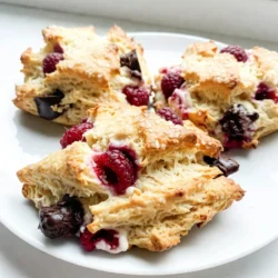 - 2 cups all-purpose flour - 1/4 cup granulated sugar - 1 tablespoon baking powder - 1/2 teaspoon salt - 1/2 cup unsalted butter, cold and cubed - 1/2 cup heavy cream - 1 large egg - 1 teaspoon vanilla extract - 1 cup fresh raspberries - 1/2 cup dark chocolate chips - Extra cream for brushing - Raw sugar for sprinkling To make Raspberry Chocolate Chip Scones, you need some basic ingredients. The flour gives the scones their body. The sugar adds a touch of sweetness. Baking powder helps them rise, giving a light texture. Salt balances the flavors and enhances sweetness. Using cold, cubed butter is key. It creates a flaky texture. The heavy cream adds richness to the dough. The egg binds everything together, resulting in a nice crumb. Vanilla extract brings warmth and flavor. Fresh raspberries add tartness and freshness. Dark chocolate chips provide a rich, sweet contrast. The extra cream for brushing gives a lovely golden finish. Finally, raw sugar on top adds a sweet crunch. Each ingredient plays a vital role in making these scones delicious. {{ingredient_image_1}} 1. Preheat the oven and prepare the baking sheet. Set your oven to 400°F (200°C). Line a baking sheet with parchment paper to prevent sticking. 2. Combine dry ingredients in a bowl. In a large bowl, mix 2 cups of all-purpose flour, 1/4 cup of granulated sugar, 1 tablespoon of baking powder, and 1/2 teaspoon of salt. Whisk until everything is well blended. 3. Incorporate the cold butter. Take 1/2 cup of cold, cubed unsalted butter. Add it to the flour mix. Use your fingers or a pastry cutter to mix until you see coarse crumbs. 1. Whisk together cream, egg, and vanilla. In another bowl, whisk together 1/2 cup of heavy cream, 1 large egg, and 1 teaspoon of vanilla extract. Mix until smooth and creamy. 1. Combine wet and dry mixtures. Pour the wet mix into the dry mix. Gently stir until just combined. Be careful not to overmix. 2. Fold in raspberries and chocolate chips. Add 1 cup of fresh raspberries and 1/2 cup of dark chocolate chips. Gently fold them in, avoiding breaking the raspberries. 3. Shape, cut, and bake the scones. Turn the dough onto a lightly floured surface. Knead it gently a few times. Pat it into a circle about 1 inch thick. Cut it into 8 wedges. Place the wedges on the baking sheet, leaving space in between. 4. Brush and sprinkle. Brush the tops of the scones with a little extra cream. Sprinkle with raw sugar for extra crunch. 5. Bake. Place the scones in the oven and bake for 20-25 minutes. They are done when golden brown and a toothpick comes out clean. Let them cool on a wire rack before serving. To make great scones, use cold ingredients. Cold butter helps create a flaky texture. I always keep my butter in the fridge until I need it. Mix the butter into the flour until it looks like coarse crumbs. Don’t rush this step. The better you mix, the better your scones will be. You can add more fun to your scones with toppings and mix-ins. Try adding nuts or a sprinkle of lemon zest. These small tweaks can change the taste a lot. When serving, pair your scones with clotted cream or fresh jam. This adds a nice touch and makes each bite special. Keep an eye on the baking time. Every oven is different. Check your scones after 20 minutes. They should be golden brown and puffed up. Let the scones cool on a wire rack. Cooling helps them set and taste better. If you serve them warm, they will be extra delicious! Pro Tips Use Cold Butter: Ensure your butter is very cold for flakier scones. This helps create steam while baking, resulting in a lighter texture. Don’t Overmix: Gently combine the wet and dry ingredients. Overmixing can lead to tough scones, so stop as soon as the dough comes together. Fresh Ingredients: Use fresh raspberries for the best flavor and texture. Frozen raspberries may make the dough too wet and mushy. Brush with Cream: Brushing the tops with heavy cream before baking adds a beautiful golden color and a slight crunch to the scones. {{image_2}} You can change the taste of your scones easily. Try using different fruits, like blueberries or strawberries. Each fruit gives a new flavor twist. If you want a sweeter treat, use milk chocolate or white chocolate instead of dark chocolate. These changes make your scones fun and unique. If you need a gluten-free option, swap the all-purpose flour for a gluten-free blend. Many blends work well in scones. For a vegan version, use plant-based butter and a flax egg instead of the regular egg. Replace heavy cream with coconut cream or almond milk. These swaps keep the scones tasty while fitting your diet. To keep your scones fresh, store them in an airtight container at room temperature for up to three days. If you want to keep them longer, freeze the scones after they cool. Wrap them in plastic wrap and place them in a freezer bag. They can last for up to three months in the freezer. When you want to enjoy a scone again, reheat it in the oven for the best taste. Preheat the oven to 350°F (175°C). Place the scone on a baking sheet and heat for about 10 minutes. This warms it up and brings back its crunchy texture. You can also use a microwave, but it may make the scone soft. Raspberry chocolate chip scones stay fresh for about two days at room temperature. Make sure to store them in an airtight container. If you keep them in the fridge, they can last up to a week. Just remember to let them come to room temperature before serving for the best taste. Yes, you can use frozen raspberries! They may change the texture a bit. The scones might be a little softer. This happens because frozen berries release more juice when baked. Just fold them in gently to avoid breaking them too much. If you need a replacement for heavy cream, try using whole milk mixed with butter. For a lighter option, you can use half-and-half. For dairy-free diets, almond milk or coconut cream works well. Adjust your measurements based on the thickness you want. This post covered how to make raspberry chocolate chip scones. You learned the ingredients, steps, and tips for perfect texture and flavor. I shared fun variations and smart storage info so your scones stay fresh. You can adapt the recipe to fit your tastes or needs. Baking can be simple and fun. Enjoy making these scones for any occasion! Happy baking!