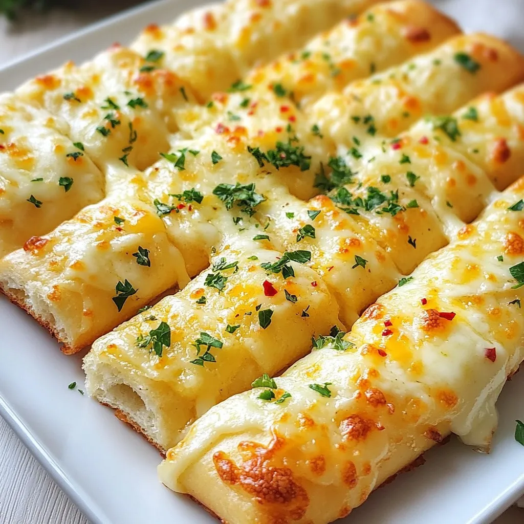 To make cheesy garlic breadsticks, you need these simple ingredients: - 2 cups all-purpose flour - 1 tablespoon instant yeast - 1 teaspoon sugar - 1 teaspoon salt - 3/4 cup warm water (about 110°F) - 2 tablespoons olive oil - 1/2 cup mozzarella cheese, shredded - 1/4 cup parmesan cheese, grated - 2 tablespoons unsalted butter, melted - 3 cloves garlic, minced - 1 tablespoon fresh parsley, chopped - 1/2 teaspoon red pepper flakes (optional) If you don't have some ingredients, here are good swaps: - Flour: Use bread flour for a chewier texture. - Instant yeast: You can use active dry yeast, but it needs proofing first. - Olive oil: Melted coconut oil works well too. - Cheese: Feel free to mix in cheddar or gouda for a different flavor. - Butter: Use margarine or a dairy-free spread if needed. I trust these brands for great flavor and quality: - Flour: King Arthur Baking Company - Yeast: Red Star or SAF Instant Yeast - Olive oil: California Olive Ranch Extra Virgin Olive Oil - Cheese: Galbani for mozzarella and Kraft for parmesan - Butter: Land O’Lakes for unsalted butter These choices help make your cheesy garlic breadsticks taste amazing! {{ingredient_image_1}} To start, grab a large mixing bowl. Add 2 cups of all-purpose flour, 1 tablespoon of instant yeast, 1 teaspoon of sugar, and 1 teaspoon of salt. Mix these dry ingredients well. Next, slowly pour in 3/4 cup of warm water and 2 tablespoons of olive oil. Stir until you see a soft dough form. Now, it’s time to knead. Sprinkle some flour on your countertop. Place the dough on this floured surface. Knead it for about 5 to 7 minutes. You want the dough to feel smooth and elastic. Once done, find a lightly greased bowl. Place the dough inside and cover it with a kitchen towel. Let it rise for 1 hour, or until it doubles in size. Kneading is key to good breadsticks. Keep your surface floured to prevent sticking. If the dough feels too wet, sprinkle a little more flour as you knead. To help the dough rise, find a warm spot in your kitchen. A sunny window or near the oven works well. If you want to speed up the rising, you can use warm water that's around 110°F. This helps activate the yeast faster. Just be careful not to make the water too hot, or it can kill the yeast. When the dough has risen, preheat your oven to 425°F (220°C). After the dough has risen, gently punch it down. Roll it out on a floured surface into a rectangle about 1/2 inch thick. Next, transfer the dough to a parchment-lined baking sheet. In a small bowl, mix melted butter, minced garlic, chopped parsley, and red pepper flakes. Brush this mixture over the rolled-out dough. Be generous! Now it’s time for cheese. Sprinkle 1/2 cup of shredded mozzarella and 1/4 cup of grated parmesan over the dough. Use a pizza cutter or knife to slice the dough into strips. Bake these in your preheated oven for about 12 to 15 minutes. Look for melted cheese and golden brown edges. After baking, let them cool for a few minutes before serving. To get soft and chewy breadsticks, knead the dough well. Kneading helps develop gluten, which gives the dough its nice stretch. Aim for about 5 to 7 minutes of kneading. Also, make sure to let the dough rise until it doubles in size. This step adds air, making the breadsticks light. One common mistake is not measuring ingredients correctly. Always use a scale or measuring cups for precision. Avoid adding too much flour. This can make the dough dry and tough. Another mistake is not letting the dough rise long enough. Be patient; a good rise is key to great breadsticks. You can boost the flavor of your breadsticks easily. Try adding herbs like oregano or basil to the dough. You can also mix in some grated cheese into the dough for extra cheesy goodness. For a spicy kick, add more red pepper flakes or even some chopped jalapeños. These simple changes make your breadsticks even more delicious! Pro Tips Perfect Dough Consistency: Ensure the dough is soft but not sticky. If it's too sticky, gradually add more flour until it’s manageable. Flavor Boost: For an extra flavor punch, consider adding Italian herbs to the garlic butter mixture. Cheese Variations: Feel free to experiment with different cheeses like cheddar or gouda for unique flavors. Serving Suggestions: Serve with warm marinara or garlic dipping sauce for added taste and appeal. {{image_2}} You can mix up the cheese to add new flavors. Use sharp cheddar for a tangy twist. Gouda gives a rich, smoky taste. For a creamier texture, try using fontina. You can even use blue cheese for a bold option. Mixing different cheeses can make your breadsticks even more fun! Besides garlic, you can add herbs and spices. Fresh basil or oregano gives a nice Italian touch. Thyme adds a warm, earthy flavor. If you want some heat, sprinkle in cayenne pepper or chili flakes. You can also add onion powder for extra depth. Get creative with flavor to find your favorite mix! If you need a gluten-free option, swap the all-purpose flour for a gluten-free blend. Look for a blend that works in bread recipes. Make sure it has xanthan gum to help with texture. Follow the rest of the recipe as is. Enjoy delicious cheesy garlic breadsticks without gluten! To keep leftover breadsticks fresh, wrap them in plastic wrap or foil. Store them in an airtight container at room temperature. This keeps them soft for up to two days. If you want them to last longer, move them to the fridge. They can stay good for about a week this way. To reheat breadsticks, use an oven for the best taste. Preheat it to 350°F (175°C). Place the breadsticks on a baking sheet and cover them with foil. Heat for about 10-15 minutes. This warms them without making them hard. You can also use a microwave, but they may become a bit chewy. Heat for 20-30 seconds, then enjoy! Freezing is a great way to save breadsticks for later. First, let them cool completely. Then, wrap each one in plastic wrap and place them in a freezer-safe bag. They can last for up to three months. When you're ready to eat, take them out and thaw in the fridge overnight. Reheat in the oven for best results, and enjoy them fresh! Yes, you can prepare cheesy garlic breadsticks ahead of time. Make the dough and let it rise as usual. After that, you can shape the breadsticks and place them on a baking sheet. Cover the sheet with plastic wrap and store it in the fridge for up to 24 hours. When you are ready to bake, let the dough sit at room temperature for about 30 minutes. This helps the breadsticks rise again before baking. Cheesy garlic breadsticks pair well with many dishes. You can serve them with marinara sauce for dipping. They also go great with pasta dishes or salads. For a fun twist, try them with soups like tomato or minestrone. These combinations enhance the meal and make it more enjoyable. To make more cheesy garlic breadsticks, simply double the ingredients. Use 4 cups of flour, 2 tablespoons of yeast, and so on. Follow the same steps for mixing, kneading, and rising. This will yield about 24 breadsticks. Ensure you have a larger baking sheet or two to accommodate the extra dough. We covered the key steps to make cheesy garlic breadsticks. You learned about the right ingredients, helpful tips, and varied options. Following these steps ensures great taste and texture. Remember to avoid common mistakes, which can save you frustration. You can also store and reheat them for later enjoyment. With practice, you’ll master this recipe and impress your friends and family. Enjoy your cooking journey and have fun experimenting with flavors!