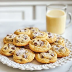 To make Eggnog Chocolate Chip Cookies, you will need: - 2 1/4 cups all-purpose flour - 1/2 teaspoon baking soda - 1 teaspoon ground nutmeg - 1/2 teaspoon ground cinnamon - 1/4 teaspoon salt - 3/4 cup unsalted butter, softened - 3/4 cup brown sugar, packed - 1/2 cup granulated sugar - 2 large eggs - 1 teaspoon vanilla extract - 1/2 cup eggnog (preferably chilled) - 1 cup semi-sweet chocolate chips - 1/2 cup chopped pecans (optional) You can add chopped pecans to your cookies for extra crunch. They pair well with the warm spices and chocolate. If you want a richer flavor, consider using dark chocolate chips instead of semi-sweet. - Flour: Use fresh all-purpose flour for the best texture. Check the date on the bag. - Spices: Fresh ground nutmeg and cinnamon make a big difference in flavor. - Butter: Choose unsalted butter for better control over the salt in your recipe. - Eggnog: Use high-quality, chilled eggnog for a creamy texture and rich taste. - Chocolate Chips: Opt for semi-sweet chocolate chips made with real cocoa for more flavor. These choices help make your cookies taste festive and delicious. {{ingredient_image_1}} First, gather all your ingredients. You need: - 2 1/4 cups all-purpose flour - 1/2 teaspoon baking soda - 1 teaspoon ground nutmeg - 1/2 teaspoon ground cinnamon - 1/4 teaspoon salt - 3/4 cup unsalted butter, softened - 3/4 cup brown sugar, packed - 1/2 cup granulated sugar - 2 large eggs - 1 teaspoon vanilla extract - 1/2 cup eggnog - 1 cup semi-sweet chocolate chips - 1/2 cup chopped pecans (optional) Next, preheat your oven to 350°F. Line two baking sheets with parchment paper. In a medium bowl, whisk the flour, baking soda, nutmeg, cinnamon, and salt. Set this bowl aside for now. In a large bowl, cream together the softened butter, brown sugar, and granulated sugar. Use an electric mixer for about 2-3 minutes until the mix is light and fluffy. Add the eggs one at a time. Mix well after each one. Then, mix in the vanilla extract and eggnog. Gradually add the dry ingredients to the wet mix. Stir until just combined to keep the cookies soft. Now, fold in the chocolate chips and pecans if you choose to use them. Use a tablespoon or a cookie scoop to drop dough onto the baking sheets. Space them about 2 inches apart. Bake in your preheated oven for 10-12 minutes. The edges should be lightly golden. The centers might look a bit underbaked; that’s okay. They will firm up as they cool. Let the cookies cool on the baking sheets for 5 minutes. Then, transfer them to a wire rack to cool completely. For a festive touch, place the cooled cookies on a platter. Dust them with powdered sugar for a snowy look. For a full holiday experience, serve with a small glass of eggnog. Enjoy the festive and delicious flavors! To bake perfect eggnog chocolate chip cookies, start with room temperature butter. This helps your dough mix well. Use a cookie scoop for even sizes. This keeps your cookies uniform. Space them two inches apart on the baking sheet. This allows them to spread without sticking together. Bake until the edges are golden but the centers look soft. They will firm up as they cool. One common mistake is overmixing the dough. Mix just until the ingredients blend. Overmixing makes cookies tough. Another mistake is not chilling the eggnog. Chilled eggnog gives better texture and flavor. Also, check your oven temperature. An oven that is too hot can burn the cookies. Always use an oven thermometer for accuracy. To boost flavor, use fresh spices like nutmeg and cinnamon. Ground spices lose strength over time. Adding chopped pecans enhances texture and flavor. If you want a richer taste, try dark chocolate chips. This pairs nicely with the eggnog. Finally, let the dough rest for 30 minutes before baking. This helps the flavors meld together. Pro Tips Chill the Dough: For an even more flavorful cookie, chill the dough for at least 30 minutes before baking. This helps the flavors meld and results in a thicker cookie. Use Fresh Spices: Freshly ground nutmeg and cinnamon can significantly enhance the flavor of your cookies. Consider using whole spices and grinding them just before use. Don’t Overbake: The cookies will continue to cook on the baking sheet after you take them out of the oven. Pull them out when the edges are golden but the centers look slightly underbaked for a soft texture. Experiment with Mix-ins: Feel free to get creative! Try adding different types of chocolate chips, dried fruits, or even a splash of bourbon to your eggnog for an adult twist. {{image_2}} You can use different liquids if you want a twist. Try milk or cream for a richer taste. For a dairy-free option, use almond or oat milk. You can also swap in coconut milk for a tropical vibe. Each choice will change the flavor, so think about what you like best. Adding different chocolates can make your cookies unique. Try dark chocolate or even white chocolate chips. You can mix in nuts too! Walnuts or hazelnuts give a nice crunch. If you want a festive touch, add some dried cranberries or cherries. They add color and a sweet burst. To make these cookies gluten-free, swap all-purpose flour for a gluten-free blend. Make sure the blend has a good structure. For a vegan version, use a flax egg instead of real eggs. Mix one tablespoon of ground flaxseed with three tablespoons of water and let it sit. Use vegan butter to replace regular butter. These swaps keep the cookies tasty while meeting different diets. To keep your eggnog chocolate chip cookies fresh, store them in an airtight container. This helps keep them soft and chewy. You can also place a piece of bread in the container. The bread adds moisture and helps prevent the cookies from drying out. Try to eat them within one week for the best taste. You can freeze these cookies for later. First, let them cool completely. Then, layer them in a freezer-safe bag or container. Place parchment paper between layers to stop them from sticking. They can last up to three months in the freezer. When you’re ready to eat, just thaw them at room temperature. To enjoy your cookies warm, reheat them in the oven. Set the oven to 350°F (175°C). Place the cookies on a baking sheet for about 5 minutes. This makes them nice and soft again. You can also use a microwave. Heat them for about 10-15 seconds. Enjoy them with a glass of eggnog for a cozy treat! Yes, you can use store-bought eggnog. It saves time and still tastes great. Look for a brand you enjoy. This keeps your cookies festive without extra work. If you make your own eggnog, that works too! Homemade adds a special touch. Cookies may spread too much if the dough is too warm. Always chill your dough for at least 30 minutes. This helps the butter firm up. Another reason could be too much sugar or not enough flour. Follow the recipe and measure carefully for the best results. These cookies stay fresh for about a week. Store them in an airtight container at room temperature. For longer storage, freeze them for up to three months. Just thaw them at room temperature before enjoying. They taste great even after freezing! In this blog post, we explored key ingredients, step-by-step baking, and helpful tips for perfect cookies. We learned about variations, storage, and answered common questions. Using quality ingredients and following these steps will lead to delicious results. Remember, practice makes perfect. Your cookies will improve with time and care. Enjoy baking and sharing your tasty creations!