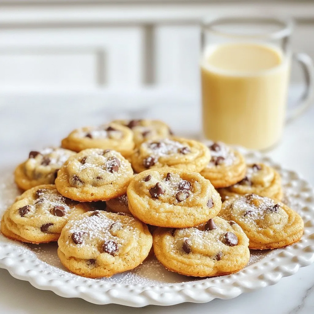 To make Eggnog Chocolate Chip Cookies, you will need: - 2 1/4 cups all-purpose flour - 1/2 teaspoon baking soda - 1 teaspoon ground nutmeg - 1/2 teaspoon ground cinnamon - 1/4 teaspoon salt - 3/4 cup unsalted butter, softened - 3/4 cup brown sugar, packed - 1/2 cup granulated sugar - 2 large eggs - 1 teaspoon vanilla extract - 1/2 cup eggnog (preferably chilled) - 1 cup semi-sweet chocolate chips - 1/2 cup chopped pecans (optional) You can add chopped pecans to your cookies for extra crunch. They pair well with the warm spices and chocolate. If you want a richer flavor, consider using dark chocolate chips instead of semi-sweet. - Flour: Use fresh all-purpose flour for the best texture. Check the date on the bag. - Spices: Fresh ground nutmeg and cinnamon make a big difference in flavor. - Butter: Choose unsalted butter for better control over the salt in your recipe. - Eggnog: Use high-quality, chilled eggnog for a creamy texture and rich taste. - Chocolate Chips: Opt for semi-sweet chocolate chips made with real cocoa for more flavor. These choices help make your cookies taste festive and delicious. {{ingredient_image_1}} First, gather all your ingredients. You need: - 2 1/4 cups all-purpose flour - 1/2 teaspoon baking soda - 1 teaspoon ground nutmeg - 1/2 teaspoon ground cinnamon - 1/4 teaspoon salt - 3/4 cup unsalted butter, softened - 3/4 cup brown sugar, packed - 1/2 cup granulated sugar - 2 large eggs - 1 teaspoon vanilla extract - 1/2 cup eggnog - 1 cup semi-sweet chocolate chips - 1/2 cup chopped pecans (optional) Next, preheat your oven to 350°F. Line two baking sheets with parchment paper. In a medium bowl, whisk the flour, baking soda, nutmeg, cinnamon, and salt. Set this bowl aside for now. In a large bowl, cream together the softened butter, brown sugar, and granulated sugar. Use an electric mixer for about 2-3 minutes until the mix is light and fluffy. Add the eggs one at a time. Mix well after each one. Then, mix in the vanilla extract and eggnog. Gradually add the dry ingredients to the wet mix. Stir until just combined to keep the cookies soft. Now, fold in the chocolate chips and pecans if you choose to use them. Use a tablespoon or a cookie scoop to drop dough onto the baking sheets. Space them about 2 inches apart. Bake in your preheated oven for 10-12 minutes. The edges should be lightly golden. The centers might look a bit underbaked; that’s okay. They will firm up as they cool. Let the cookies cool on the baking sheets for 5 minutes. Then, transfer them to a wire rack to cool completely. For a festive touch, place the cooled cookies on a platter. Dust them with powdered sugar for a snowy look. For a full holiday experience, serve with a small glass of eggnog. Enjoy the festive and delicious flavors! To bake perfect eggnog chocolate chip cookies, start with room temperature butter. This helps your dough mix well. Use a cookie scoop for even sizes. This keeps your cookies uniform. Space them two inches apart on the baking sheet. This allows them to spread without sticking together. Bake until the edges are golden but the centers look soft. They will firm up as they cool. One common mistake is overmixing the dough. Mix just until the ingredients blend. Overmixing makes cookies tough. Another mistake is not chilling the eggnog. Chilled eggnog gives better texture and flavor. Also, check your oven temperature. An oven that is too hot can burn the cookies. Always use an oven thermometer for accuracy. To boost flavor, use fresh spices like nutmeg and cinnamon. Ground spices lose strength over time. Adding chopped pecans enhances texture and flavor. If you want a richer taste, try dark chocolate chips. This pairs nicely with the eggnog. Finally, let the dough rest for 30 minutes before baking. This helps the flavors meld together. Pro Tips Chill the Dough: For an even more flavorful cookie, chill the dough for at least 30 minutes before baking. This helps the flavors meld and results in a thicker cookie. Use Fresh Spices: Freshly ground nutmeg and cinnamon can significantly enhance the flavor of your cookies. Consider using whole spices and grinding them just before use. Don’t Overbake: The cookies will continue to cook on the baking sheet after you take them out of the oven. Pull them out when the edges are golden but the centers look slightly underbaked for a soft texture. Experiment with Mix-ins: Feel free to get creative! Try adding different types of chocolate chips, dried fruits, or even a splash of bourbon to your eggnog for an adult twist. {{image_2}} You can use different liquids if you want a twist. Try milk or cream for a richer taste. For a dairy-free option, use almond or oat milk. You can also swap in coconut milk for a tropical vibe. Each choice will change the flavor, so think about what you like best. Adding different chocolates can make your cookies unique. Try dark chocolate or even white chocolate chips. You can mix in nuts too! Walnuts or hazelnuts give a nice crunch. If you want a festive touch, add some dried cranberries or cherries. They add color and a sweet burst. To make these cookies gluten-free, swap all-purpose flour for a gluten-free blend. Make sure the blend has a good structure. For a vegan version, use a flax egg instead of real eggs. Mix one tablespoon of ground flaxseed with three tablespoons of water and let it sit. Use vegan butter to replace regular butter. These swaps keep the cookies tasty while meeting different diets. To keep your eggnog chocolate chip cookies fresh, store them in an airtight container. This helps keep them soft and chewy. You can also place a piece of bread in the container. The bread adds moisture and helps prevent the cookies from drying out. Try to eat them within one week for the best taste. You can freeze these cookies for later. First, let them cool completely. Then, layer them in a freezer-safe bag or container. Place parchment paper between layers to stop them from sticking. They can last up to three months in the freezer. When you’re ready to eat, just thaw them at room temperature. To enjoy your cookies warm, reheat them in the oven. Set the oven to 350°F (175°C). Place the cookies on a baking sheet for about 5 minutes. This makes them nice and soft again. You can also use a microwave. Heat them for about 10-15 seconds. Enjoy them with a glass of eggnog for a cozy treat! Yes, you can use store-bought eggnog. It saves time and still tastes great. Look for a brand you enjoy. This keeps your cookies festive without extra work. If you make your own eggnog, that works too! Homemade adds a special touch. Cookies may spread too much if the dough is too warm. Always chill your dough for at least 30 minutes. This helps the butter firm up. Another reason could be too much sugar or not enough flour. Follow the recipe and measure carefully for the best results. These cookies stay fresh for about a week. Store them in an airtight container at room temperature. For longer storage, freeze them for up to three months. Just thaw them at room temperature before enjoying. They taste great even after freezing! In this blog post, we explored key ingredients, step-by-step baking, and helpful tips for perfect cookies. We learned about variations, storage, and answered common questions. Using quality ingredients and following these steps will lead to delicious results. Remember, practice makes perfect. Your cookies will improve with time and care. Enjoy baking and sharing your tasty creations!