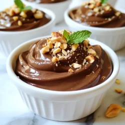 For these delightful chocolate hazelnut mousse cups, you will need: - 200g dark chocolate, chopped - 2 tablespoons hazelnut spread (Nutella or similar) - 2 eggs, separated - 1/4 cup sugar - 1/2 cup heavy cream - 1 teaspoon vanilla extract - Pinch of salt You can top your mousse cups with: - Crushed hazelnuts for a crunchy texture - Fresh mint leaves for a pop of color If you need to swap some ingredients, here are a few ideas: - Use milk chocolate if you want a sweeter taste. - Substitute maple syrup for sugar for a natural sweetener. - If you don't have heavy cream, coconut cream works great. - You can try almond butter instead of hazelnut spread for a different flavor. {{ingredient_image_1}} To start, you need to melt the dark chocolate. You can do this in two ways. First, use a heatproof bowl over a pot of simmering water. This is the double boiler method. Second, you can use the microwave. If you choose the microwave, melt it in short intervals. Stir the chocolate often until it is smooth. After melting, take it off the heat and let it cool a bit. This helps keep the mousse creamy. Next, grab another bowl for the egg yolks. Whisk the egg yolks with sugar until they look pale and creamy. This can take a few minutes. Once creamy, stir in the melted chocolate and hazelnut spread. Mix until everything is well blended. This mixture will give your mousse a rich flavor. Now, use a clean bowl to whip the heavy cream. Add the vanilla extract to the cream. Whip until you see soft peaks form. This means the cream is ready. Gently fold the whipped cream into the chocolate mixture. Do this carefully to keep it light. In another clean bowl, beat the egg whites with a pinch of salt. Beat until stiff peaks form. This means the egg whites are ready. Carefully fold the beaten egg whites into the chocolate mix in three parts. This step is key for a fluffy mousse. Once everything is combined, spoon the mousse into small cups or ramekins. Chill them in the fridge for at least two hours. This helps the mousse set and become creamy. To get a light and fluffy mousse, focus on folding. After you whip the cream and egg whites, gently fold them into the chocolate mix. This keeps air in the mousse. Avoid mixing too hard. You want to keep that airy texture. If you mix too much, the mousse will be dense. Always use room temperature ingredients. They blend better and create a smoother mousse. For a stunning look, serve the mousse in clear cups. This way, people see the rich layers. Add crushed hazelnuts on top for crunch. You can also use fresh mint leaves to add color. Another fun idea is to drizzle some hazelnut spread on top. It adds a nice touch and extra flavor. You could even layer the mousse with whipped cream for a special twist. One big mistake is not letting the chocolate cool. If it’s too hot, it will cook the eggs when mixed. Always let it cool slightly before combining. Another mistake is overfolding the mixtures. This will make your mousse heavy. Also, ensure your bowls are clean when whipping the egg whites. Any fat can prevent them from whipping up properly. Lastly, don’t skip the chilling step. It helps the mousse set perfectly. Pro Tips Perfect Chocolate Melting: Ensure the chocolate is chopped into small, even pieces for uniform melting. Stir frequently to prevent burning. Egg Whites Folding Technique: When folding in the egg whites, use a gentle motion and work from the bottom of the bowl upwards to keep the mixture airy. Chill Time: Allow the mousse to chill for at least 2 hours. For best results, chill overnight to enhance the flavor and texture. Garnish with Style: Use a mix of crushed hazelnuts and fresh mint leaves for a beautiful presentation and added flavor contrast. {{image_2}} You can switch up the chocolate hazelnut mousse easily. Try using white chocolate for a sweeter twist. Milk chocolate will also work for those who prefer a creamier taste. If you enjoy fruit, add pureed raspberries or strawberries. These fruits add a bright flavor to the rich mousse. You can even mix in a splash of espresso. This will give the mousse a nice coffee kick! For a fun twist, serve the mousse in different ways. Use small glasses for a fancy look. You can also layer it in jars with crushed cookies. This adds a nice crunch. If you want a more casual touch, place the mousse in bowls. Top each bowl with whipped cream and extra hazelnuts. This will make it look special without much effort. If you need a vegan option, you can still enjoy this mousse. Replace the dark chocolate with a dairy-free kind. Use aquafaba instead of egg whites. Aquafaba is the liquid from canned chickpeas. Whip it until it forms stiff peaks, just like egg whites. For the cream, use coconut cream or any plant-based cream. This way, everyone can have a taste of the rich mousse! Store your chocolate hazelnut mousse cups in the fridge. Use an airtight container to keep them fresh. Cover each cup with plastic wrap if you do not have a container. This keeps out air and odors. Avoid stacking the cups to prevent them from getting squished. These mousse cups last about three days in the fridge. After that, the texture may change. The chocolate may not taste as fresh. It is best to enjoy them within the first couple of days for the best flavor and texture. You do not need to heat mousse. Serve it cold for the best taste. If the mousse seems a bit stiff, you can gently stir it with a spoon. This can make it creamier again. Garnish with fresh crushed hazelnuts or mint before serving to refresh its look and taste. Yes, you can use milk chocolate. It will make the mousse sweeter and creamier. Just remember that the flavor will change a bit. Dark chocolate gives a richer taste. If you want a deep chocolate flavor, stick with dark. To make an egg-free mousse, use silken tofu instead of eggs. Blend the tofu until smooth. Then mix it with melted chocolate and hazelnut spread. This will give you a creamy texture without eggs. If you need a substitute, almond butter works well. Peanut butter is also a good option. Both will change the flavor but still taste great. You can also use chocolate spread if you can’t find hazelnut spread. This blog post covered all the key points for making delicious mousse. You learned about the main ingredients, helpful tips, and possible variations. Each step is important to get the best texture and flavor. Keep these tips and tricks in mind to avoid mistakes. Whether you try a new flavor or adapt for dietary needs, you can create a great dessert. Enjoy your mousse, and share your results with friends. They'll be impressed!