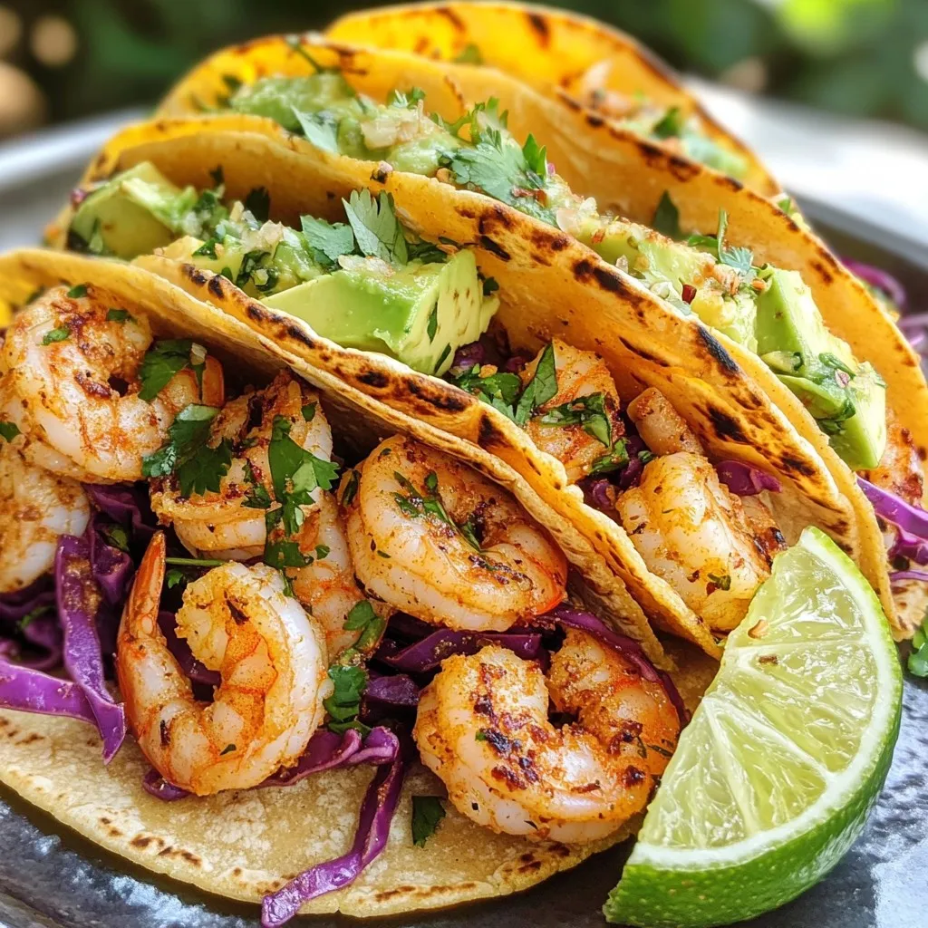 - 1 lb large shrimp, peeled and deveined - 4 cloves garlic, finely minced - 1 teaspoon red pepper flakes - 2 tablespoons olive oil - 1 teaspoon smoked paprika - 1 lime, juiced (plus lime wedges for serving) - 8 small corn tortillas - 1 cup red cabbage, thinly sliced - 1/2 avocado, sliced - 1/4 cup fresh cilantro, chopped - Salt and pepper to taste - 1/4 cup creamy avocado dressing (optional) I love using fresh ingredients for this dish. The shrimp gives it a nice flavor. Garlic adds depth, while red pepper flakes bring heat. Olive oil helps everything cook well. Smoked paprika gives a nice smoky touch. Lime juice brightens up the whole meal. Corn tortillas are perfect for holding all the tasty fillings. Red cabbage adds crunch and color. Avocado brings creaminess, while cilantro adds freshness. Donโt forget salt and pepper to make everything pop. If you want an extra layer, creamy avocado dressing is a great option. - Large bowl - Skillet - Cooking utensils You will need a large bowl to mix the shrimp and spices. A skillet is key for cooking the shrimp quickly. Simple cooking utensils will help you stir and serve. This equipment makes the recipe easy and fun. {{ingredient_image_1}} First, grab a large bowl. Add 1 pound of peeled shrimp. Then, add 4 minced garlic cloves. Sprinkle in 1 teaspoon of red pepper flakes and 1 teaspoon of smoked paprika. Squeeze in the juice of 1 lime. Drizzle 2 tablespoons of olive oil over the mix. Season with salt and pepper to taste. Toss the shrimp until they are well-coated. Next, heat a large skillet over medium-high heat. Once itโs hot, add the shrimp mixture in a single layer. Cook for 2-3 minutes on each side. Watch for the shrimp to turn pink and curl up. This means they are cooked through and ready to eat. While the shrimp cooks, warm your corn tortillas. Use a separate pan on medium heat. Heat each tortilla for about 30 seconds on each side. This makes them soft and easy to fold. Now itโs time to build your tacos! Place a few shrimp on each tortilla. Top with shredded red cabbage, sliced avocado, and a sprinkle of fresh cilantro. If you like, drizzle with creamy avocado dressing. Finish with a lime wedge on the side for a fresh squeeze. Enjoy your tasty creation! To get the best shrimp, timing is key. Cook them for about 2-3 minutes on each side. When they turn pink, they are done. Overcooking makes shrimp rubbery. Follow this time closely to keep them juicy. To avoid rubbery shrimp, donโt crowd the pan. This lets the heat circulate around each piece. If your skillet is too full, cook in batches. This simple trick makes a big difference. Warming tortillas right can change your taco game. Heat them in a dry pan over medium heat. Just 30 seconds on each side makes them soft and pliable. This step helps the tortillas hold all the tasty fillings. If you want alternatives, try flour tortillas or lettuce wraps. Flour tortillas offer a chewy texture. Lettuce wraps are a fresh, low-carb option. Both can work well with spicy garlic shrimp. For extra flavor, consider toppings like diced tomatoes, radishes, or a sprinkle of cheese. Each adds a fun twist to your tacos. You can even try pickled onions for extra zing. To adjust spice levels, use less red pepper flakes. You can also add sour cream to cool down the heat. If you like it spicier, add more flakes or some hot sauce. Tailor the spice to your taste! Pro Tips Freshness is Key: Use the freshest shrimp you can find for the best flavor and texture. If possible, buy them from a local seafood market. Customize Your Heat: Adjust the amount of red pepper flakes based on your spice tolerance. You can also add diced jalapeรฑos for an extra kick! Warm Tortillas: Always warm your tortillas before assembling the tacos; this makes them more pliable and prevents tearing. Garnish Creatively: Feel free to experiment with toppings! Try adding diced tomatoes, pickled onions, or a squeeze of hot sauce for extra flavor. {{image_2}} You can switch up the shrimp for other proteins. Fish works great here. Try using white fish like cod or tilapia. They cook fast and soak up flavors well. Chicken is another good option. Use cooked, shredded chicken for an easy swap. For a vegetarian choice, consider using grilled vegetables or black beans. Both add a nice texture and flavor. Want to change the heat level? If you like milder tacos, cut back on the red pepper flakes. You can also add a dollop of sour cream to cool it down. To kick up the spice, add more red pepper flakes or some chopped jalapeรฑos. For a fun twist, try different seasonings like cumin or chili powder. They can change the flavor in an exciting way. Pair your tacos with simple sides. A fresh salad or corn on the cob works well. For a fun twist, set up a taco bar! Lay out toppings like diced tomatoes, cheese, and guacamole. It lets everyone build their own tacos. This way, each person can customize their meal just how they like it. Enjoying food together makes the meal even better! To keep your shrimp tacos fresh, store the shrimp and toppings separately. Place the shrimp in an airtight container. This helps keep it juicy and tasty. For the toppings, use a different container to avoid sogginess. For the tortillas, wrap them in a clean kitchen towel. This keeps them soft. You can also place them in a plastic bag. Make sure to squeeze out any air before sealing. When reheating shrimp, use a skillet over low heat. This warms them without drying them out. Stir gently to distribute the heat evenly. To keep the tacos crisp, heat the tortillas in a dry skillet. Warm them for about 15 seconds on each side. This way, they stay pliable and delicious. Enjoy your tacos just like when they were fresh! Spicy garlic shrimp tacos are a tasty dish featuring shrimp cooked in a spicy garlic mix. The shrimp get a kick from red pepper flakes and smoked paprika. You wrap them in soft corn tortillas. Topping them with fresh red cabbage, avocado, and cilantro adds crunch and flavor. Itโs a fun, vibrant meal that packs a punch. Making these tacos is quick and easy. You need about 10 minutes to prep. Cooking takes around 10 minutes. Overall, you can enjoy your delicious tacos in just 20 minutes. This makes it perfect for busy nights or a quick lunch. You can pair these tacos with many sides. Consider serving them with: - Mexican rice - Black beans - Corn salad - Chips and salsa - A refreshing drink like limeade or a cold beer These sides will complement the flavors and make your meal even better. Yes, you can prepare some parts ahead. Marinate the shrimp and keep them in the fridge for up to an hour. You can also prep the toppings like cabbage and avocado. Just warm the tortillas and cook the shrimp right before serving. This way, youโll have fresh tacos ready in no time. In this post, I shared how to make tasty Spicy Garlic Shrimp Tacos. We covered the fresh ingredients you'll need, the step-by-step cooking process, and tips for perfect tacos. I also shared variations and storage advice to keep your tacos fresh. Cooking doesnโt have to be hard; with simple steps, you can create a fun meal. Enjoy serving these at your next gathering or as a quick weeknight dinner. Happy cooking!