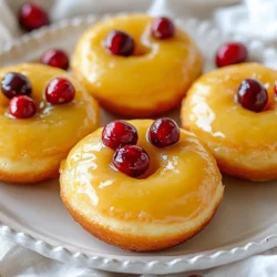 - 2 cups all-purpose flour - 1 cup granulated sugar - 1 tablespoon baking powder - 1/2 teaspoon salt - 2 large eggs - 1/2 cup whole milk - 1/2 cup unsalted butter, melted - Zest of 1 orange - 1 cup fresh cranberries, chopped (or dried cranberries) - 1 teaspoon vanilla extract - 1 cup powdered sugar - 2-3 tablespoons fresh orange juice - 1/4 cup whole cranberries for garnish (optional) Gather these ingredients to make your Cranberry Orange Glazed Donuts. Each one plays a key role in creating flavor and texture. All-purpose flour gives the donuts a soft base. Granulated sugar adds sweetness, while baking powder helps them rise. Salt enhances all the flavors. The eggs bind the mixture and add richness. Whole milk makes the batter creamy, and melted unsalted butter adds moisture. The zest of one orange brings a bright, citrusy twist. Fresh cranberries add a tart pop, but you can use dried cranberries instead if you like. Vanilla extract adds warmth to the flavor. The glaze is simple yet delicious. You need powdered sugar and fresh orange juice for a smooth finish. For a fun touch, garnish with whole cranberries. This combination makes your donuts look and taste amazing. {{ingredient_image_1}} 1. Preheat your oven to 375°F (190°C). Grease your donut pan with non-stick spray. 2. In a large mixing bowl, whisk together these dry ingredients: - 2 cups all-purpose flour - 1 cup granulated sugar - 1 tablespoon baking powder - 1/2 teaspoon salt 3. In another bowl, beat 2 large eggs. Then mix in: - 1/2 cup whole milk - 1/2 cup melted unsalted butter - Zest of 1 orange - 1 teaspoon vanilla extract 4. Pour the wet ingredients into the dry ingredients. Stir until just combined. Do not overmix! Gently fold in: - 1 cup chopped fresh cranberries 5. Using a piping bag or a spoon, fill each donut cavity about three-quarters full with the batter. 6. Bake for 10-12 minutes. A toothpick should come out clean from the center. Let the donuts cool in the pan for a few minutes before moving them to a wire rack. 7. While the donuts cool, prepare the glaze. Whisk together: - 1 cup powdered sugar - 2-3 tablespoons fresh orange juice Adjust the glaze to your liking by adding more juice or sugar. 8. Once the donuts are cool, dip the tops in the glaze. Let the excess drip off. If you like, garnish with whole cranberries before the glaze sets. To get the best texture for your donuts, avoid overmixing the batter. Mix just until the wet and dry ingredients come together. Overmixing can make your donuts tough. Cooling time is also key for glazed donuts. After baking, let the donuts cool in the pan for a few minutes. Then, transfer them to a wire rack. This helps the glaze stick better later. Adjust the consistency of your glaze as needed. Start with 2 tablespoons of orange juice. If the glaze is too thick, add a bit more juice. For a thicker glaze, add more powdered sugar. When dipping the donuts, do it quickly. Dip the tops into the glaze, then let the excess drip off. If you want to add a fun touch, garnish with whole cranberries while the glaze is still wet. Arranging the donuts on a platter makes for a nice display. You can place them in a circle or stack them. Add a few sprigs of fresh mint for extra color. For a snowy look, dust the plate with powdered sugar. This simple touch makes your donuts look even more inviting. Enjoy presenting your delicious treats! Pro Tips Use Fresh Cranberries: Fresh cranberries add a burst of tartness and vibrant color. If using dried cranberries, opt for sweetened ones to balance the flavors. Don’t Overmix: When combining wet and dry ingredients, mix until just combined. Overmixing can lead to dense donuts. Adjust Glaze Consistency: If your glaze is too thick, add a little more orange juice. If it’s too thin, add more powdered sugar to achieve the desired thickness. Cool Completely Before Glazing: Make sure the donuts are completely cool before dipping in the glaze to prevent it from melting and running off. {{image_2}} You can change the flavors in your donuts easily. If you use dried cranberries, they add a nice chewiness. Dried cranberries work well if fresh ones are not available. You can also spice things up by adding cinnamon or nutmeg. A pinch of nutmeg gives your donuts a warm taste. Cinnamon adds a sweet twist that makes them cozy. The glaze is where you can get creative. Try a chocolate glaze for a rich taste. To make it, melt dark chocolate and mix it with a bit of cream. You can also play with citrus glazes. A lemon glaze can brighten the flavor. Just mix powdered sugar with fresh lemon juice instead of orange juice. If you need gluten-free donuts, swap the all-purpose flour for a gluten-free blend. Many blends work well and taste great. For vegan adaptations, replace eggs with flax seeds mixed with water. Use almond milk instead of whole milk and coconut oil in place of butter. Your donuts will still be tasty and satisfying. To keep your donuts fresh, store them in an airtight container. This helps lock in moisture. Place a paper towel at the bottom to absorb any excess moisture. Keep the container in a cool, dry place. Your donuts will taste best within two days. If you want to enjoy them longer, consider freezing. For long-term storage, freezing is a great option. First, let the donuts cool completely. Wrap each donut in plastic wrap. Then, place them in a freezer-safe bag or container. This prevents freezer burn. You can freeze them for up to three months. To thaw, just leave them at room temperature for a few hours. To enjoy your donuts warm, use an oven or microwave. For the oven, preheat it to 350°F (175°C). Place the donuts on a baking sheet and heat for about 5-10 minutes. If using a microwave, heat for about 10-15 seconds. This warms them up nicely without making them soggy. Enjoy your tasty treats fresh! Yes, you can use frozen cranberries. They work well in this recipe. Here are some tips: - Thawing: Thaw frozen cranberries before use. Drain any excess liquid. - Chopping: Chop them slightly to help mix into the batter. - Baking Time: The baking time may slightly change. Keep an eye on the donuts. These donuts last for about 2 to 3 days at room temperature. To keep them fresh, do the following: - Storage: Place them in an airtight container. - Avoid Moisture: Keep them in a cool, dry place. - Refrigeration: If you want them to last longer, you can refrigerate them for up to a week. Yes, you can make these donuts ahead of time. Here’s how: - Baking: Bake them a day in advance. - Storing: Store them in an airtight container. - Reheating: Reheat them in the oven at 350°F (175°C) for about 5 minutes before serving. These donuts pair well with many drinks and sides. Here are some suggestions: - Beverages: Serve with coffee, tea, or hot cocoa. - Sides: A fresh fruit salad works great too. - Extra Treats: Consider serving them with whipped cream or yogurt for a fun twist. In this post, we covered how to make delicious Cranberry Orange Glazed Donuts. We discussed the key ingredients, from eggs to orange zest, and provided easy steps for mixing and baking. I shared tips for getting the best texture and glaze. You can even try different flavors and storage options. Remember, these donuts are not just a treat; they can fit many diets. Enjoy baking your own, and savor each bite!