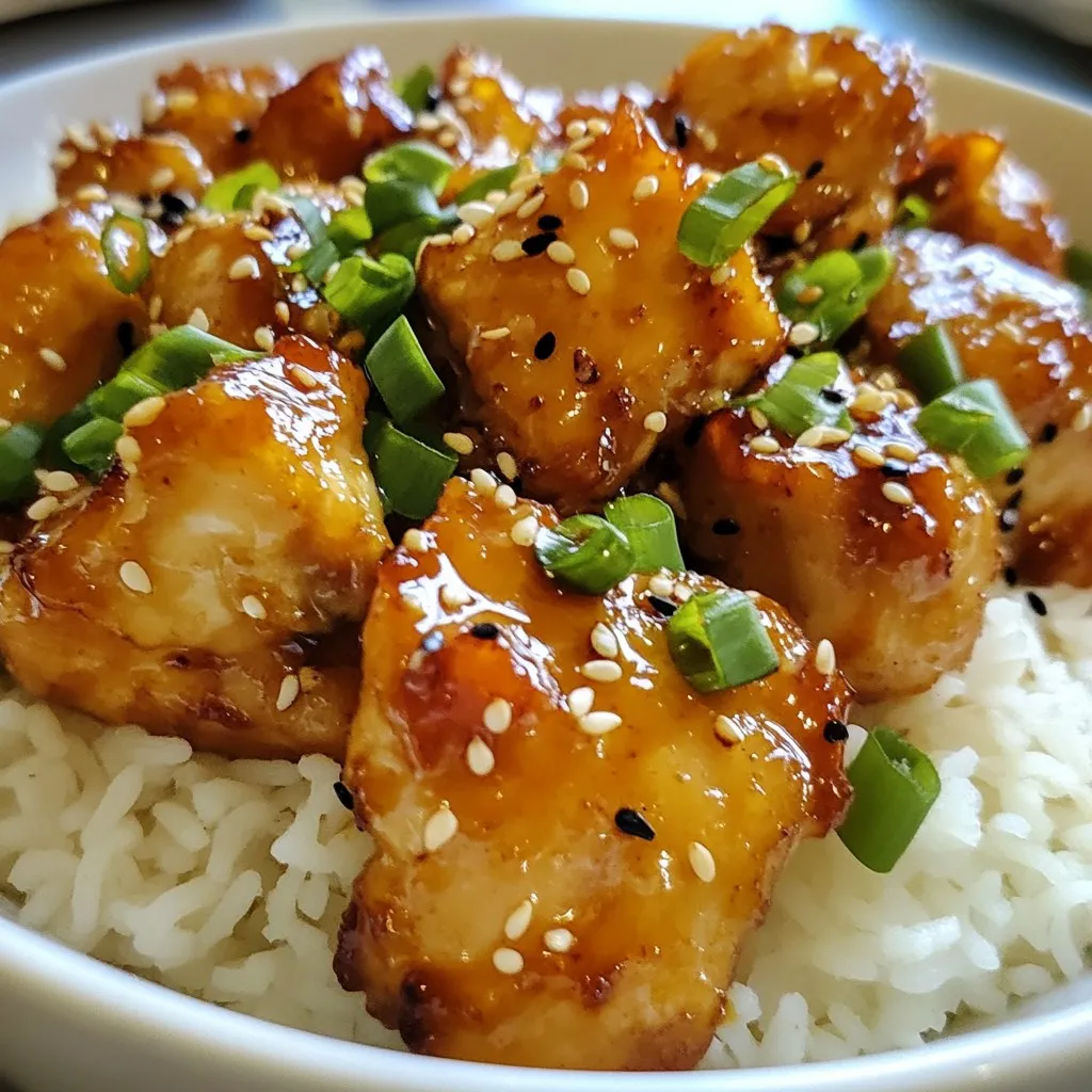 To make this tasty dish, you need a few key ingredients: - 1 lb chicken thighs, boneless and skinless, cut into bite-sized pieces - 3 tablespoons honey - 4 tablespoons soy sauce - 3 cloves garlic, minced - 1 tablespoon fresh ginger, grated - 2 tablespoons sesame oil - 1 tablespoon cornstarch - 1 tablespoon water - 2 tablespoons sesame seeds, toasted - 2 green onions, chopped (for garnish) - Salt and pepper to taste These ingredients create a balance of sweet and savory flavors. The chicken thighs provide a juicy base. Honey adds sweetness, while soy sauce gives that umami punch. Garlic and ginger bring depth to the taste. You can add extra ingredients to boost flavor: - Red pepper flakes for heat - Bell peppers for sweetness and crunch - Broccoli for added nutrition These optional ingredients can make the dish more vibrant. Spice lovers may enjoy the heat from red pepper flakes. Adding veggies not only enhances taste but also adds color to your plate. Pair your Honey Garlic Sesame Chicken with these sides: - Cooked jasmine rice or noodles - Steamed broccoli or snap peas - A fresh salad with sesame dressing These sides complement the chicken nicely. Jasmine rice absorbs the sauce well. Noodles offer a different texture while still being tasty. A salad adds freshness and crunch, balancing the meal. Enjoy this flavorful dinner delight! {{ingredient_image_1}} Start by cutting 1 pound of chicken thighs into bite-sized pieces. This helps the chicken cook evenly. In a medium bowl, combine 3 tablespoons of honey, 4 tablespoons of soy sauce, 3 minced garlic cloves, and 1 tablespoon of grated ginger. Whisk everything together well. This mixture will be your marinade. Add the chicken pieces to the bowl and ensure they are coated in the marinade. Let it sit for 10 minutes. This allows the chicken to soak up the flavors. Heat 2 tablespoons of sesame oil in a large skillet or wok over medium-high heat. Once the oil is hot, add the marinated chicken pieces. Season them with salt and pepper to taste. Cook the chicken for about 5 to 7 minutes. You want it to be golden brown and cooked all the way through. Stir often to prevent sticking. The smell will be amazing as it cooks! Now, pour the remaining honey garlic mixture over the chicken. Stir it well so the chicken is fully coated again. Let this sauce simmer for 2 to 3 minutes. This thickens the sauce and infuses the chicken with flavor. In a small bowl, mix 1 tablespoon of cornstarch with 1 tablespoon of water to create a slurry. Add this to the skillet while stirring. This will help the sauce thicken in about 1 minute. Finally, sprinkle in 2 tablespoons of toasted sesame seeds and toss everything together. The dish is now ready! To cook chicken just right, you want it juicy and tender. Start with boneless, skinless thighs. They cook evenly and stay moist. Cut them into bite-sized pieces for quick cooking. Heat the sesame oil until it shimmers. Add the chicken in a single layer. Don’t overcrowd the pan. Let it brown without stirring for a few minutes. This helps build flavor. Cook for about 5 to 7 minutes until golden and fully cooked. Check the center; it should be white, not pink. For a smooth sauce, mix your ingredients well. Whisk the honey, soy sauce, garlic, and ginger until combined. When adding the cornstarch slurry, stir continuously. This helps avoid lumps. Let the sauce simmer for a few minutes. The heat activates the cornstarch, thickening the sauce nicely. If your sauce is too thick, add a splash of water. If it's too thin, let it cook a bit longer. Presentation makes a big difference. Serve the chicken over fluffy jasmine rice or noodles. This adds a nice base. Use shallow bowls for a clean look. Top with chopped green onions for color. Sprinkle extra sesame seeds for crunch. A drizzle of honey on top gives it shine and sweetness. This makes your dish look as good as it tastes! Pro Tips Marinate for More Flavor: Allow the chicken to marinate in the honey garlic mixture for at least 30 minutes before cooking to enhance the flavors. Use Fresh Ingredients: Fresh garlic and ginger will provide a more vibrant flavor compared to dried versions. Adjust the Sweetness: If you prefer a less sweet dish, reduce the amount of honey by half and balance it with an extra splash of soy sauce. Garnish for Presentation: Add some fresh cilantro along with the green onions for a pop of color and additional freshness. {{image_2}} You can make this dish even better by adding vegetables. Broccoli, bell peppers, and snap peas work well. Chop them into small pieces for easy cooking. Add them into the skillet after the chicken is cooked. Stir and cook them for about 3-5 minutes. This adds color and nutrients to your meal. Plus, the veggies soak up the honey garlic flavor, making them taste amazing! If you want to switch up the protein, try using shrimp or tofu. Shrimp cooks quickly and adds a nice flavor. Just sauté them for about 3-4 minutes until they turn pink. Tofu is a great choice for a plant-based meal. Use firm tofu, cut it into cubes, and brown it in the skillet before adding the sauce. Both options keep the dish tasty and satisfying. For those who love heat, add red pepper flakes or sriracha to the sauce. Start with half a teaspoon and taste as you go. You can also mix in fresh chopped chili peppers for extra kick. This will bring a fiery twist to the sweet and savory sauce. Just remember to balance the spice with a little extra honey if it gets too hot! After making Honey Garlic Sesame Chicken, let it cool first. Place it in an airtight container. Store it in the fridge for up to four days. This keeps the chicken fresh and safe to eat. To reheat, use a skillet. Heat it over medium heat. Add a splash of water or soy sauce to keep it moist. Stir the chicken until it’s hot. You can also use a microwave. Cover the bowl with a lid or plastic wrap. Heat for 1-2 minutes, stirring halfway through. This way, it stays tasty and does not dry out. Yes, you can freeze Honey Garlic Sesame Chicken! Put it in a freezer-safe bag or container. Remove as much air as possible before sealing. It can last in the freezer for up to three months. When ready to eat, thaw it in the fridge overnight. Then, reheat it as mentioned before for the best flavor. Yes, you can use chicken breasts. They will still taste great. However, chicken thighs add more flavor and stay juicy. If you use breasts, cook them for about 6-8 minutes. You can use tamari or coconut aminos as a substitute. Both options give a similar taste. If you want a low-sodium option, look for low-sodium soy sauce. If you use gluten-free soy sauce or tamari, then yes, it is gluten-free. Always check the labels to be sure. This dish can fit well into a gluten-free diet. Enjoy it without worry! In this article, we explored how to make Honey Garlic Sesame Chicken. We covered the main and optional ingredients, plus some tasty side dishes. You learned step-by-step instructions to ensure perfect cooking. We shared tips for great texture and presentation. You also discovered variations to suit different diets and spice levels. Remember, cooking is fun and allows you to be creative. With practice, you will master this dish and impress your family and friends. Enjoy your cooking adventure!
