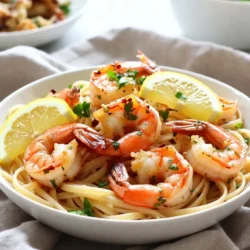 For making Lemon Garlic Shrimp Scampi, you need a few key ingredients: - 1 pound large shrimp, peeled and deveined - 4 tablespoons unsalted butter - 4 cloves garlic, minced - Zest and juice of 1 large lemon - 1/2 teaspoon red pepper flakes (adjust to taste) - 1 teaspoon dried oregano - Salt and black pepper to taste - 2 tablespoons fresh parsley, chopped - 8 ounces linguine or spaghetti - 1/4 cup chicken broth (or vegetable broth) These ingredients create a bright and fresh flavor. The shrimp gives protein and a nice texture. Garlic adds a rich taste, while lemon brings in zest and brightness. Butter rounds it all out with creaminess. You can also add some optional ingredients for garnish: - Lemon slices for serving These lemon slices make the dish look appealing. They also add an extra burst of flavor. Enjoy the vibrant colors and the fresh taste they bring! {{ingredient_image_1}} To start, fill a large pot with water. Add a generous amount of salt to the water. Bring the water to a rolling boil. This step is key for flavor. Next, add 8 ounces of linguine or spaghetti to the pot. Cook according to the package instructions until it is al dente, which means it should still have a bit of bite. Once cooked, drain the pasta. Don’t forget to save about 1/2 cup of the pasta water. This water is rich in starch and can help make the sauce creamy. Now, let’s focus on the shrimp. In a large skillet, melt 2 tablespoons of butter over medium heat. Once the butter is melted, add 4 cloves of minced garlic. Sauté the garlic for about 1 minute. You want it fragrant but not burnt. Next, increase the heat to medium-high. Add 1 pound of large shrimp to the skillet. Cook the shrimp for 2-3 minutes on one side. You’ll see them turn pink. Flip the shrimp over and cook for another 2-3 minutes until they are fully cooked and opaque. Now it’s time to add some flavor. Sprinkle in 1/2 teaspoon of red pepper flakes and 1 teaspoon of dried oregano. Add the zest and juice of 1 large lemon. Stir well to mix everything together. Pour in 1/4 cup of chicken broth. Let this mixture simmer for about 2 minutes. This simmering time is important as it lets the flavors blend together nicely. Next, add the remaining 2 tablespoons of butter to the shrimp mixture. Stir until the butter melts completely. Toss in the cooked pasta and mix well so the noodles are coated in the sauce. If the dish looks a bit dry, slowly add some of that reserved pasta water. This will help achieve the right sauciness. For serving, dish the scampi into bowls. A nice touch is to garnish with fresh parsley and optional lemon slices. This adds a pop of color and freshness to your meal. Enjoy your Lemon Garlic Shrimp Scampi! - Best practices for cooking shrimp: Always use large, fresh shrimp for the best flavor. Make sure they are peeled and deveined. This saves time and adds to the taste. Cook shrimp in a hot skillet to get a nice sear. - How to avoid overcooking shrimp: Cook shrimp only until they are pink and firm. This usually takes about 2-3 minutes on each side. Remove them from heat immediately to stop the cooking process. Overcooking makes shrimp tough and chewy, so watch them closely. - Suggestions for customizing with spices or herbs: You can add a pinch of smoked paprika for a smoky flavor. Fresh basil or thyme can also brighten the dish. Try adding a splash of white wine for extra depth. - Tips for achieving the ideal balance of tang and heat: Use freshly squeezed lemon juice for bright tang. Adjust red pepper flakes to your spice level. Start with a small amount, and add more if you like it spicier. Taste as you go to find your perfect balance. Pro Tips Use Fresh Shrimp: For the best flavor and texture, opt for fresh shrimp whenever possible. Frozen shrimp can be used, but ensure they are properly thawed before cooking. Perfect Pasta Timing: To ensure your pasta and shrimp are ready at the same time, start cooking the pasta just before you sauté the shrimp. Adjust the Heat: Feel free to tweak the amount of red pepper flakes according to your spice preference. Start with less and add more if desired. Garnish for Presentation: Adding lemon slices and fresh parsley not only enhances the visual appeal but also brings an extra burst of flavor to the dish. {{image_2}} You can switch up the shrimp for other seafood. Scallops or crab meat work great too. If you prefer a different taste, try using fish like salmon or tilapia. Each option brings new flavors. For dietary needs, go gluten-free by using gluten-free pasta. Many brands make tasty options that fit right in. You can also swap the butter for olive oil to make it dairy-free. Pair Lemon Garlic Shrimp Scampi with a side salad. A light arugula or mixed green salad adds freshness. You can also serve it with garlic bread. The crusty bread soaks up all the tasty sauce. For drinks, a chilled white wine like Sauvignon Blanc pairs well. If you like non-alcoholic drinks, try sparkling water with lemon. Both drinks enhance the meal and add a nice touch. To keep your Lemon Garlic Shrimp Scampi fresh, store it in an airtight container. This helps lock in flavor. You can keep it in the fridge for up to 2 days. If you want to save it longer, freezing is a good option. In the freezer, it can last for about 2 months. Just make sure to label the container with the date. This way, you know how long it’s been stored. When it’s time to enjoy your leftovers, reheating is key. Use a skillet over medium heat. Add a splash of chicken broth or water to help keep the shrimp moist. This helps the dish stay flavorful and tender. Stir gently to avoid overcooking the shrimp. Heat until everything is warm, but don’t let it boil. This way, your Lemon Garlic Shrimp Scampi remains delicious and enjoyable. Shrimp cook quickly. They turn pink and curl into a C shape when done. If they look gray or are straight, they need more time. Cook shrimp for about 2-3 minutes on each side. This ensures they are tender and juicy. Yes, frozen shrimp work well! Thaw them in the fridge or under cold water. Make sure they are fully thawed before cooking. This helps them cook evenly and prevents a rubbery texture. If you prefer not to use wine, chicken broth is a great option. You can also use lemon juice or a splash of vinegar. These options add flavor without the alcohol. The spice level depends on the red pepper flakes. Use 1/2 teaspoon for mild heat. If you like it spicier, add more to taste. Adjusting spice makes this dish suit your taste. I recommend making this dish fresh for the best flavor. If you must prepare it ahead, store it in the fridge for up to 2 days. Reheat gently on low heat to keep the shrimp tender. In this post, we explored the key ingredients for Lemon Garlic Shrimp Scampi and shared step-by-step cooking tips. You learned how to sauté shrimp, combine flavors, and finish the dish perfectly. We also offered variations for dietary needs and tips on storing leftovers. Cooking this dish is easy and rewarding. With the right techniques, you can enjoy a delicious meal any night. Dive into this recipe and impress yourself and your guests. Happy cooking!