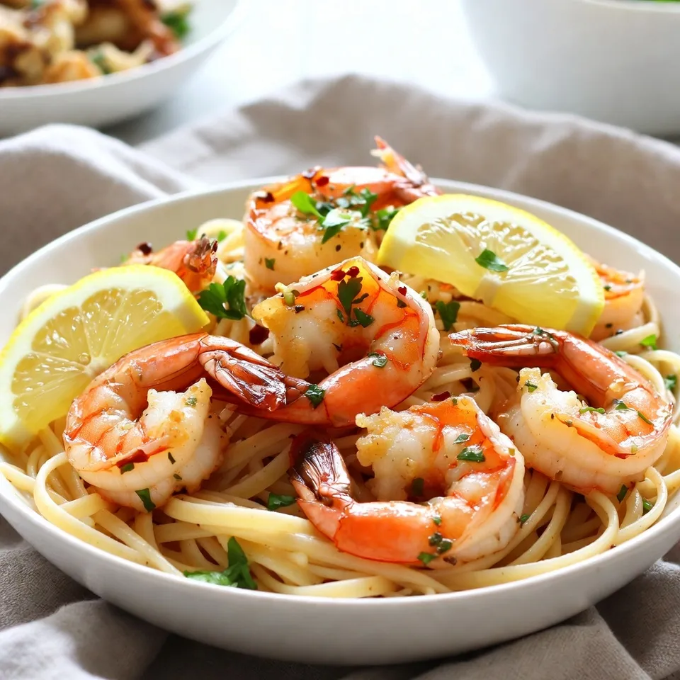 For making Lemon Garlic Shrimp Scampi, you need a few key ingredients: - 1 pound large shrimp, peeled and deveined - 4 tablespoons unsalted butter - 4 cloves garlic, minced - Zest and juice of 1 large lemon - 1/2 teaspoon red pepper flakes (adjust to taste) - 1 teaspoon dried oregano - Salt and black pepper to taste - 2 tablespoons fresh parsley, chopped - 8 ounces linguine or spaghetti - 1/4 cup chicken broth (or vegetable broth) These ingredients create a bright and fresh flavor. The shrimp gives protein and a nice texture. Garlic adds a rich taste, while lemon brings in zest and brightness. Butter rounds it all out with creaminess. You can also add some optional ingredients for garnish: - Lemon slices for serving These lemon slices make the dish look appealing. They also add an extra burst of flavor. Enjoy the vibrant colors and the fresh taste they bring! {{ingredient_image_1}} To start, fill a large pot with water. Add a generous amount of salt to the water. Bring the water to a rolling boil. This step is key for flavor. Next, add 8 ounces of linguine or spaghetti to the pot. Cook according to the package instructions until it is al dente, which means it should still have a bit of bite. Once cooked, drain the pasta. Don’t forget to save about 1/2 cup of the pasta water. This water is rich in starch and can help make the sauce creamy. Now, let’s focus on the shrimp. In a large skillet, melt 2 tablespoons of butter over medium heat. Once the butter is melted, add 4 cloves of minced garlic. Sauté the garlic for about 1 minute. You want it fragrant but not burnt. Next, increase the heat to medium-high. Add 1 pound of large shrimp to the skillet. Cook the shrimp for 2-3 minutes on one side. You’ll see them turn pink. Flip the shrimp over and cook for another 2-3 minutes until they are fully cooked and opaque. Now it’s time to add some flavor. Sprinkle in 1/2 teaspoon of red pepper flakes and 1 teaspoon of dried oregano. Add the zest and juice of 1 large lemon. Stir well to mix everything together. Pour in 1/4 cup of chicken broth. Let this mixture simmer for about 2 minutes. This simmering time is important as it lets the flavors blend together nicely. Next, add the remaining 2 tablespoons of butter to the shrimp mixture. Stir until the butter melts completely. Toss in the cooked pasta and mix well so the noodles are coated in the sauce. If the dish looks a bit dry, slowly add some of that reserved pasta water. This will help achieve the right sauciness. For serving, dish the scampi into bowls. A nice touch is to garnish with fresh parsley and optional lemon slices. This adds a pop of color and freshness to your meal. Enjoy your Lemon Garlic Shrimp Scampi! - Best practices for cooking shrimp: Always use large, fresh shrimp for the best flavor. Make sure they are peeled and deveined. This saves time and adds to the taste. Cook shrimp in a hot skillet to get a nice sear. - How to avoid overcooking shrimp: Cook shrimp only until they are pink and firm. This usually takes about 2-3 minutes on each side. Remove them from heat immediately to stop the cooking process. Overcooking makes shrimp tough and chewy, so watch them closely. - Suggestions for customizing with spices or herbs: You can add a pinch of smoked paprika for a smoky flavor. Fresh basil or thyme can also brighten the dish. Try adding a splash of white wine for extra depth. - Tips for achieving the ideal balance of tang and heat: Use freshly squeezed lemon juice for bright tang. Adjust red pepper flakes to your spice level. Start with a small amount, and add more if you like it spicier. Taste as you go to find your perfect balance. Pro Tips Use Fresh Shrimp: For the best flavor and texture, opt for fresh shrimp whenever possible. Frozen shrimp can be used, but ensure they are properly thawed before cooking. Perfect Pasta Timing: To ensure your pasta and shrimp are ready at the same time, start cooking the pasta just before you sauté the shrimp. Adjust the Heat: Feel free to tweak the amount of red pepper flakes according to your spice preference. Start with less and add more if desired. Garnish for Presentation: Adding lemon slices and fresh parsley not only enhances the visual appeal but also brings an extra burst of flavor to the dish. {{image_2}} You can switch up the shrimp for other seafood. Scallops or crab meat work great too. If you prefer a different taste, try using fish like salmon or tilapia. Each option brings new flavors. For dietary needs, go gluten-free by using gluten-free pasta. Many brands make tasty options that fit right in. You can also swap the butter for olive oil to make it dairy-free. Pair Lemon Garlic Shrimp Scampi with a side salad. A light arugula or mixed green salad adds freshness. You can also serve it with garlic bread. The crusty bread soaks up all the tasty sauce. For drinks, a chilled white wine like Sauvignon Blanc pairs well. If you like non-alcoholic drinks, try sparkling water with lemon. Both drinks enhance the meal and add a nice touch. To keep your Lemon Garlic Shrimp Scampi fresh, store it in an airtight container. This helps lock in flavor. You can keep it in the fridge for up to 2 days. If you want to save it longer, freezing is a good option. In the freezer, it can last for about 2 months. Just make sure to label the container with the date. This way, you know how long it’s been stored. When it’s time to enjoy your leftovers, reheating is key. Use a skillet over medium heat. Add a splash of chicken broth or water to help keep the shrimp moist. This helps the dish stay flavorful and tender. Stir gently to avoid overcooking the shrimp. Heat until everything is warm, but don’t let it boil. This way, your Lemon Garlic Shrimp Scampi remains delicious and enjoyable. Shrimp cook quickly. They turn pink and curl into a C shape when done. If they look gray or are straight, they need more time. Cook shrimp for about 2-3 minutes on each side. This ensures they are tender and juicy. Yes, frozen shrimp work well! Thaw them in the fridge or under cold water. Make sure they are fully thawed before cooking. This helps them cook evenly and prevents a rubbery texture. If you prefer not to use wine, chicken broth is a great option. You can also use lemon juice or a splash of vinegar. These options add flavor without the alcohol. The spice level depends on the red pepper flakes. Use 1/2 teaspoon for mild heat. If you like it spicier, add more to taste. Adjusting spice makes this dish suit your taste. I recommend making this dish fresh for the best flavor. If you must prepare it ahead, store it in the fridge for up to 2 days. Reheat gently on low heat to keep the shrimp tender. In this post, we explored the key ingredients for Lemon Garlic Shrimp Scampi and shared step-by-step cooking tips. You learned how to sauté shrimp, combine flavors, and finish the dish perfectly. We also offered variations for dietary needs and tips on storing leftovers. Cooking this dish is easy and rewarding. With the right techniques, you can enjoy a delicious meal any night. Dive into this recipe and impress yourself and your guests. Happy cooking!