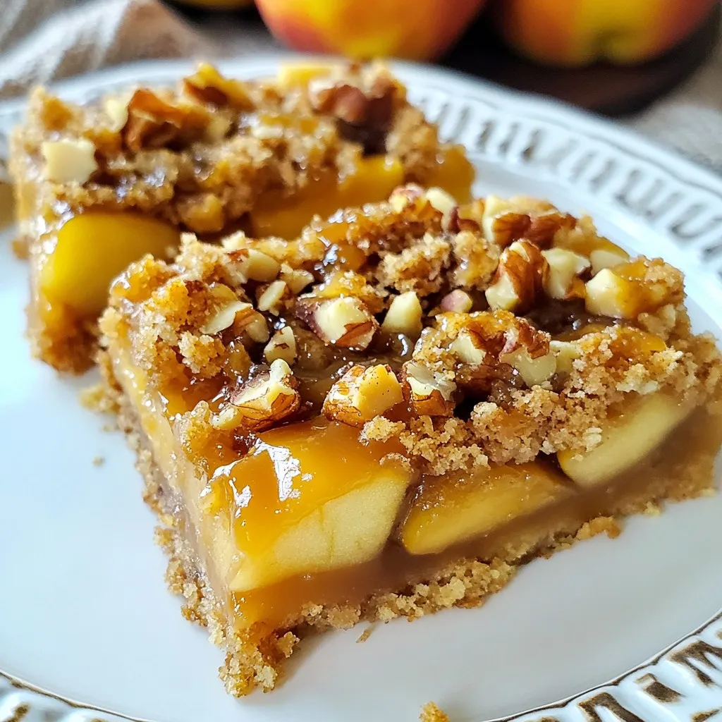 To make caramel apple crumb bars, gather these simple ingredients: - 2 cups all-purpose flour - 1 cup rolled oats - 1 cup brown sugar, packed - 1/2 cup granulated sugar - 1 teaspoon baking powder - 1/2 teaspoon baking soda - 1/2 teaspoon salt - 1 cup unsalted butter, melted - 3 large apples, peeled and diced (about 3 cups) - 1 teaspoon cinnamon - 1 cup caramel sauce (homemade or store-bought) - 1/2 cup chopped walnuts (optional) You can swap some ingredients if needed. Here are a few ideas: - Flour: Use whole wheat flour for more fiber. - Oats: Quick oats work in place of rolled oats. - Brown Sugar: Use coconut sugar for a different flavor. - Butter: Coconut oil can replace unsalted butter. - Apples: Try pears or peaches instead of apples. - Walnuts: Pecans or almonds can work well if you prefer. These bars can fit various diets with some changes: - Gluten-Free: Use gluten-free flour and oats. - Vegan: Replace butter with coconut oil and use flax eggs. - Nut-Free: Omit walnuts or use seeds like sunflower seeds. - Lower Sugar: Use less sugar or a sugar substitute. These options help you personalize your bars while keeping them tasty. Enjoy the process of making these delightful treats! {{ingredient_image_1}} 1. First, preheat your oven to 350°F (175°C). Grease a 9x13 inch baking pan or line it with parchment paper. This helps with easy removal later. 2. In a large mixing bowl, whisk together these dry ingredients: - 2 cups all-purpose flour - 1 cup rolled oats - 1 cup brown sugar, packed - 1/2 cup granulated sugar - 1 teaspoon baking powder - 1/2 teaspoon baking soda - 1/2 teaspoon salt 3. Pour in 1 cup of melted unsalted butter. Mix until the dry ingredients blend and become crumbly. Reserve 1 cup of this mixture for the topping. 4. Press the remaining crumb mixture into the bottom of the prepared pan. Make sure to form an even crust. 5. Bake the crust in the preheated oven for 10-12 minutes. Look for the edges to turn golden brown. 6. While the crust bakes, prepare the apple filling. In another bowl, combine: - 3 large apples, peeled and diced (about 3 cups) - 1 teaspoon cinnamon - 1 cup caramel sauce (about half for now) Toss the apples until they are well coated with the cinnamon and caramel. 7. After the crust is done, remove it from the oven. Spread the apple mixture evenly over the warm crust. 8. Drizzle the remaining caramel sauce over the apples. Then, sprinkle the reserved crumb mixture on top. If you like, add 1/2 cup chopped walnuts for some crunch. 9. Bake again for an additional 25-30 minutes. Wait until the topping is golden brown and the apples feel tender when poked with a fork. 10. Let the bars cool completely in the pan. This helps them set and makes slicing easier. 11. Once cool, slice into squares or rectangles. 12. For a nice touch, serve the bars on a wooden cutting board. Drizzle with extra caramel sauce and sprinkle with chopped walnuts. Enjoy them warm or at room temperature. They pair wonderfully with whipped cream or vanilla ice cream. When making caramel apple crumb bars, small mistakes can happen. Here are some you should avoid: - Overmixing the crust: Mix just until combined. Too much mixing makes it tough. - Using cold butter: Melt your butter first. Cold butter changes the texture. - Not cooling the bars: Let them cool fully before cutting. This helps them hold shape. A great crust is key to these bars. Follow these steps for the best results: - Use fresh ingredients: Old flour or oats can alter the taste. - Press firmly: When packing the crust, press down hard. This helps it stay together. - Check the bake time: The crust should be golden brown. If it is too pale, it may be undercooked. Serving these bars right can enhance their charm. Here are my top tips: - Warm is best: Serve them warm for a gooey caramel experience. - Add toppings: Drizzle extra caramel sauce on top. A sprinkle of chopped walnuts adds crunch. - Pair with ice cream: A scoop of vanilla ice cream is a perfect match. It adds a creamy contrast to the bars. Pro Tips Use Tart Apples: Choose tart apple varieties like Granny Smith for a nice balance of sweetness and acidity that complements the caramel. Chill the Dough: For a firmer crust, chill the crumb mixture in the refrigerator for about 30 minutes before pressing it into the pan. Adjust Caramel Amount: Feel free to adjust the amount of caramel sauce based on your preference for sweetness; you can use less for a less sticky treat. Store Properly: Keep the bars in an airtight container at room temperature for up to 3 days, or refrigerate for longer shelf life. {{image_2}} You can make these crumb bars gluten-free. Use a gluten-free flour blend instead of all-purpose flour. This swap keeps the texture nice and crumbly. Check the blend for xanthan gum, which helps bind the bars. You can also use certified gluten-free oats to ensure safety. While apples are classic, you can try other fruits. Pears add a sweet twist, while berries bring a tart flavor. Cherries or peaches also work well. Just make sure to adjust the sugar based on the sweetness of the fruit you choose. Toss your fruit with cinnamon and caramel as you would with apples. If you have nut allergies, simply leave out the walnuts. You can replace them with seeds like pumpkin or sunflower seeds for crunch. Alternatively, use crushed graham crackers for added texture without nuts. This keeps the bars safe and tasty for everyone to enjoy. To keep your caramel apple crumb bars fresh, store them in an airtight container. This helps prevent them from drying out. Place a piece of parchment paper between layers to avoid sticking. Store them at room temperature for up to three days. If you want them to last longer, keep them in the fridge. They will stay good for up to a week in the fridge. You can easily freeze these bars for later. First, let them cool completely. Then, cut them into squares. Wrap each square in plastic wrap. Place the wrapped squares in a freezer-safe bag or container. Be sure to label them with the date. These bars freeze well for up to three months. When you’re ready to enjoy them, simply thaw them in the fridge overnight. To reheat your bars, preheat the oven to 350°F (175°C). Place the bars on a baking sheet. Cover them with aluminum foil to keep them moist. Heat them for about 10-15 minutes. You can also warm individual bars in the microwave. Heat for 15-20 seconds until warm. Enjoy them with a drizzle of caramel sauce for extra sweetness! To make homemade caramel sauce, start with these simple steps: - Ingredients: - 1 cup granulated sugar - 6 tablespoons unsalted butter - 1/2 cup heavy cream - 1 teaspoon vanilla extract 1. In a pan, heat the sugar on medium until it melts. 2. Stir it gently until it turns a golden color. 3. Add the butter and mix until melted. 4. Slowly pour in the cream while stirring. 5. Remove from heat and add vanilla. This sauce works great for your bars! Yes, you can use different types of apples. Here are a few to consider: - Granny Smith for tartness - Honeycrisp for sweetness - Fuji for crunch Each apple type adds a unique flavor and texture. Try a mix for more fun! Caramel apple crumb bars can last about 3 to 4 days at room temperature. Store them in an airtight container. If you want to keep them longer, refrigerate them for up to a week. Absolutely! You can prepare the bars a day ahead. Once baked and cooled, just cover them tightly. This way, the flavors meld, and they stay fresh. For the best slices, follow these tips: - Use a sharp knife for clean cuts. - Let the bars cool completely in the pan. - Score the top lightly before cutting. - Cut into squares or rectangles as you prefer. This will keep your bars looking nice and neat! In this article, we explored the key ingredients and their substitutions, ensuring everyone can enjoy caramel apple crumb bars. We detailed simple steps for preparation, baking, and serving. Avoiding common mistakes and achieving the perfect crust can elevate your dish. We provided gluten-free options and tips for storing and reheating leftovers. Remember, with the right tweaks and care, anyone can create this delicious treat. Enjoy your baking journey and share your results with others!
