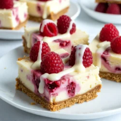 - 1 ½ cups graham cracker crumbs - ½ cup unsalted butter, melted - 2 cups cream cheese, softened - 1 cup granulated sugar - 2 large eggs - 1 teaspoon vanilla extract - 1 cup white chocolate chips, melted - 1 ½ cups fresh raspberries (plus extra for topping) - 1 tablespoon cornstarch Using fresh raspberries in this recipe is key. They add bright flavor and a lovely tartness. When you choose raspberries, look for ones that are plump and firm. They should have a deep red color, indicating ripeness. Avoid any that are mushy or have signs of mold. For the white chocolate, quality matters too. Select a brand with cocoa butter as the main ingredient. This ensures a smooth melt and a rich taste. Avoid white chocolate with vegetable oils, as they can affect the flavor and texture of your bars. These ingredients combine to create a delightful balance of creamy, sweet, and tart flavors. The crust adds a nice crunch, while the cheesecake filling brings all the flavors together. Enjoy the process of selecting the best ingredients to ensure your Raspberry White Chocolate Cheesecake Bars are a hit! {{ingredient_image_1}} To start, prepare the crust using graham cracker crumbs. In a bowl, mix 1 ½ cups of graham cracker crumbs with ½ cup of melted unsalted butter. This mixture should be well combined. Press this mixture firmly into the bottom of your lined 8x8-inch baking pan. Bake this crust for 10 minutes at 350°F. After baking, take it out and let it cool completely. Next, let’s make the cheesecake batter. In a large bowl, beat 2 cups of softened cream cheese using an electric mixer. Mix until it is smooth. Gradually add in 1 cup of granulated sugar while continuing to mix. This should blend well. Now, add 2 large eggs one at a time. Mix well after each egg. Then, stir in 1 teaspoon of vanilla extract and 1 cup of melted white chocolate chips until the batter is smooth. Now it’s time for the raspberries! Toss 1 ½ cups of fresh raspberries with 1 tablespoon of cornstarch in a small bowl. This helps them hold their shape. Gently fold the raspberries into the cheesecake mixture. Be careful not to break them apart. Pour the cheesecake batter over the cooled crust, spreading it evenly. Bake in your preheated oven for 30 to 35 minutes. The edges should set, but the center will still jiggle slightly. This jiggle means it’s perfectly creamy. After baking, allow the cheesecake to cool at room temperature for one hour. Then, refrigerate it for at least three hours until it is fully set. Once set, lift the cheesecake out of the pan using the parchment paper. Cut it into bars and top with extra fresh raspberries for a lovely finish. - Overmixing the batter: Be gentle when mixing your batter. Overmixing can add too much air and make the bars fluffy instead of creamy. Mix until just combined. - Not cooling the crust properly: After baking, let the crust cool completely. If you pour the cheesecake batter onto a hot crust, it can lead to uneven cooking. A cool crust also helps keep the layers separate. - Tips for creamy cheesecake: Start with softened cream cheese. This helps create a smooth batter. Beat it until creamy before adding other ingredients. This avoids lumps and gives you that perfect texture. - Achieving the right consistency with eggs: Add the eggs one at a time. Mix well after each addition. This gives a silky texture to the cheesecake. If you mix too fast, you might add too much air, which is not what we want. Pro Tips Use Room Temperature Cream Cheese: Make sure your cream cheese is at room temperature before mixing to ensure a smooth and creamy texture. Don’t Overmix: When adding the eggs, mix just until incorporated to avoid incorporating too much air, which can cause cracking. Chill Before Serving: Allow the cheesecake bars to set in the refrigerator for at least 3 hours for the best flavor and texture. Garnish Creatively: Top with not just raspberries, but also a drizzle of white chocolate or a sprinkle of crushed graham crackers for added texture and visual appeal. {{image_2}} You can create different flavors with these bars. Try adding chocolate for a rich twist. Just mix in some melted dark chocolate with the white chocolate. This gives a deep flavor and pairs well with raspberries. Another fun idea is to add lemon zest. Just a little can brighten the taste. It adds a fresh, zesty kick that contrasts nicely with the rich cream cheese. If you need a gluten-free option, swap the graham cracker crust. Use gluten-free crumbs instead. You can also try almond flour or oat flour for a tasty base. For those who want a vegan treat, replace the cream cheese. Use a plant-based cream cheese made from nuts or soy. This way, you can enjoy a cheesecake bar without dairy. To keep your raspberry white chocolate cheesecake bars fresh, store them in the fridge. Place the bars in an airtight container. This helps to prevent them from drying out. You can also cover them with plastic wrap for extra protection. If you want to keep the bars for longer, consider freezing them. Cut them into individual pieces. Wrap each piece tightly in plastic wrap, then place them in a freezer bag. This makes it easier to grab one when you need a treat. These cheesecake bars will last about 5 days in the fridge. If you store them in the freezer, they can stay good for about 2 months. Check for spoilage by looking for any off smells or changes in texture. If the bars seem dry or hard, they may not taste good anymore. Always trust your senses! To make these bars easy, follow these simple tips: - Use a food processor for the crust. This saves time and effort. - Prep ingredients ahead. Measure everything before you start. - Line your pan with parchment paper. This helps with easy removal. - Don’t rush the cooling. Let the crust cool fully before adding the filling. - Use a mixer for the cheesecake batter. It helps blend everything smoothly. Yes, you can use frozen raspberries! They work well if fresh ones are not available. Here’s how: - Thaw the raspberries first. Drain any excess liquid. - Toss them with cornstarch just like fresh raspberries. This helps prevent sogginess. - Fold them gently into the batter. This keeps them intact and adds nice bursts of flavor. Pair these bars with tasty sides for a delightful treat. Here are some ideas: - Serve with whipped cream for a rich, creamy touch. - Add a scoop of vanilla ice cream for extra sweetness. - Pair with a fresh fruit salad for a refreshing contrast. - Drizzle with melted white chocolate for a fancy look. These ideas make your dessert even more special and enjoyable! In this blog post, we learned how to make raspberry white chocolate cheesecake bars. We covered ingredients, from fresh raspberries to quality white chocolate. I shared step-by-step prep and baking tips to help you succeed. We discussed common mistakes to avoid and variations to excite your taste buds. Remember, proper storage is key to keeping your bars fresh. With these tips, you can create a delicious treat that impresses everyone. Enjoy making these cheesecake bars, and get ready to share them with friends and family!